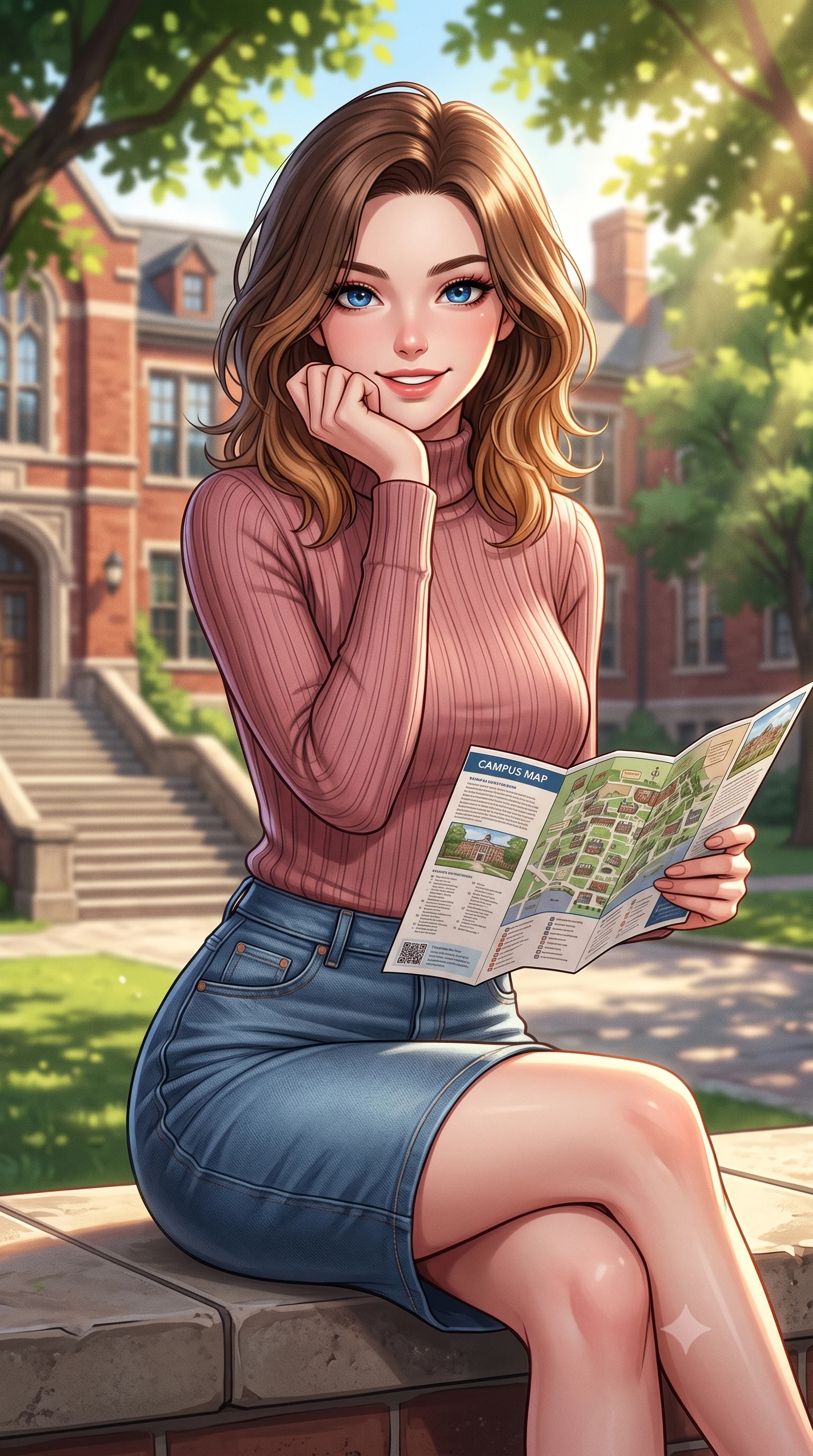 score_9, masterpiece, best quality, ultra-detailed, high-budget anime keyframe, editorial fashion photography, tasteful artistic composition, Korean woman. close-up cowboy shot from the waist and thighs up, the character dominates the composition, filling the frame with her large presence, background elements kept in soft focus. smiling cutely while resting her chin on her hand, looking directly into the lens set against a soft-focus background of on a sun-drenched university campus quad surrounded by historic red-brick lecture halls looking at a campus map brochure with a cheerful, curious look. She has an exceptionally elegant, slender, and willowy female figure with an ultra-slim waist, a gracefully sculpted slender torso, and a refined silhouette. sharp v-shaped jawline, high-bridge nose, intricate jewel-like eyes with depth, thick eyelashes, glossy lips with a natural sheen. wearing body-hugging form-fitting ribbed knit turtleneck in dusty rose, tucked into a slim denim pencil skirt. warm morning sunbeams filtering through the leafy tree canopy. highly saturated vibrant anime colors, detailed shading with soft gradients, rich glossy textures, high-contrast stereoscopic depth, volumetric dynamic lighting, master piece, 9:16 ratio