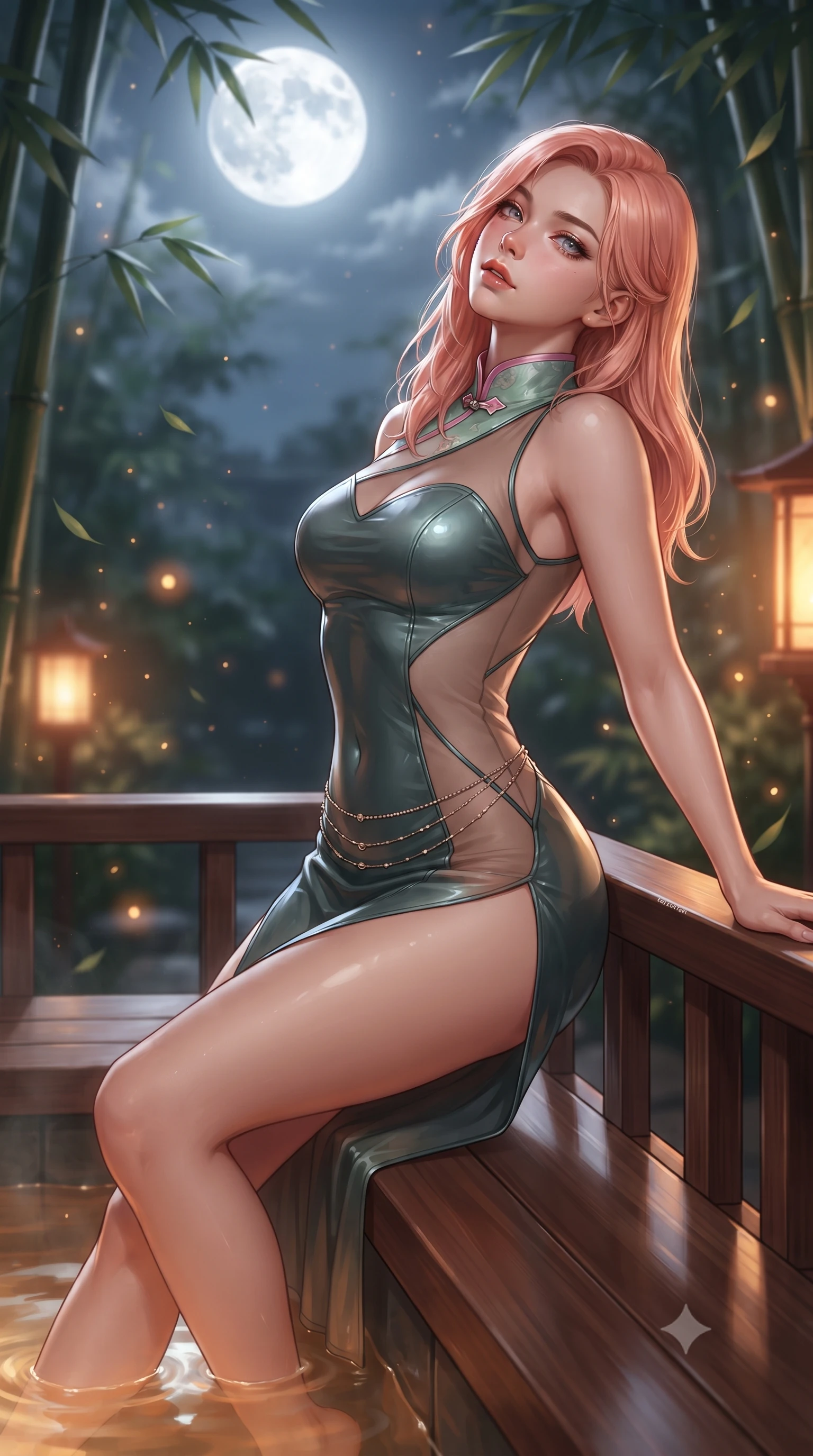 score_9, masterpiece, best quality, ultra-detailed, high-budget anime keyframe, editorial fashion photography, tasteful artistic composition, Japanese woman. close-up cowboy shot from the waist and thighs up, the character dominates the composition, filling the frame with her large presence. leaning forward against the polished railing with her hips cocked back, creating an intoxicating curve from her narrow waist to sculpted hips as she gazes back into the lens while reclining on the cedar bench with legs extended toward the warm water, head tilted back toward the full moon with smoldering bedroom-eyes. The composition keeps background elements in soft focus with creamy bokeh. drifting bamboo leaves and glowing lantern light rays scattering soft luminous light motes. She has an exceptionally elegant, slender, and willowy female figure with an ultra-slim waist, a gracefully sculpted slender torso, toned flat midriff, and rounded feminine hips creating an alluring hourglass silhouette. sharp v-shaped jawline, high-bridge nose, intricate jewel-like eyes with depth, thick eyelashes, glossy parted lips with a natural sheen, intensely captivating and seductive bedroom-eyes expression, flawlessly proportioned anatomical accuracy, strict slender model proportions, natural body alignment, perfectly sculpted long slender limbs, ultra-slim waistline, clean dynamic posture without body distortion. wearing a wet-look silk fusion wrap dress with asymmetrical sheer mesh cutouts and high Mandarin collar in lotus petal pink and jade mist, crafted from supple second-skin lambskin leather with specular wet sheen, complemented by a delicate metallic hip chain catching the pool caustics, the precision-cut side openings and low-back scoop framing her graceful spine and the sensual sweep of her hips. bathed in cool silver full-moon light streaming through the bamboo canopy and warm amber lantern downlights. ultra-reflective glossy finish, specular highlights, rich textural contrasts, high-contrast stereoscopic depth, volumetric dynamic lighting, 2k, ultra detail, master piece, 9:16 ratio