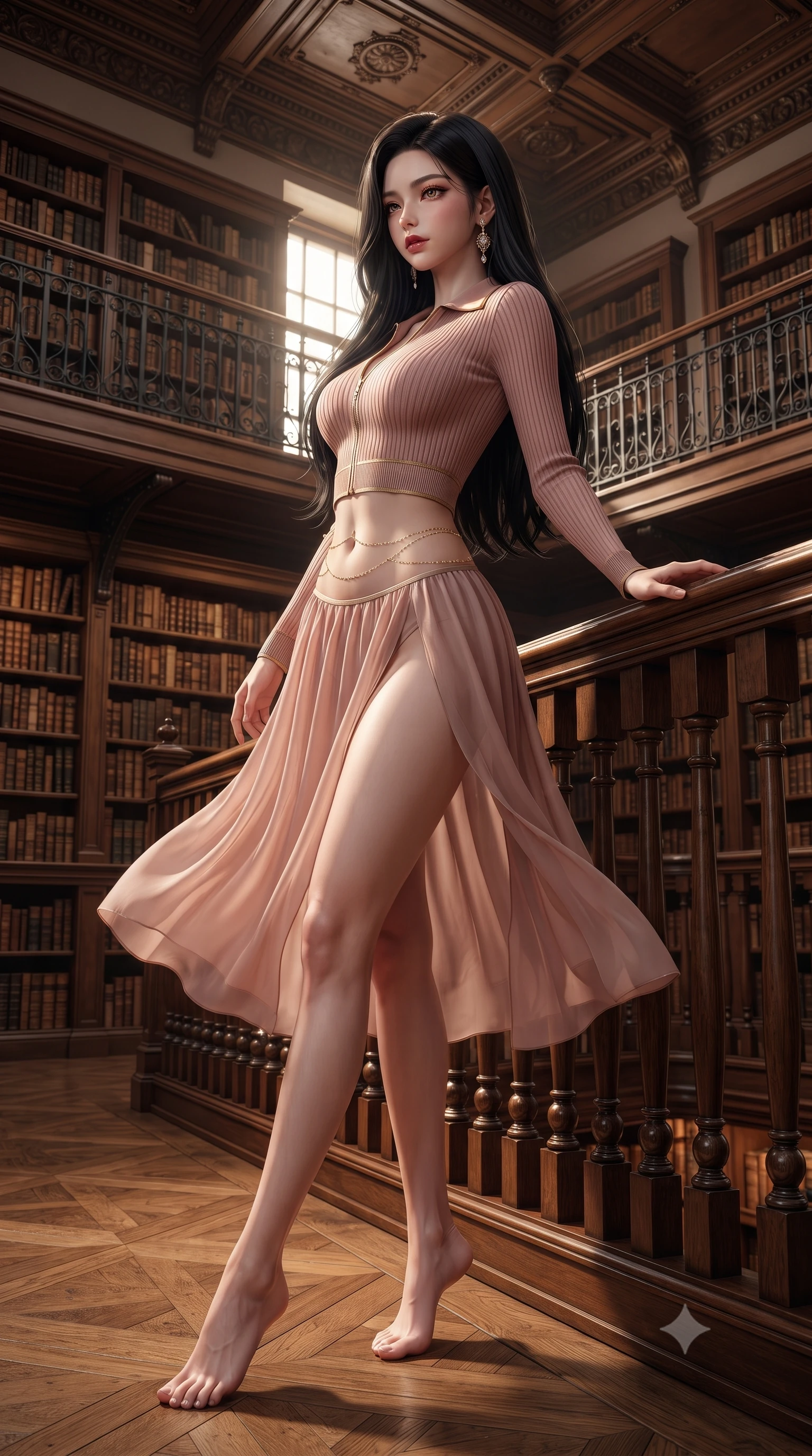 score_9, masterpiece, best quality, ultra-detailed, high-budget anime keyframe, editorial fashion photography, tasteful artistic composition, Korean woman. low angle full-body shot from head to toe showing her feet, filling the entire 9:16 vertical frame with her statuesque presence, stretching her vertical silhouette. executing a slow, graceful pivot turn as her skirt sways around her slender legs, glancing back with an enchanting, teasing sensual expression while leaning against the balcony railing with hips cocked back, looking over her shoulder with an intoxicating bedroom-gaze. The surrounding environment is rendered in vivid detail and crisp panoramic clarity: detailed silk satin weave, crystal earrings glinting, and historic library interior craftsmanship in razor-sharp resolution. She has an absolutely perfect, statuesque 8.5-heads proportion, an exceptionally tall and slender model-like female figure with impossibly long slender legs, an ultra-slim waist, a flat toned midriff, narrow delicate ribcage, and beautifully sculpted feminine hips creating a graceful, slim hourglass silhouette without any bulky heaviness. sharp v-shaped jawline, high-bridge nose, sparkling eyes with hypnotic seductive depth, thick curled eyelashes, glossy parted lips with a natural dewy peach sheen, alluring bedroom-eyes with an enchanting coquettish smile, exuding magnetic siren charisma and sophisticated glamour, flawlessly proportioned anatomical accuracy, strict slender model proportions, natural body alignment, perfectly sculpted long slender limbs, ultra-slim waistline, clean dynamic posture without body distortion. wearing a retro-chic ribbed knit polo bodysuit with a plunging front zipper and high-cut leg openings in dusky blush rose and antique gold trims, made of sheer gossamer chiffon that drapes softly against skin with airy translucence, finished with a dainty gold belly chain resting across her flat midriff and curving hips, the form-contouring silhouette accentuating her sculpted flat midriff, narrow delicate ribcage, and gracefully curvy hips with intoxicating allure. illuminated by book shelf shadow gradients and sharp warm-gold rim lights sculpting her jawline, ultra-slim waist, and curvy hips. ultra-reflective glossy finish, specular highlights, rich textural contrasts, high-contrast stereoscopic depth, volumetric dynamic lighting, 2k, ultra detail, master piece, 9:16 ratio