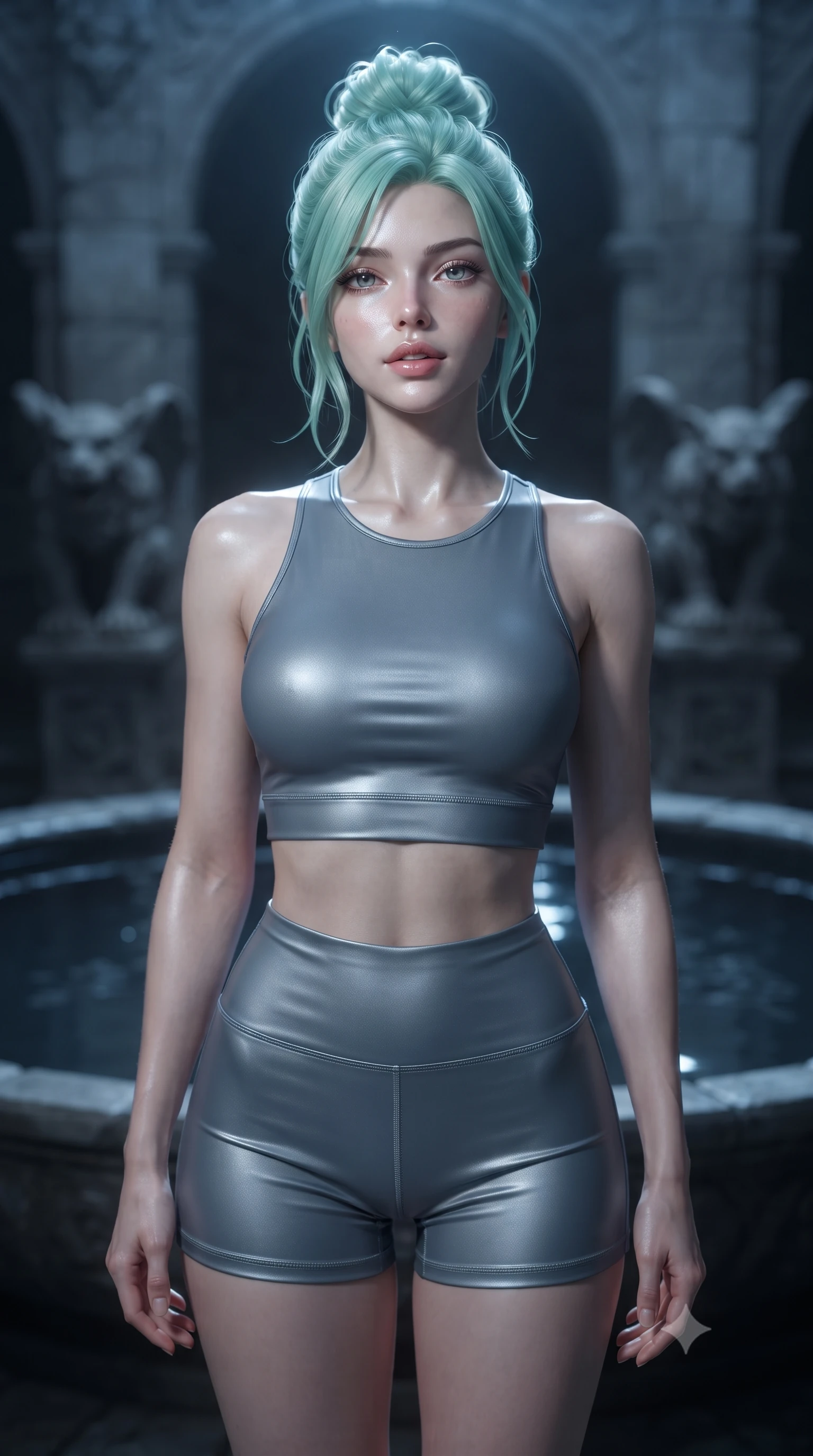 score_9, masterpiece, best quality, ultra-detailed, high-budget anime keyframe, editorial fashion photography, tasteful artistic composition, Japanese woman. close-up cowboy shot from the waist and thighs up, the character dominates the composition, filling the frame with her large presence, background elements kept in soft focus. tilting her chin up slightly with lips parted in a composed, provocative expression the background shows a soft-focus a secluded courtyard with carved gargoyles and a dark mirror water basin. She has an exceptionally elegant, slender, and willowy female figure with an ultra-slim waist, a gracefully sculpted slender torso, and a refined silhouette. sharp v-shaped jawline, high-bridge nose, intricate jewel-like eyes with depth, thick eyelashes, glossy lips with a natural sheen. wearing a tailored body-hugging athletic crop top and high-waisted shorts set in slate grey. cool silver moonbeams reflecting off the water surface onto her face. ultra-reflective glossy finish, specular highlights, metallic sheen, high-contrast stereoscopic depth, volumetric dynamic lighting, 2k, ultra detail, master piece, 9:16 ratio