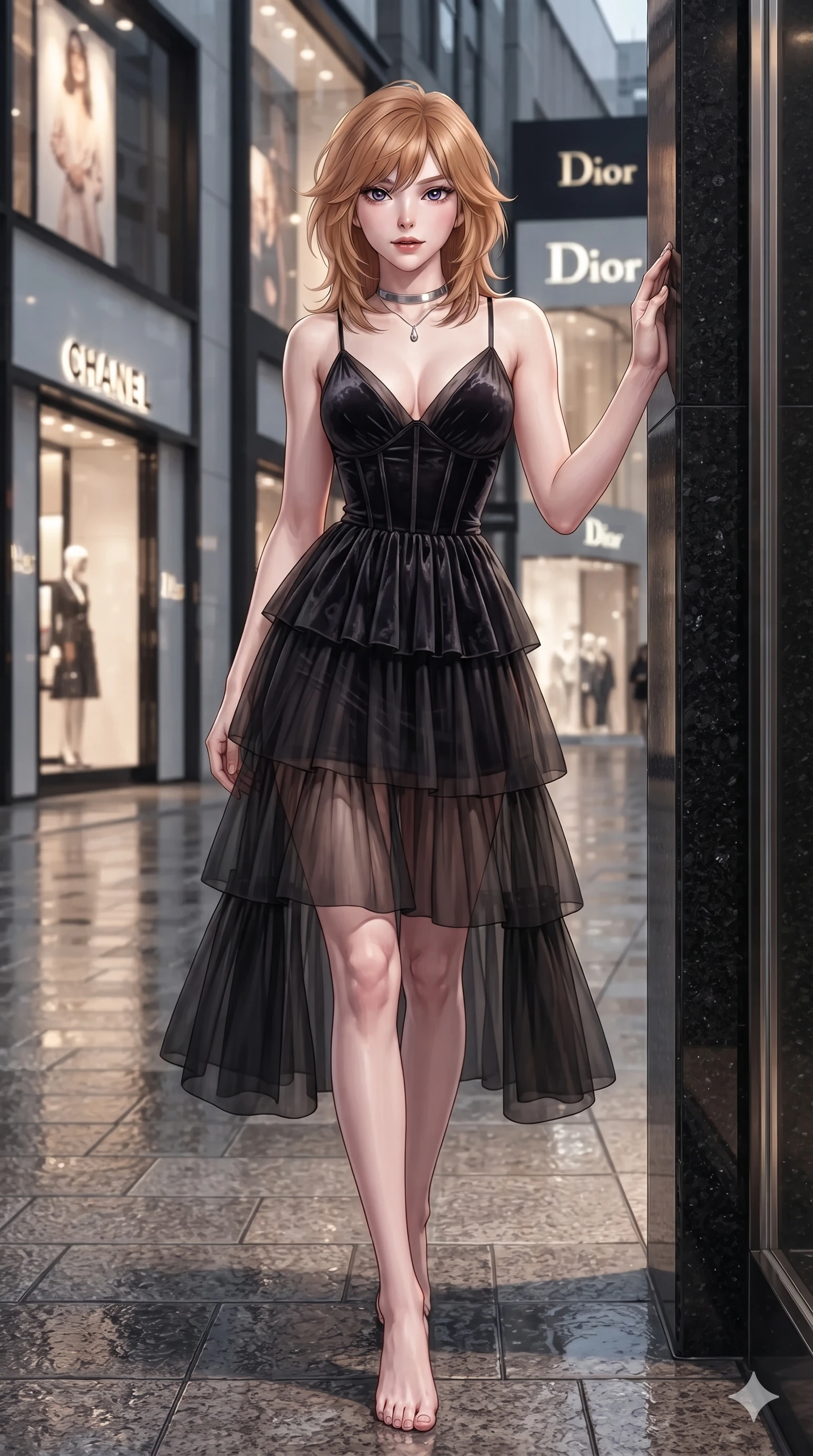 score_9, masterpiece, best quality, ultra-detailed, high-budget anime keyframe, editorial fashion photography, tasteful artistic composition, Korean woman. low angle full-body shot from head to toe showing her feet, filling the entire 9:16 vertical frame with her statuesque presence, stretching her vertical silhouette. stepping slowly toward the camera with hypnotic grace, hips swaying in an alluring sensual rhythm that accentuates her curvy hourglass silhouette and long slender legs while leaning gracefully against the black granite boutique portal, looking through thick eyelashes with intoxicating, heavy-lidded bedroom-eyes. The background shows a soft-focus exclusive Ginza shopping district softened in luxury storefront shallow focus. She has an exceptionally tall and slender model-like 8.5-heads proportion, an ultra-slim waist, a flat toned midriff, narrow delicate ribcage, and beautifully sculpted feminine hips creating a graceful, slim hourglass silhouette without any bulky heaviness, with impossibly long slender legs. sharp v-shaped jawline, high-bridge nose, intricate jewel-like dark sparkling eyes with dangerous depth, thick curled eyelashes, glossy parted lips with a rich wine sheen, smoldering seductive half-smile with bedroom-eyes, exuding effortless superiority and intoxicating dark allure, flawlessly proportioned anatomical accuracy, strict slender model proportions, natural body alignment, perfectly sculpted long slender limbs, ultra-slim waistline, clean dynamic posture without body distortion. wearing a tiered semi-sheer black tulle and silk slip dress with an ultra-slim corseted waist and bare shoulders in metallic liquid silver and pitch black, tailored from crushed dark velvet with deep light-absorbing plush texture, finished with a minimalist chrome choker and a single teardrop pendant, the precision-cut side openings and low-back scoop framing her graceful spine and the sensual sweep of her slim, toned hips. illuminated by polished stone walkway bounce and sharp platinum-gold rim lights sculpting her razor-sharp jawline, narrow waist, and curvy hips. ultra-reflective glossy finish, specular highlights, rich textural contrasts, high-contrast stereoscopic depth, volumetric dynamic lighting, 2k, ultra detail, master piece, 9:16 ratio