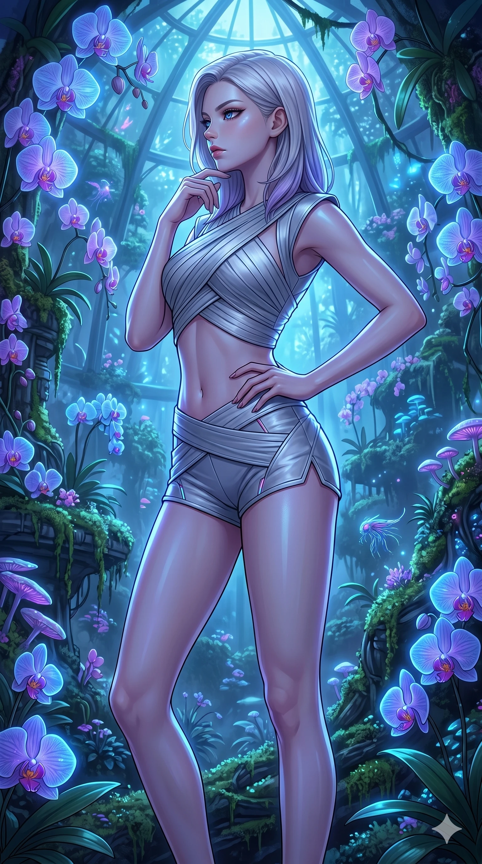 score_9, masterpiece, best quality, ultra-detailed, high-budget anime keyframe, editorial fashion photography, tasteful artistic composition, Caucasian woman, strictly human ears. cowboy shot from the thighs up, character and outfit filling the frame for maximum editorial presence. turning her face in a sharp profile, her expression cool, confident in a bioluminescent rainforest dome where orchid petals glow softly (Code-P18-105). She has an absolutely perfect 8-heads proportion, an exceptionally tall and slender female figure with impossibly long slender legs and an ultra-slim waist. V-shaped jawline, high-bridge nose, intricate jewel-like eyes with depth, thick eyelashes, glossy lips with a natural sheen. wearing a wrap top exposing her bare midriff and matching micro-shorts. cool blue and violet neon light, highlighting the sleek contours of her athletic figure. 2k, ultra detail, master piece, 9:16 ratio