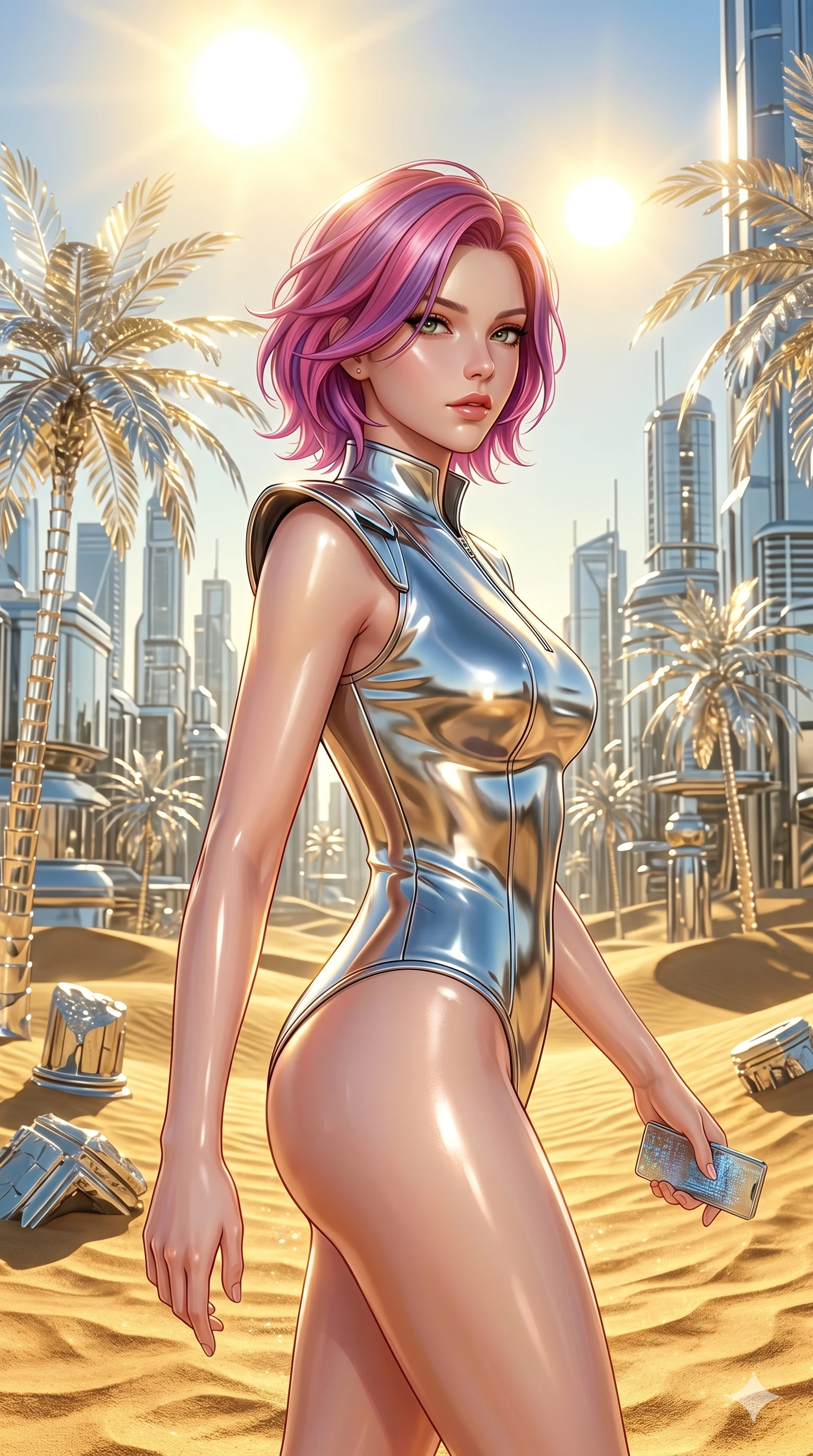 score_9, masterpiece, best quality, ultra-detailed, high-budget anime keyframe, semi-realistic 3D game render, Caucasian woman, strictly human ears. Upper body close-up from the thighs up, character filling the screen for maximum presence. She is walking through a futuristic sand dune oasis under twin suns, with digital glass palms reflecting gold. She turns her upper body with a captivating, mysterious expression. She has an absolutely perfect 8-heads proportion, a tall and elegant figure with a refined silhouette and a defined waistline. V-shaped jawline, high-bridge nose, intricate jewel-like eyes with depth, thick eyelashes, glossy lips with a natural sheen. She is wearing a sleek tailored top in liquid-chrome finish that complements her silhouette, styled with sophisticated architectural shoulder accents and a modern zip collar. The scene is bathed in intense, bright golden desert sun and sharp specular highlights on her smooth skin. 2k, ultra detail, master piece, 9:16 ratio