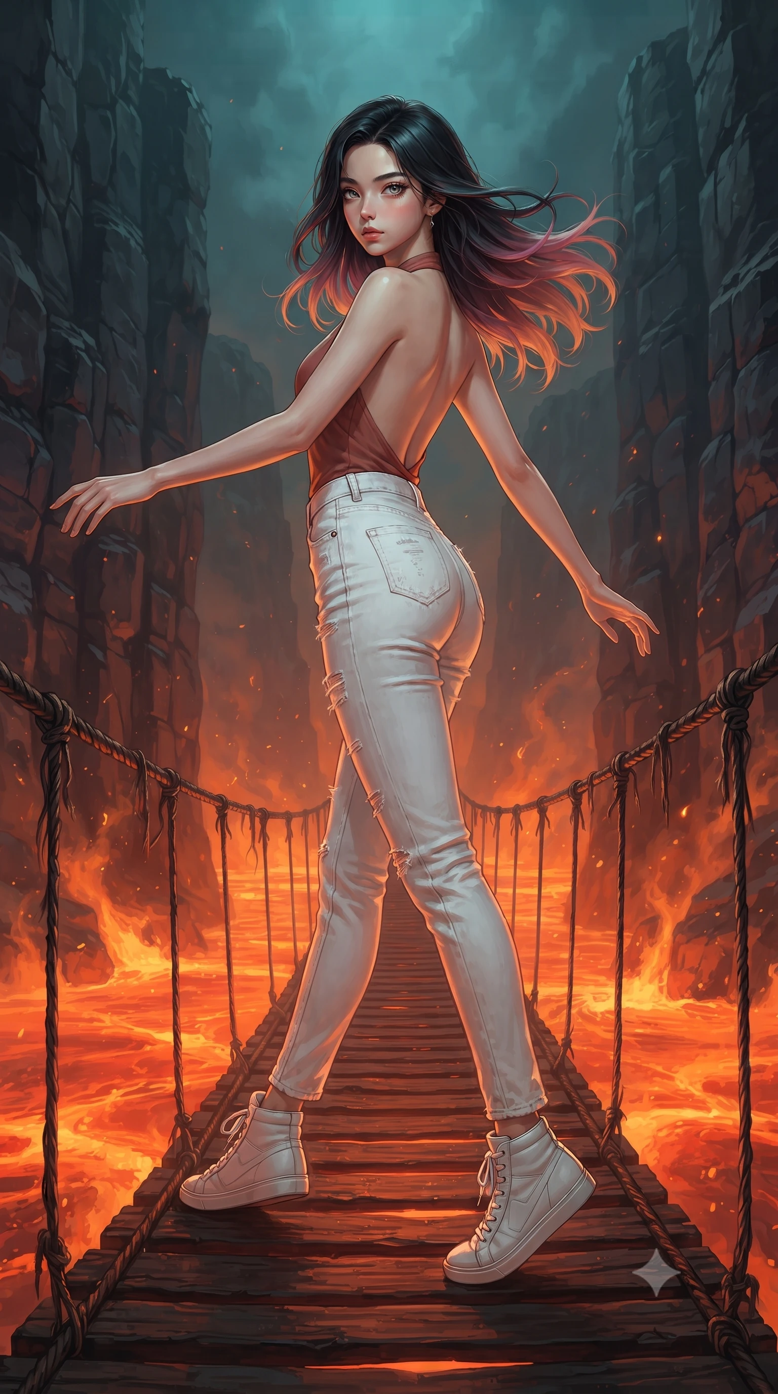 score_9, masterpiece, best quality, ultra-detailed, high-budget anime keyframe, editorial fashion photography, tasteful artistic composition, Korean woman. low angle full-body shot from head to toe showing her feet, filling the entire 9:16 vertical frame with her statuesque presence, stretching her vertical silhouette. navigating with fluid motion through crossing a narrow swaying suspension bridge over a river of glowing orange-red lava with heat distortion rising in waves basalt cliffs on either side and the molten rock flowing sluggishly below like a river of fire. She has a statuesque 8.5-heads proportion, an exceptionally tall, slender and willowy model-like build with impossibly long legs and a highly sculpted ultra-slim waist. sharp v-shaped jawline, high-bridge nose, intricate jewel-like eyes with depth, thick eyelashes, glossy lips with a natural sheen. wearing a backless halter-neck top in muted terracotta, paired with high-waisted white denim trousers. warm amber rim lighting combined with cool teal fill light creating dramatic contrast. 2k, ultra detail, master piece, 9:16 ratio