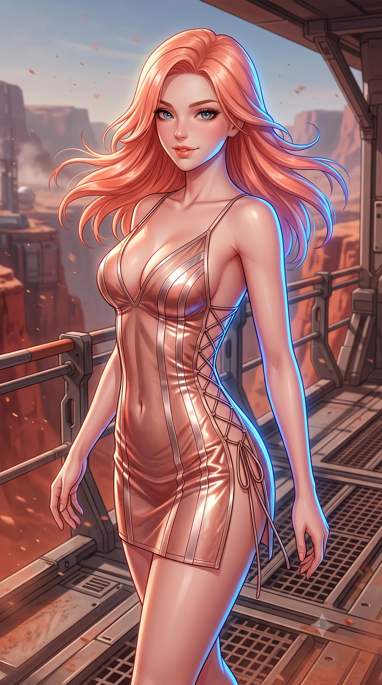 score_9, masterpiece, best quality, ultra-detailed, high-budget anime keyframe, semi-realistic 3D game render, editorial fashion photography, tasteful artistic composition, Japanese woman. close-up cowboy shot from the waist and thighs up, the character dominates the composition, filling the frame with her large presence. turning slowly with an enchanting smoldering smile, her glossy hair tossing in the breeze as her hips angle gracefully in a captivating contrapposto while standing poised on the reinforced blast terrace jutting over the colossal red chasms of Valles Marineris, arching her back with breathtaking anime heroine charisma. The background shows a soft-focus fine Martian regolith dust motes softened in planetary canyon outpost shallow focus. She has an exceptionally elegant, slender, and willowy female figure with an ultra-slim waist, flat toned midriff, narrow ribcage, and sculpted feminine hips creating an alluring, slim hourglass silhouette without bulk. sharp v-shaped jawline, high-bridge nose, intricate jewel-like sparkling eyes with depth, thick eyelashes, glossy parted lips with a natural peach sheen, bright cheerful beaming smile with an enchanting and coquettish sensual glint, exuding both youthful cute charm and seductive allure, flawlessly proportioned anatomical accuracy, strict slender model proportions, natural body alignment, perfectly sculpted long slender limbs, ultra-slim waistline, clean dynamic posture without body distortion. wearing a plunge-front sheer illusion tulle combat slip dress with liquid platinum ribbon stripes hugging her curves in high-gloss rose-gold and burnished copper, crafted from stretch micro-mesh with liquid foil coating that shimmers with every movement, featuring fine criss-cross lace-up side ties revealing tantalizing glimpses of her hip curve, the form-contouring silhouette accentuating her sculpted flat midriff, narrow delicate ribcage, and gracefully curvy hips with intoxicating allure. illuminated by red sand reflection bounce and sharp cobalt-blue laser rim lights sculpting her jawline, narrow waist, and curvy hips. highly saturated vibrant anime colors, detailed shading with soft gradients, rich glossy textures, high-contrast stereoscopic depth, volumetric dynamic lighting, master piece, 9:16 ratio