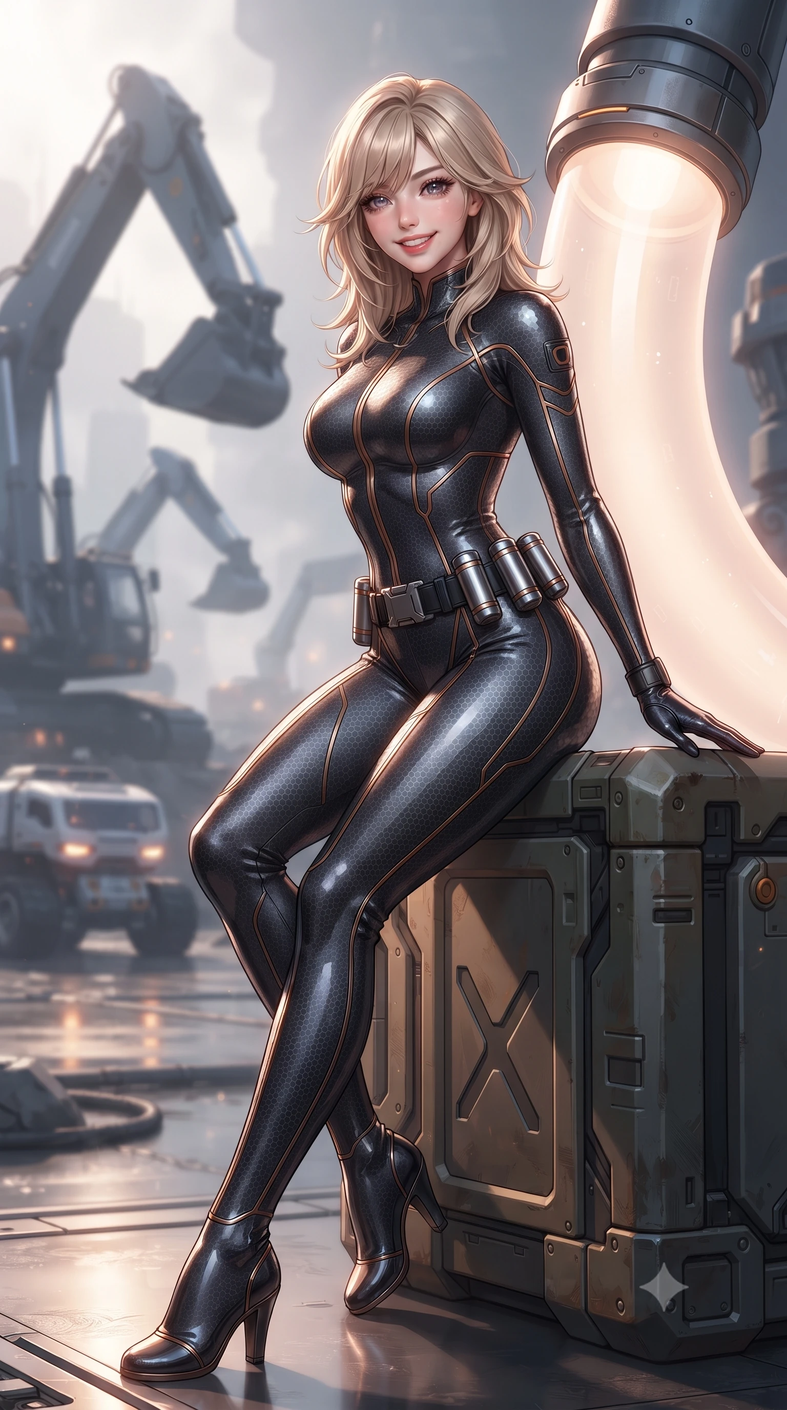 score_9, masterpiece, best quality, ultra-detailed, high-budget anime keyframe, editorial fashion photography, tasteful artistic composition, Japanese woman. low angle full-body shot from head to toe showing her feet, filling the entire 9:16 vertical frame with her statuesque presence, stretching her vertical silhouette. leaning deep against the glowing energy conduit with hips cocked back in an unapologetically alluring high-fashion stance, flashing a warm beaming smile while sitting perched on an equipment crate propped on one hand, her tight environmental suit radiating magnetic, adventurous charm. The background shows a soft-focus towering robotic excavator arms and automated transport rovers softened in off-world mining shallow focus. She has an absolutely perfect, statuesque 8.5-heads proportion, an exceptionally tall and slender model-like female figure with impossibly long slender legs, an ultra-slim waist, a flat toned midriff, narrow delicate ribcage, and beautifully sculpted feminine hips creating a graceful, slim hourglass silhouette without any bulky heaviness. sharp v-shaped jawline, high-bridge nose, intricate jewel-like sparkling eyes with depth, thick eyelashes, glossy parted lips with a natural sheen, bright confident smile with an enchanting and coquettish sensual glint, exuding both youthful magnetic charm and sovereign high-tech allure, flawlessly proportioned anatomical accuracy, strict slender model proportions, natural body alignment, perfectly sculpted long slender limbs, ultra-slim waistline, clean dynamic posture without body distortion. wearing an aerodynamic second-skin combat bodysuit with hexagonal carbon weave and glowing circuit seam piping in burnished bronze alloy and smoked glass black, formed from supple thermal silicone composite adhering seamlessly like a second skin, accented with a sleek utility belt with polished magnetic canisters resting loosely on her curvy hips, the liquid-tight tailored fabric clinging flawlessly to her narrow waist and rounded feminine hips, emphasizing every millimeter of her sculpted slim hourglass curves without any bulky heaviness. illuminated by ground reflections and sharp platinum rim lights defining her slim torso, narrow waist, and curvy hips. ultra-reflective glossy finish, specular highlights, rich textural contrasts, high-contrast stereoscopic depth, volumetric dynamic lighting, 2k, ultra detail, master piece, 9:16 ratio