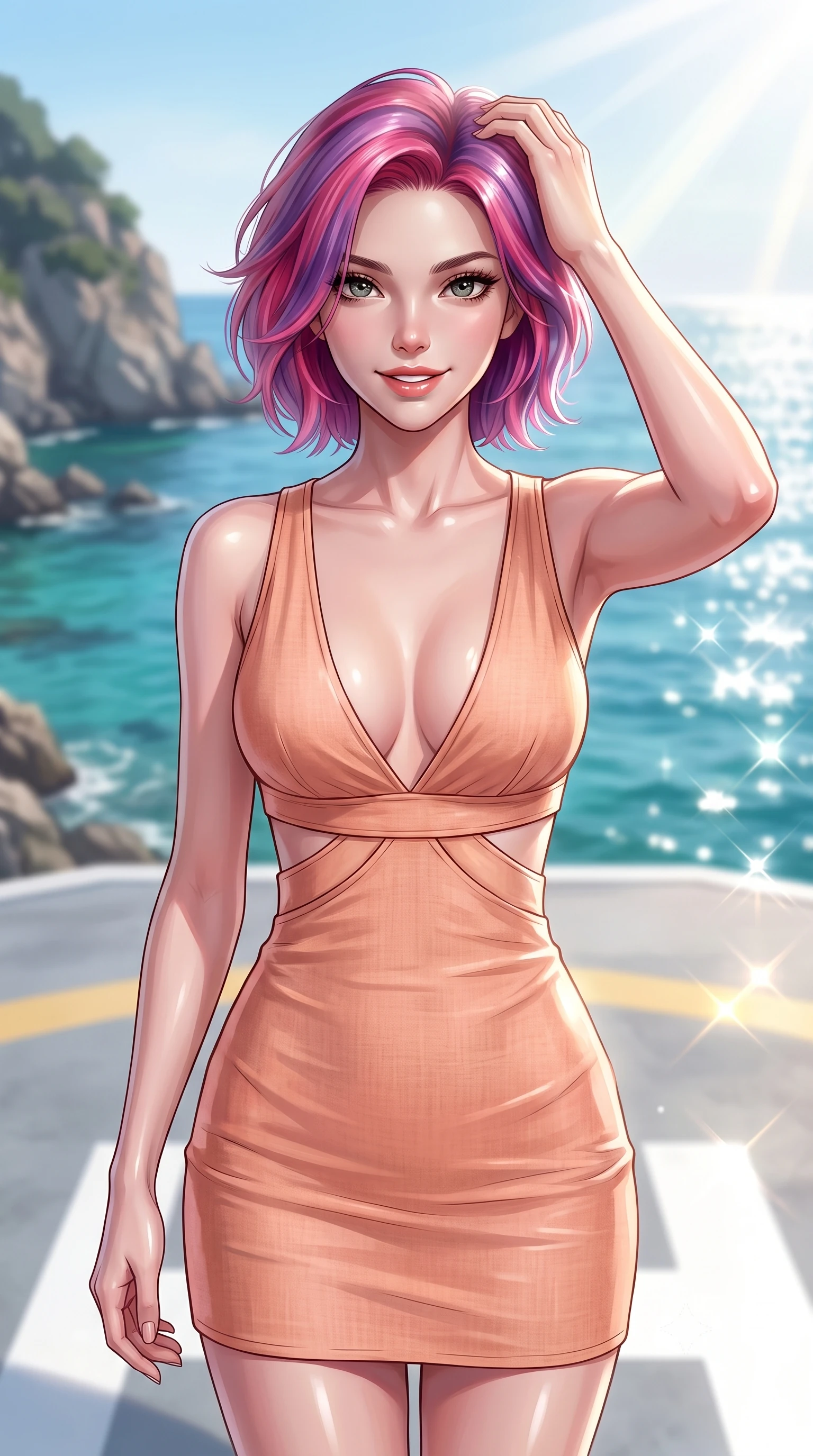 score_9, masterpiece, best quality, ultra-detailed, high-budget anime keyframe, editorial fashion photography, tasteful artistic composition, Caucasian woman. close-up cowboy shot from the waist and thighs up, the character dominates the composition, filling the frame with her large presence, background elements kept in soft focus. smiling with quiet, magnetic self-assurance directly into the camera, running a hand through her hair the background shows a soft-focus a quiet coastal helipad deck overlooking a rocky bay with turquoise water. She has an exceptionally elegant, slender, and willowy female figure with an ultra-slim waist, a gracefully sculpted slender torso, and a refined silhouette. sharp v-shaped jawline, high-bridge nose, intricate jewel-like eyes with depth, thick eyelashes, glossy lips with a natural sheen. wearing a body-hugging summer sundress with double waist cutouts and a plunging neckline in peach linen. bright morning sun rays creating sparkling glints on the sea and the deck. ultra-reflective glossy finish, specular highlights, metallic sheen, high-contrast stereoscopic depth, volumetric dynamic lighting, 2k, ultra detail, master piece, 9:16 ratio