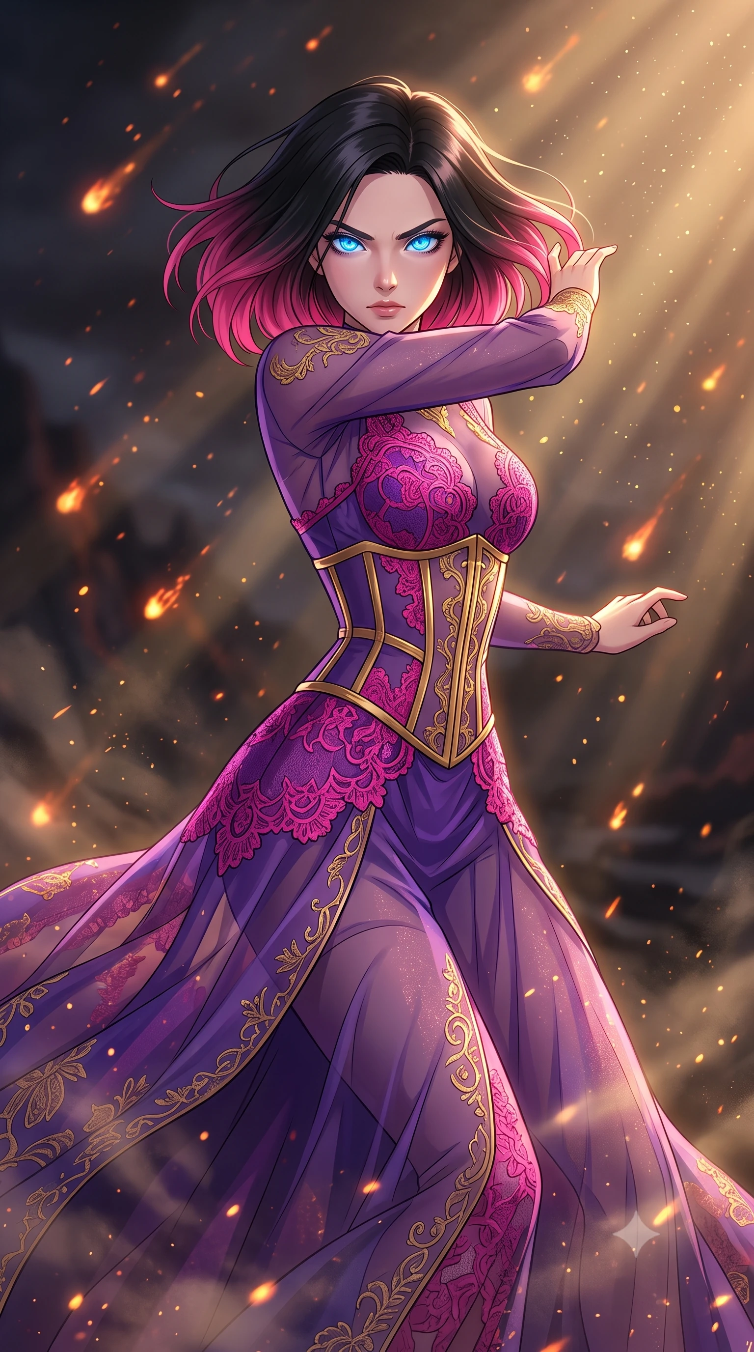 score_9, masterpiece, best quality, ultra-detailed, high-budget anime keyframe, clean line-art, cel-shading, Korean woman. close-up cowboy shot from the waist and thighs up, the character dominates the composition, filling the frame with her large presence, background elements kept in soft focus. Bracing against a heavy gust of wind, her expression resolute and eyes blazing with power. set against a soft-focus background of a dark volcanic ash field, with glowing volcanic embers raining down like a slow-motion meteor shower. She has an exceptionally elegant and slender, willowy female figure with an ultra-slim waist, a gracefully sculpted slender torso, and a refined slim physique. sharp v-shaped jawline, high-bridge nose, intricate jewel-like eyes with depth, thick eyelashes, glossy lips with a natural sheen. wearing catching and diffusing the glowing particles, shimmering softly in response to the surrounding light, a slim-fit floor-length sheer gown in royal purple, featuring strategic fuchsia lace placement and a structured gold corset. golden hour sunlight streaming in warm shafts with floating dust particles catching the light. highly saturated vibrant anime colors, intense vivid color palette, volumetric dynamic lighting, 2k, ultra detail, master piece, 9:16 ratio