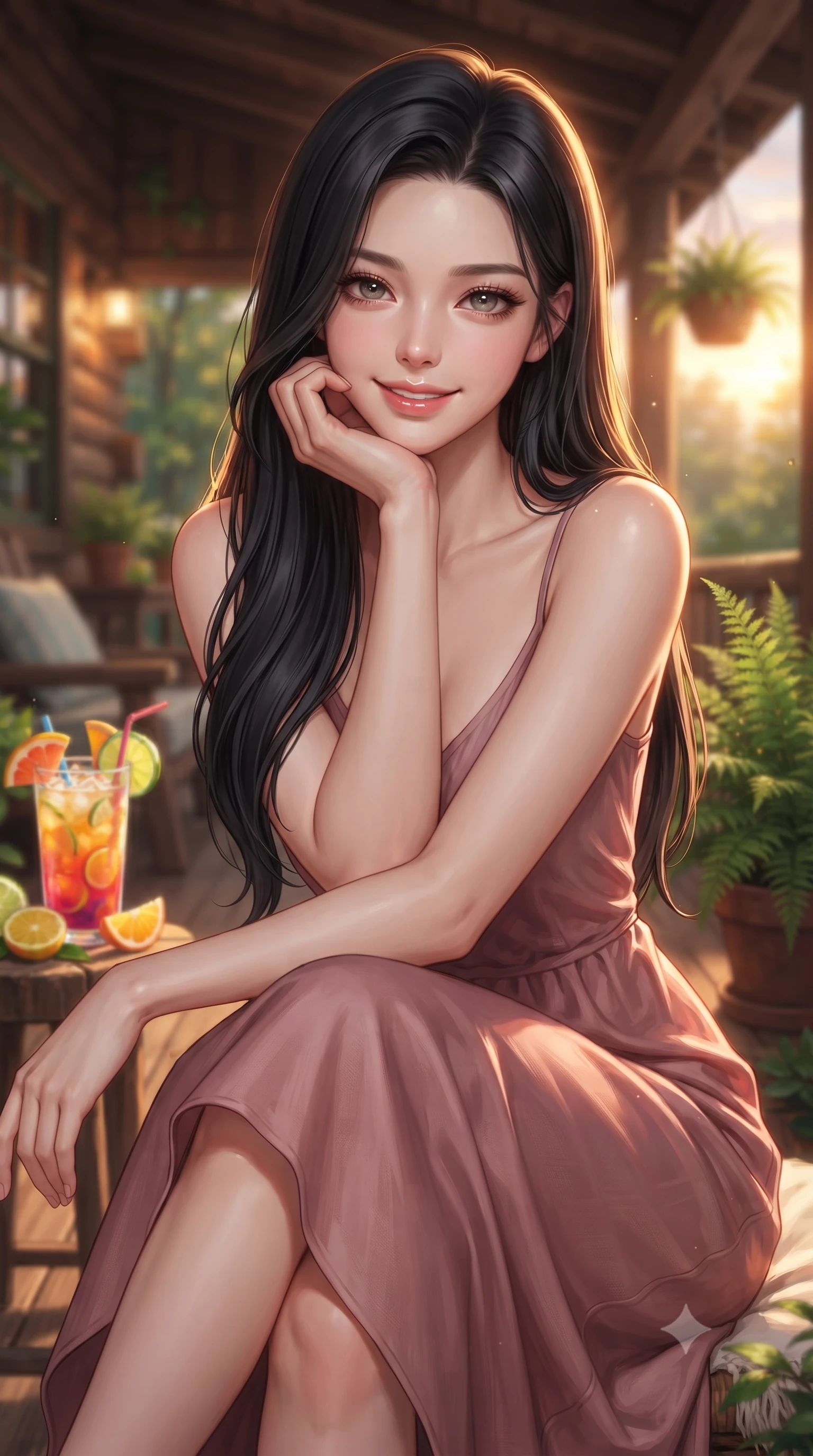 score_9, masterpiece, best quality, ultra-detailed, high-budget anime keyframe, editorial fashion photography, tasteful artistic composition, Korean woman. close-up cowboy shot from the waist and thighs up, the character dominates the composition, filling the frame with her large presence, background elements kept in soft focus. smiling cutely while resting her chin on her hand, looking directly into the lens set against a soft-focus background of on a rustic wooden veranda of a cozy forest lodge surrounded by greenery with a colorful tropical juice drink and fresh fruit slices on a side table. She has an exceptionally elegant, slender, and willowy female figure with an ultra-slim waist, a gracefully sculpted slender torso, and a refined silhouette. sharp v-shaped jawline, high-bridge nose, intricate jewel-like eyes with depth, thick eyelashes, glossy lips with a natural sheen. wearing slim-fit flowy linen sundress in dusty rose, draped softly and comfortably. bright golden hour sunset tracing her silhouette with a warm glowing rim light. highly saturated vibrant anime colors, detailed shading with soft gradients, rich glossy textures, high-contrast stereoscopic depth, volumetric dynamic lighting, master piece, 9:16 ratio