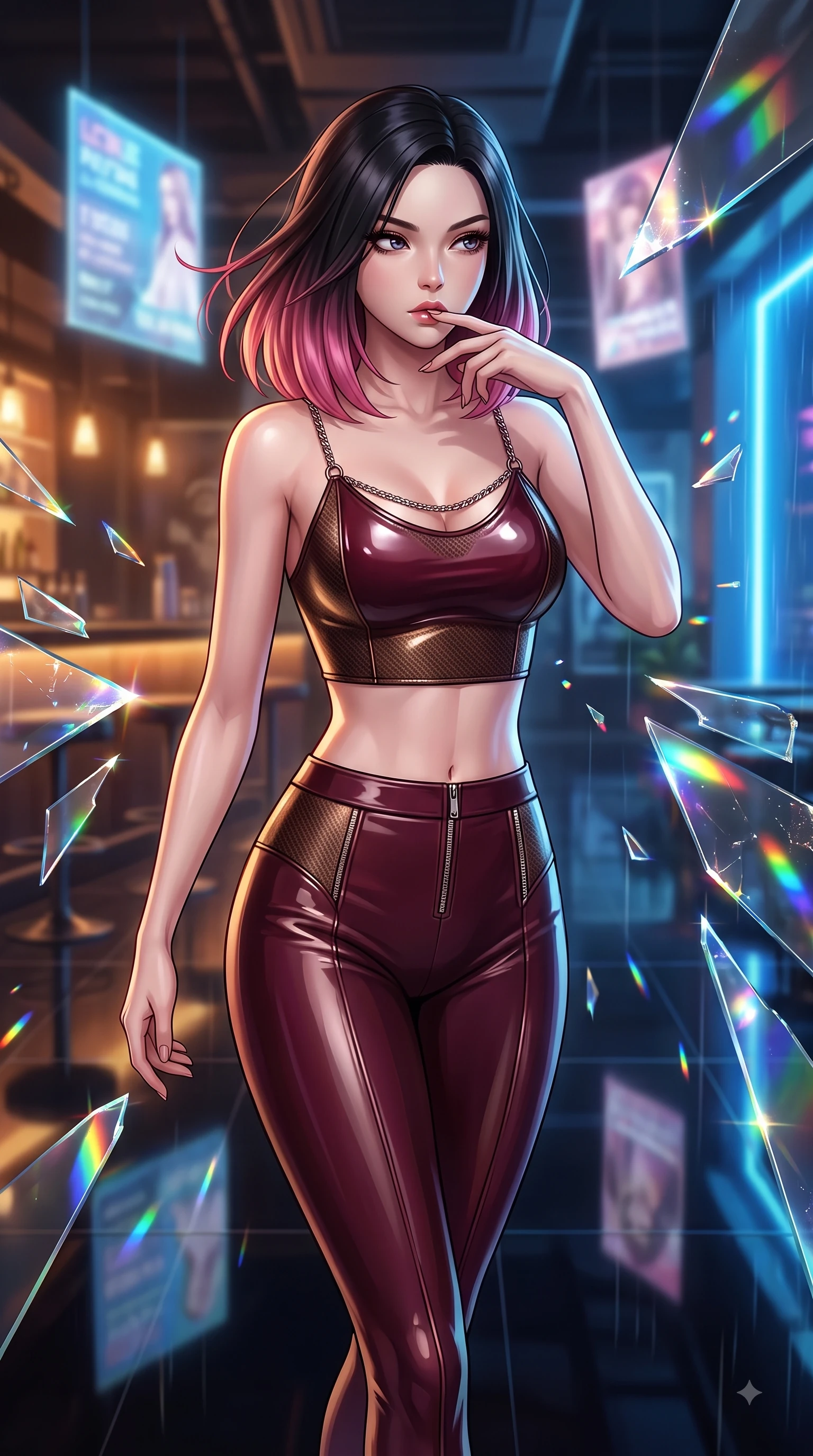 score_9, masterpiece, best quality, ultra-detailed, high-budget anime keyframe, editorial fashion photography, tasteful artistic composition, Korean woman. close-up cowboy shot from the waist and thighs up, the character dominates the composition, filling the frame with her large presence, background elements kept in soft focus. Resting two fingers near her glossy lips, casting a sharp mysterious side-gaze during her dynamic motion while stepping across a polished obsidian floor reflecting holographic billboards in mid-air, shattered mirror bar fragments scattering brilliant rainbow specular highlights. She has an exceptionally elegant, slender, and willowy female figure with an ultra-slim waist, a gracefully sculpted slender torso, and a refined silhouette. sharp v-shaped jawline, high-bridge nose, intricate jewel-like eyes with depth, thick eyelashes, glossy lips with a natural sheen, flawlessly proportioned anatomical accuracy, natural body alignment, perfectly sculpted elegant limbs, clean dynamic posture without body distortion. wearing a glossy vinyl crop top and high-waist tailored leggings with sleek zippers in deep burgundy and bronze, made of fine carbon-fiber weave and soft matte leather, adorned with delicate metallic chain straps along the neckline, the glove-like fit emphasizing her statuesque silhouette during motion. illuminated by warm indoor bar amber light and cool rainy blue neon rim light. highly saturated vibrant anime colors, detailed shading with soft gradients, rich glossy textures, high-contrast stereoscopic depth, volumetric dynamic lighting, master piece, 9:16 ratio
