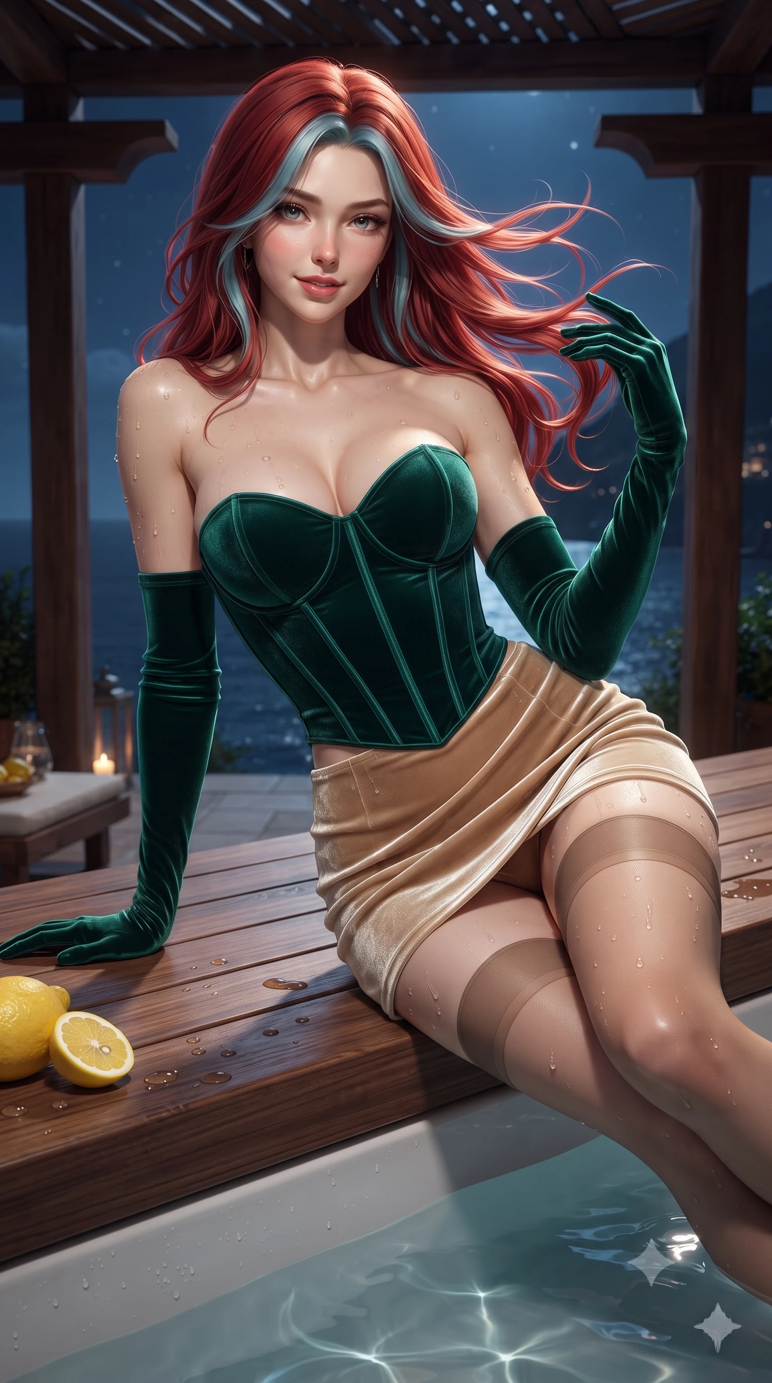score_9, masterpiece, best quality, ultra-detailed, high-budget anime keyframe, editorial fashion photography, tasteful artistic composition, Caucasian woman. close-up cowboy shot from the waist and thighs up, the character dominates the composition, filling the frame with her large presence. turning slowly with an enchanting smoldering smile, her glossy hair tossing in the breeze as her hips angle gracefully in a captivating contrapposto while lounging on the wide teak spa ledge propped on one elbow, her statuesque 8.5-heads silhouette commanding the moonlit Capri shoreline. The surrounding environment is rendered in vivid detail and crisp panoramic clarity: sharp rustic chestnut pergola wood grain, glossy yellow lemon rinds, and glistening water droplets on toned skin in deep focus. She has an exceptionally elegant, slender, and willowy female figure with an ultra-slim waist, flat toned midriff, narrow ribcage, and sculpted feminine hips creating an alluring, slim hourglass silhouette without bulk. sharp v-shaped jawline, high-bridge nose, sparkling eyes with hypnotic seductive depth, thick curled eyelashes, glossy parted lips with a natural dewy peach sheen, alluring bedroom-eyes with an enchanting coquettish smile, exuding magnetic siren charisma and sophisticated glamour, flawlessly proportioned anatomical accuracy, strict slender model proportions, natural body alignment, perfectly sculpted long slender limbs, ultra-slim waistline, clean dynamic posture without body distortion. wearing a structured boned leatherette corset bodice paired with an ultra-short micro-wrap mini skirt and sheer thigh-high stockings in Monaco casino emerald and royal champagne, tailored from ultra-plush velvet with rich tactile depth and deep shadow gradients, complemented by sheer opera-length evening gloves tracing her slender arms, the liquid-tight tailored fabric clinging flawlessly to her narrow waist and rounded feminine hips, emphasizing every millimeter of her sculpted slim hourglass curves without any bulky heaviness. illuminated by water surface reflection caustics and sharp platinum rim lights sculpting her jawline, flat midriff, and voluptuous hip curves. ultra-reflective glossy finish, specular highlights, rich textural contrasts, high-contrast stereoscopic depth, volumetric dynamic lighting, 2k, ultra detail, master piece, 9:16 ratio