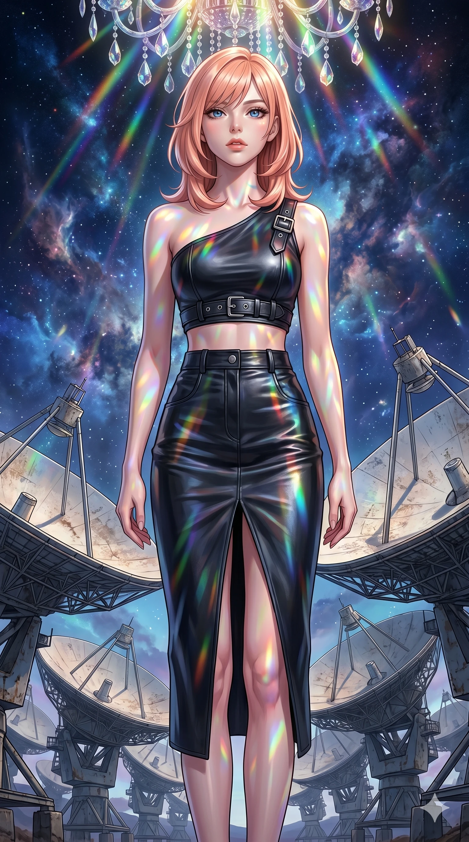 score_9, masterpiece, best quality, ultra-detailed, high-budget anime keyframe, editorial fashion photography, tasteful artistic composition, Japanese woman. cowboy shot from the thighs up, character and outfit filling the frame for maximum editorial presence. Tilting her chin up slightly with lips parted in a composed expression amidst an array of giant satellite dishes pointing at a sky filled with nebula clouds. She has an absolutely perfect 8-heads proportion, an exceptionally tall and slender female figure with impossibly long slender legs and an ultra-slim waist. V-shaped jawline, high-bridge nose, intricate jewel-like eyes with depth, thick eyelashes, glossy lips with a natural sheen. wearing a one-shoulder black leather crop top with silver hardware, paired with a matching high-waist midi skirt with a high front slit. illuminated by cascading rainbow prismatic light refracting through crystal overhead and casting patterns on her skin. 2k, ultra detail, master piece, 9:16 ratio