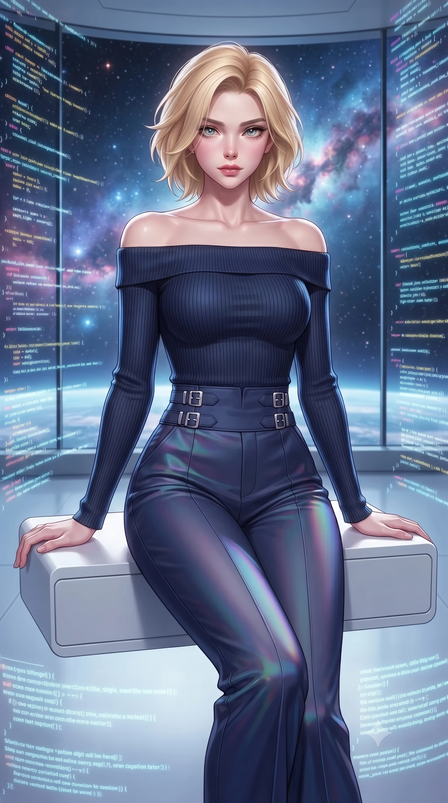 score_9, masterpiece, best quality, ultra-detailed, high-budget anime keyframe, editorial fashion photography, tasteful artistic composition, Caucasian woman. close-up cowboy shot from the waist and thighs up, the character dominates the composition, filling the frame with her large presence, background elements kept in soft focus. Smiling with quiet, magnetic self-assurance directly into the lens resting on a sleek white floating console amidst glowing code streams, starlight and cosmic nebula clouds glowing through the floor-to-ceiling glass. She has an exceptionally elegant, slender, and willowy female figure with an ultra-slim waist, a gracefully sculpted slender torso, and a refined silhouette. sharp v-shaped jawline, high-bridge nose, intricate jewel-like eyes with depth, thick eyelashes, glossy lips with a natural sheen. wearing a sleek off-shoulder ribbed knit top paired with high-waist tailored pants in midnight navy blue and chrome trim, crafted from iridescent chiffon that shifts colors in the light, detailed with polished silver buckles along the waistline, the tailored fabric tightly following every curve of her athletic build. surrounded by a crisp high-tech illumination highlighting every sleek curve. highly saturated vibrant anime colors, detailed shading with soft gradients, rich glossy textures, high-contrast stereoscopic depth, volumetric dynamic lighting, master piece, 9:16 ratio