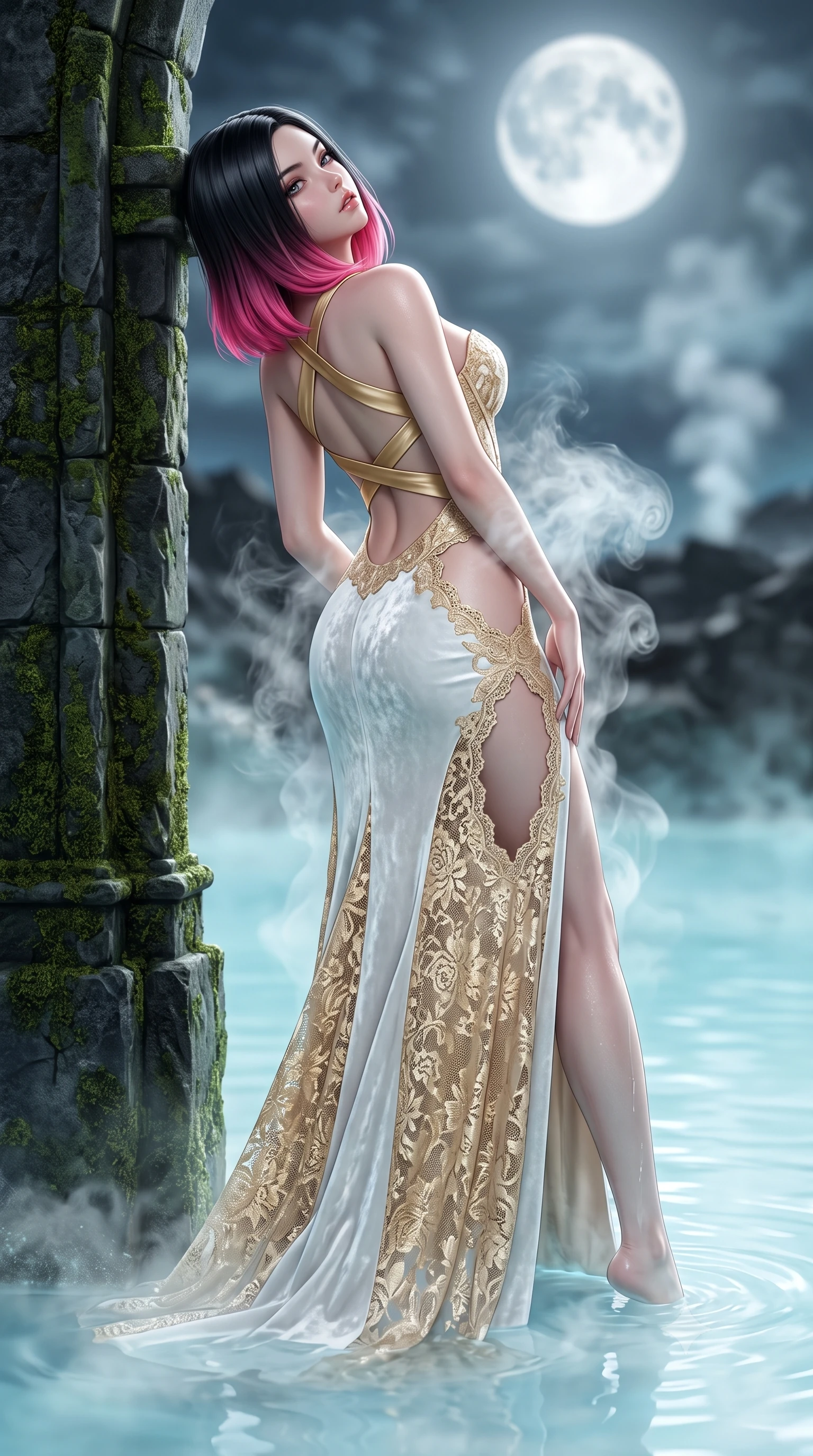 score_9, masterpiece, best quality, ultra-detailed, high-budget anime keyframe, semi-realistic 3D game render, editorial fashion photography, tasteful artistic composition, Korean woman. low angle full-body shot from head to toe showing her feet, filling the entire 9:16 vertical frame with her statuesque presence, stretching her vertical silhouette. leaning deep against the structural architecture with hips cocked in an unapologetically bold, seductive high-fashion stance while wading through the milky-blue thermal mineral water beneath the full moon, arching her spine in pure pleasure as steam curls around her waist. The composition keeps background elements in soft focus with creamy bokeh. swirling geothermal steam clouds and distant volcanic basalt ridges blurred into milky-cyan, deep charcoal, and silver-moonlight bokeh. She has an exceptionally tall and slender model-like 8.5-heads proportion, an ultra-slim waist, a flat toned midriff, narrow delicate ribcage, and beautifully sculpted feminine hips creating a graceful, slim hourglass silhouette without any bulky heaviness, with impossibly long slender legs. sharp v-shaped jawline, high-bridge nose, intricate jewel-like eyes with depth, thick eyelashes, glossy parted lips with a natural sheen, intensely captivating and seductive bedroom-eyes expression, flawlessly proportioned anatomical accuracy, strict slender model proportions, natural body alignment, perfectly sculpted long slender limbs, ultra-slim waistline, clean dynamic posture without body distortion. wearing a deep sweetheart neckline crushed velvet corseted ballgown with an exposed midriff cutout in pure alabaster white and sun-kissed gold, formed from shimmering floral lace over smooth opaque silk lining, finished with criss-cross back satin straps highlighting her graceful shoulder blades, the precision-cut side openings and low-back scoop framing her graceful spine and the sensual sweep of her slim, toned hips. bathed in soft underwater milky-cyan LED lagoon illumination and cool silver full-moon light from above. highly saturated vibrant anime colors, detailed shading with soft gradients, rich glossy textures, high-contrast stereoscopic depth, volumetric dynamic lighting, master piece, 9:16 ratio