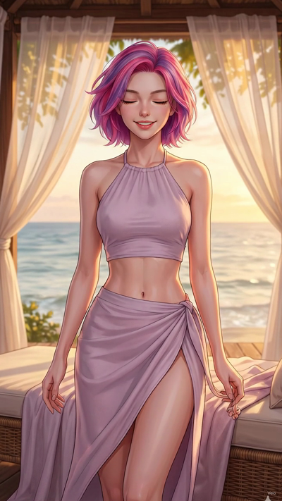 Character blinking, looking at camera with a subtle, natural expression, moving slowly and naturally. Their hair sways gently in a quiet draft of air while maintaining their original pose. The camera executes a very slow, smooth dolly-in. The backgro