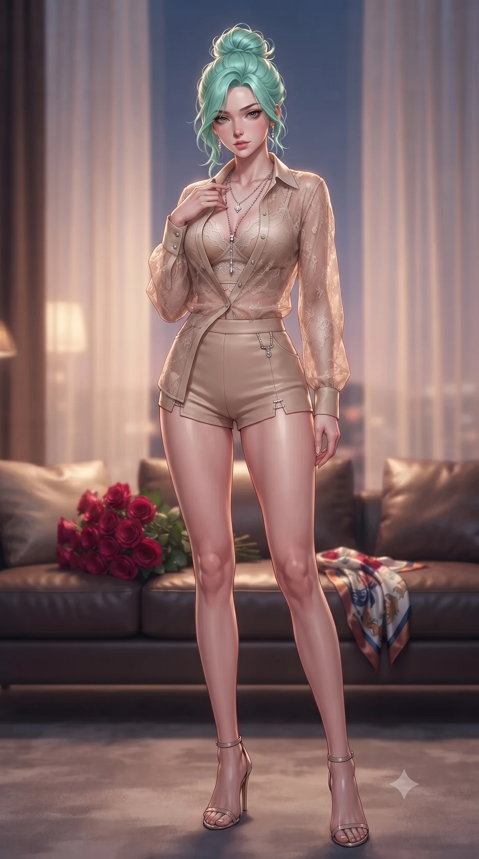 score_9, masterpiece, best quality, ultra-detailed, high-budget anime keyframe, editorial fashion photography, tasteful artistic composition, Japanese woman. low angle full-body shot from head to toe showing her feet, filling the entire 9:16 vertical frame with her statuesque presence, stretching her vertical silhouette. standing tall with statuesque grace, tracing a single finger down her necklace with a smoldering, magnetic expression set against a soft-focus background of inside an exclusive penthouse suite with a bouquet of crimson roses and a silk scarf resting on the leather seat. She has an absolutely perfect, statuesque 8.5-heads proportion, an exceptionally tall and slender model-like female figure with impossibly long slender legs and an ultra-slim waist. sharp v-shaped jawline, high-bridge nose, intricate jewel-like eyes with depth, thick eyelashes, glossy lips with a natural sheen. wearing slim-fit warm beige delicate lace sheer organza button-up shirt worn over a lace-accented crop top and high-cut mini shorts accented with delicate silver hardware. softened by diffused twilight glow filtering through sheer chiffon window curtains. highly saturated vibrant anime colors, detailed shading with soft gradients, rich glossy textures, high-contrast stereoscopic depth, volumetric dynamic lighting, master piece, 9:16 ratio