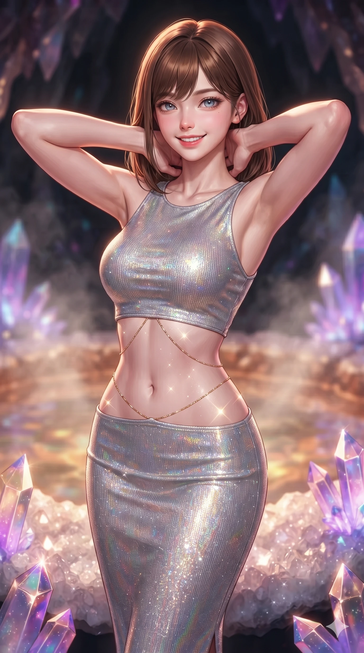 score_9, masterpiece, best quality, ultra-detailed, high-budget anime keyframe, semi-realistic 3D game render, editorial fashion photography, tasteful artistic composition, Korean woman. close-up cowboy shot from the waist and thighs up, the character dominates the composition, filling the frame with her large presence. resting both hands lightly behind her neck with elbows raised, arching her spine to highlight her narrow waist, flat midriff, and breathtaking collarbones while standing poised on the sparkling quartz crystal ledge above the glowing geode pool, arching her back with breathtaking anime heroine charisma as neon ultraviolet crystal facets shimmer. The background shows a soft-focus warm geode steam softened in subterranean crystal sanctuary shallow focus. She has an exceptionally elegant, slender, and willowy female figure with an ultra-slim waist, flat toned midriff, narrow ribcage, and sculpted feminine hips creating an alluring, slim hourglass silhouette without bulk. sharp v-shaped jawline, high-bridge nose, intricate jewel-like sparkling eyes with depth, thick eyelashes, glossy parted lips with a natural peach sheen, bright cheerful beaming smile with an enchanting and coquettish sensual glint, exuding both youthful cute charm and seductive allure, flawlessly proportioned anatomical accuracy, strict slender model proportions, natural body alignment, perfectly sculpted long slender limbs, ultra-slim waistline, clean dynamic posture without body distortion. wearing a body-contouring metallic lurex knit column dress casting radiant starlight shimmer across her flat midriff in iridescent mother-of-pearl and liquid molten silver, tailored from high-density tech-wool with subtle metallic thread weave, accented with a dainty gold belly chain resting across her flat midriff and curving hips, the bespoke structured tailoring following the natural line of her 8.5-heads silhouette with refined elegance. illuminated by pool surface reflection bounce and sharp neon-violet rim lights sculpting her jawline, narrow waist, and curvy hips. highly saturated vibrant anime colors, detailed shading with soft gradients, rich glossy textures, high-contrast stereoscopic depth, volumetric dynamic lighting, master piece, 9:16 ratio