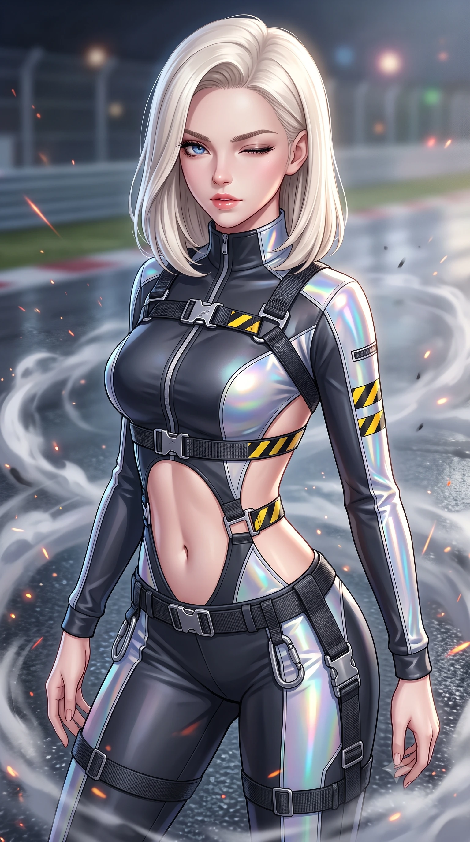 score_9, masterpiece, best quality, ultra-detailed, high-budget anime keyframe, semi-realistic 3D game render, editorial fashion photography, tasteful artistic composition, Caucasian woman. close-up cowboy shot from the waist and thighs up, the character dominates the composition, filling the frame with her large presence. tilting her chin up with proud, sovereign allure while gazing through thick eyelashes with an irresistible, dangerous bedroom-gaze while pivoting sharply with supermodel momentum on the wet tarmac, a playful wink breaking across her radiant face. The composition keeps background elements in soft focus with creamy bokeh. swirling smoke rings and burning rubber particulate catching laser beam motes across the circuit. She has an exceptionally elegant, slender, and willowy female figure with an ultra-slim waist, a gracefully sculpted slender torso, toned flat midriff, and a refined slim silhouette. sharp v-shaped jawline, high-bridge nose, intricate jewel-like eyes with depth, thick eyelashes, glossy parted lips with a natural sheen, intensely captivating and seductive expression, flawlessly proportioned anatomical accuracy, strict slender model proportions, natural body alignment, perfectly sculpted long slender limbs, ultra-slim waistline, clean dynamic posture without body distortion. wearing a high-collar leather speedsuit featuring bold side-torso cutouts and quick-release titanium buckles in holographic silver prism and deep graphite, crafted from flexible reflective spandex and heavy tactical webbing, finished with high-visibility hazard warning tape details and carabiner clips, the precision-cut daring openings accentuating her delicate midriff, graceful bare collarbones, and ultra-slim feminine waistline. surrounded by an adrenaline-fueled, audacious, and wildly charismatic drift idol aura. highly saturated vibrant anime colors, detailed shading with soft gradients, rich glossy textures, high-contrast stereoscopic depth, volumetric dynamic lighting, master piece, 9:16 ratio