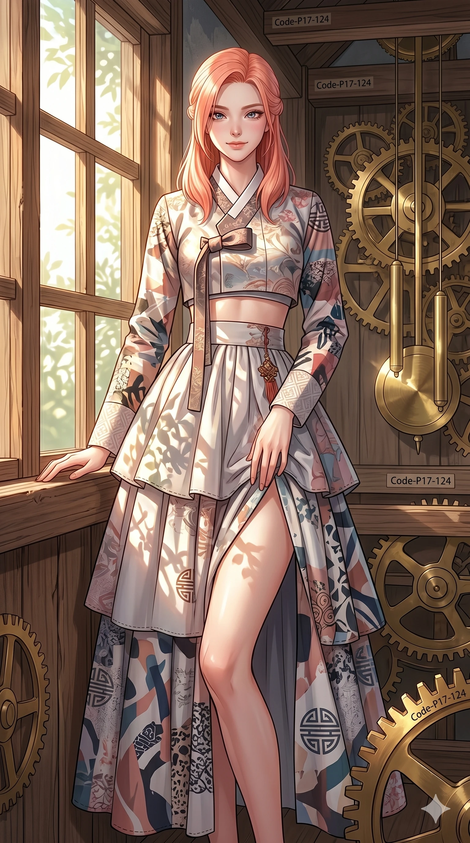 score_9, masterpiece, best quality, ultra-detailed, high-budget anime keyframe, editorial fashion photography, tasteful artistic composition, Japanese woman. cowboy shot from the thighs up, character and outfit filling the frame for maximum editorial presence. leaning against the wooden window frame, looking at the viewer with a soft smile in a clock tower with turning brass gears (Code-P17-124). She has an absolutely perfect 8-heads proportion, an exceptionally tall and slender female figure with impossibly long slender legs and an ultra-slim waist. V-shaped jawline, high-bridge nose, intricate jewel-like eyes with depth, thick eyelashes, glossy lips with a natural sheen. wearing a fusion hanbok with exposed waist and high-slit. drenched in brilliant morning sunshine, casting long warm highlights and leaf patterns. 2k, ultra detail, master piece, 9:16 ratio