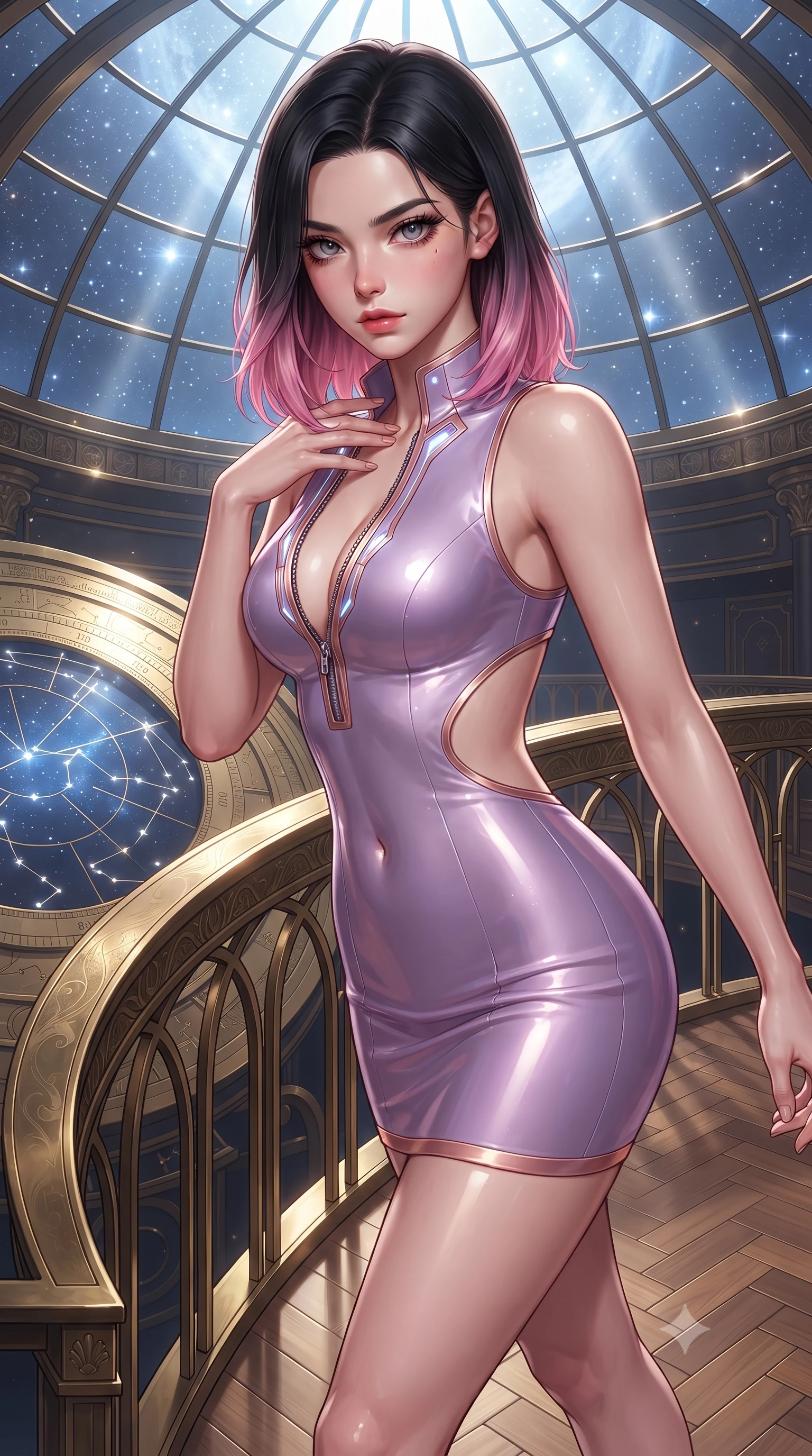score_9, masterpiece, best quality, ultra-detailed, high-budget anime keyframe, editorial fashion photography, tasteful artistic composition, Korean woman. close-up cowboy shot from the waist and thighs up, the character dominates the composition, filling the frame with her large presence. leaning forward with a dangerous, enticing smolder, resting one hand near her collarbone while casting a fiery, magnetic direct gaze while stepping along a curved mezzanine walkway under a soaring glass dome catching brilliant starlight and moonlight. The surrounding environment is rendered in vivid detail and crisp panoramic clarity. intricate engraved brass astrolabe scales, glowing constellation lines, and polished parquet in deep focus. She has an exceptionally elegant, slender, and willowy female figure with an ultra-slim waist, a gracefully sculpted slender torso, toned flat midriff, and a refined slim silhouette. sharp v-shaped jawline, high-bridge nose, intricate jewel-like eyes with depth, thick eyelashes, glossy lips with a natural sheen, flawlessly proportioned anatomical accuracy, strict slender model proportions, natural body alignment, perfectly sculpted long slender limbs, ultra-slim waistline, clean dynamic posture without body distortion. wearing a second-skin fashion-latex mini dress with a clean architectural front, featuring an open-back design that wraps around the sides of her waist, showcasing her slender silhouette in luminous lavender violet and rose gold, crafted from ultra-reflective second-skin latex with a high-gloss glass-like polish, featuring a dangerously unzipped neckline framed by glowing cybernetic accents, the form-contouring material adhering flawlessly to her sculpted flat midriff and slender torso, emphasizing her long leg lines and perfectly proportioned willowy build. surrounded by an intellectual, noble, and enchantingly seductive celestial royalty aura. ultra-reflective glossy finish, specular highlights, metallic sheen, high-contrast stereoscopic depth, volumetric dynamic lighting, 2k, ultra detail, master piece, 9:16 ratio