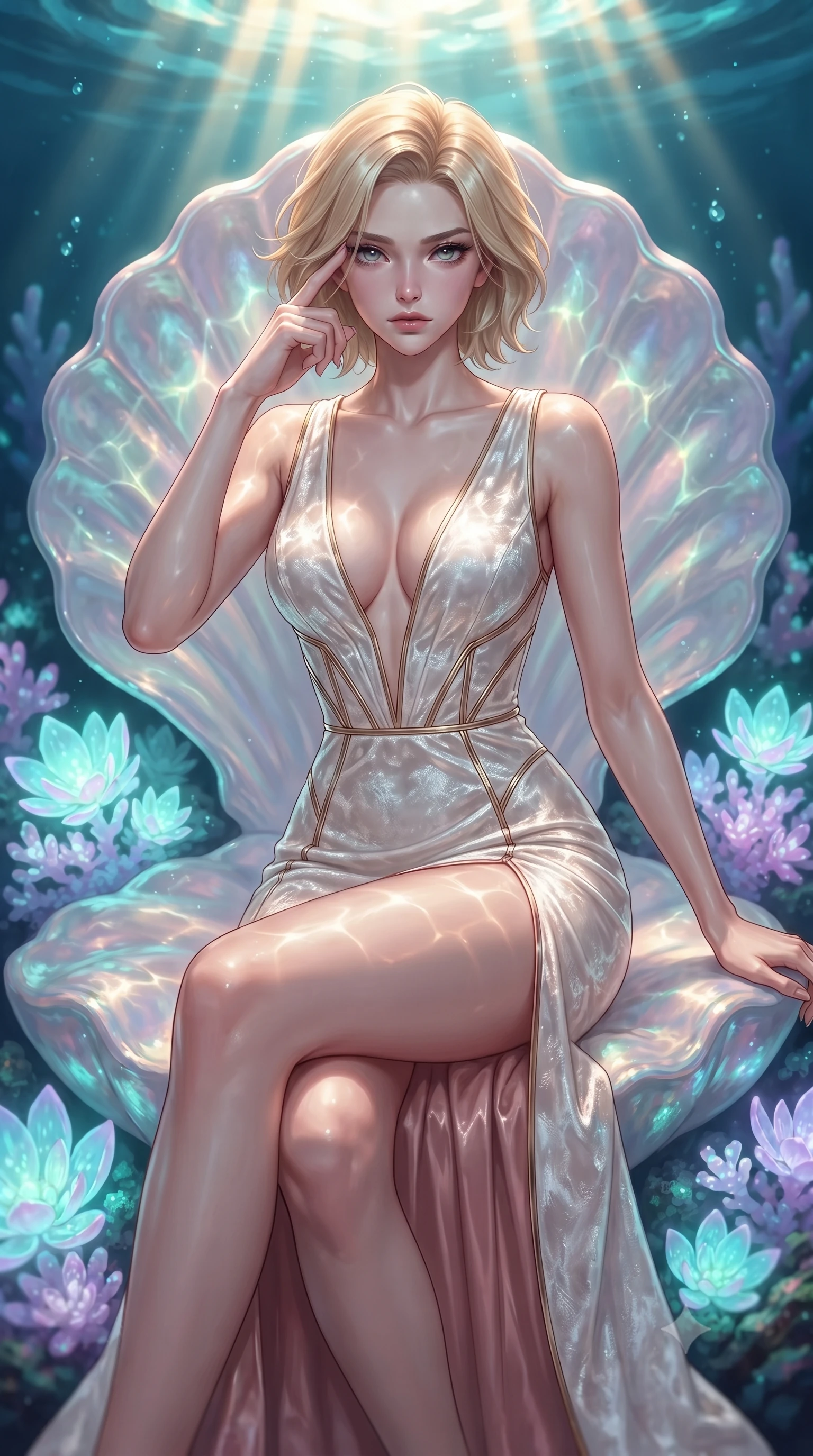 score_9, masterpiece, best quality, ultra-detailed, high-budget anime keyframe, editorial fashion photography, tasteful artistic composition, Caucasian woman. close-up cowboy shot from the waist and thighs up, the character dominates the composition, filling the frame with her large presence, background elements kept in soft focus. Pressing two fingers to her temple in a composed, sharp thoughtful gesture, poised on an abyssal pearl shell throne illuminated by golden caustic water rays, bioluminescent opal coral blossoms emitting soft aqua and lavender light. She has an exceptionally elegant, slender, and willowy female figure with an ultra-slim waist, a gracefully sculpted slender torso, and a refined silhouette. sharp v-shaped jawline, high-bridge nose, intricate jewel-like eyes with depth, thick eyelashes, glossy lips with a natural sheen. wearing deep plunging V-neckline champagne silk gown with daring high thigh slit in rose-gold pink, made of crushed white silk velvet, finished with metallic gold boning and sleek zipper points, accentuating her gracefully sculpted slender torso. illuminated by luminous aqua bioluminescence and warm golden top rays. ultra-reflective glossy finish, specular highlights, metallic sheen, high-contrast stereoscopic depth, volumetric dynamic lighting, 2k, ultra detail, master piece, 9:16 ratio