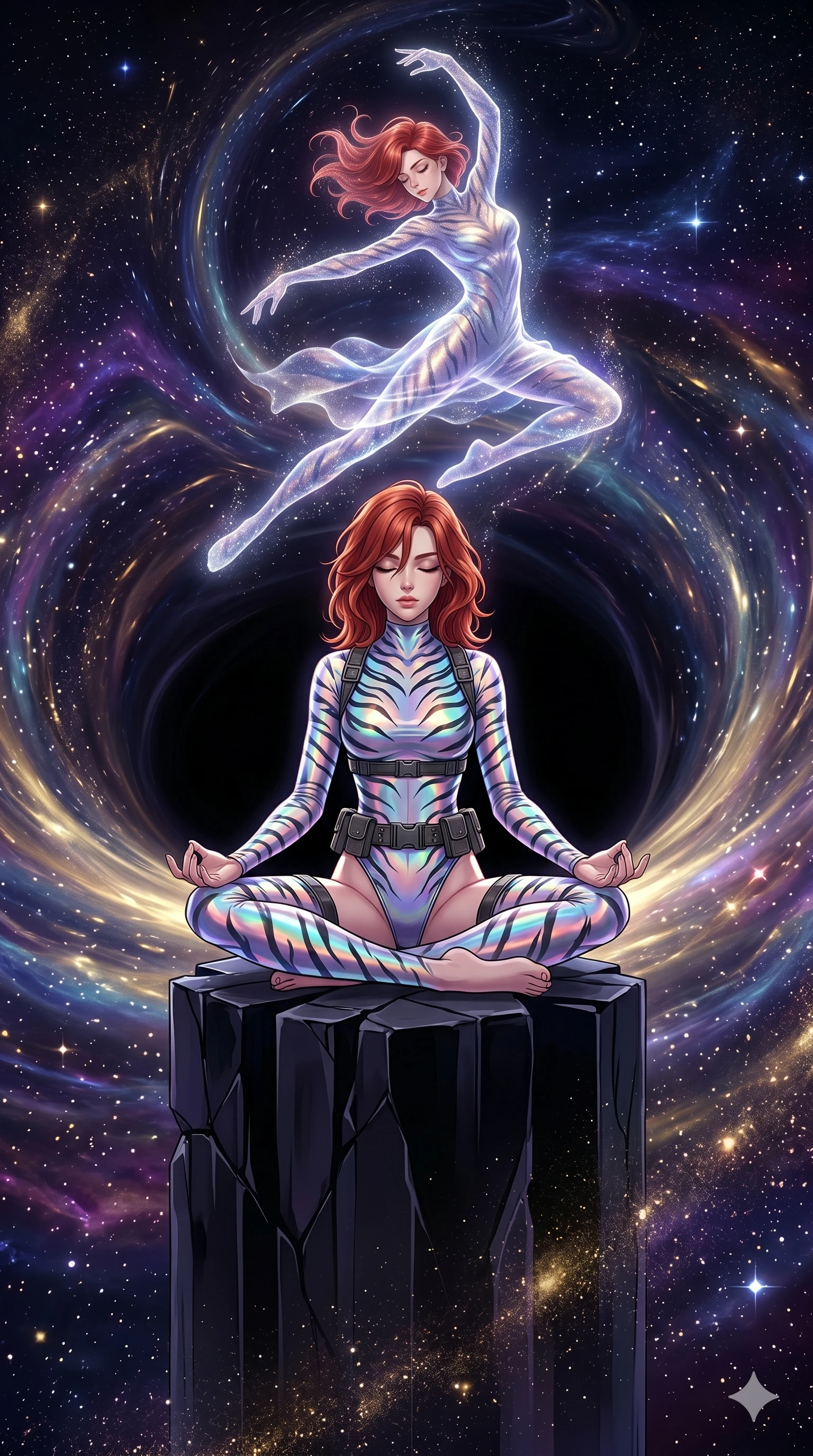 score_9, masterpiece, best quality, ultra-detailed, Set A: High-budget Anime Keyframe, Caucasian (human ears) woman. Low angle cowboy shot filling the entire 9:16 frame with her statuesque presence. Theme: Historical Remix. meditating in the edge of a black hole, as her reflection in the air starts to dance independently 125. The atmosphere is filled with a swirling vortex of stars. She has an absolutely perfect 8-heads proportion, an exceptionally tall and slender female figure with impossibly long slender legs and an ultra-slim waist. Sharp v-shaped jawline, high-bridge nose, intricate jewel-like eyes with depth, glossy lips. Wearing Holographic tiger-stripe bodysuit with a high-cut leg line and tactical belts. Cinematic lighting, vivid colors, dramatic shadows, 2k, ultra detail, master piece, 9:16 ratio