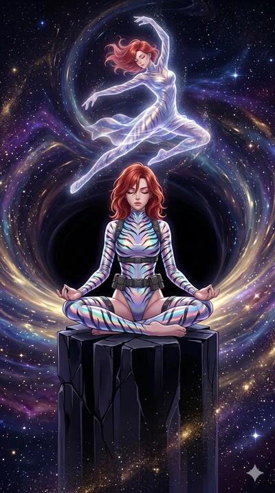 score_9, masterpiece, best quality, ultra-detailed, Set A: High-budget Anime Keyframe, Caucasian (human ears) woman. Low angle cowboy shot filling the entire 9:16 frame with her statuesque presence. Theme: Historical Remix. meditating in the edge of 