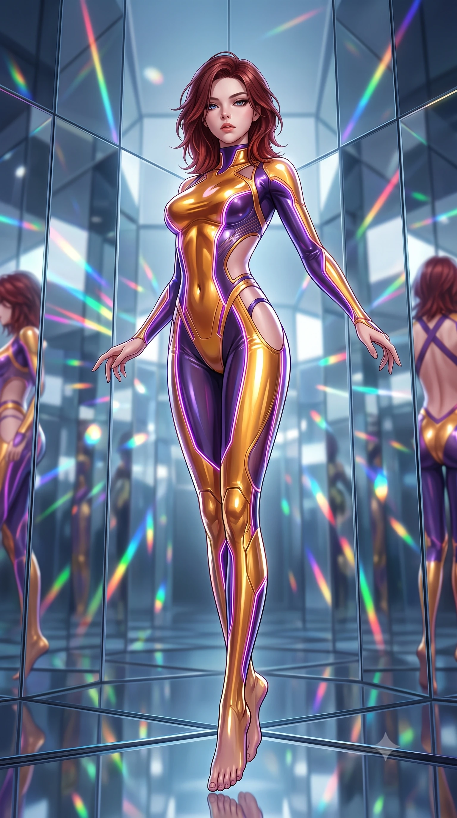 score_9, masterpiece, best quality, ultra-detailed, high-budget anime keyframe, semi-realistic 3D game render, editorial fashion photography, tasteful artistic composition, Korean woman. low angle full-body shot from head to toe showing her feet, filling the entire 9:16 vertical frame with her statuesque presence, stretching her vertical silhouette. performing an alluring mid-air vault with flawless poise, looking directly into the camera with smoldering intensity while pausing at the intersection of giant glass mirrors with a haughty, smoldering editorial gaze. The composition keeps background elements in soft focus with creamy bokeh. infinite chrome mirror reflections and multi-colored laser beams blurred into dazzling prismatic bokeh. She has an absolutely perfect, statuesque 8.5-heads proportion, an exceptionally tall and slender model-like female figure with impossibly long slender legs and an ultra-slim waist. sharp v-shaped jawline, high-bridge nose, intricate jewel-like eyes with depth, thick eyelashes, glossy lips with a natural sheen, flawlessly proportioned anatomical accuracy, natural body alignment, perfectly sculpted elegant limbs, clean dynamic posture without body distortion. wearing a skin-tight cybernetic bodysuit with glowing neon seams, deep hip cutouts, and an aerodynamic athletic fit in lustrous molten gold and pure deep violet, tailored from semi-translucent cybernetic vinyl with glowing micro-filaments, complemented by criss-cross back straps highlighting her completely bare spine, the daring cutouts accentuating her delicate midriff, graceful collarbones, and feminine contour. illuminated by sharp white editorial flash lighting with high-contrast reflective rim lights. highly saturated vibrant anime colors, detailed shading with soft gradients, rich glossy textures, high-contrast stereoscopic depth, volumetric dynamic lighting, master piece, 9:16 ratio