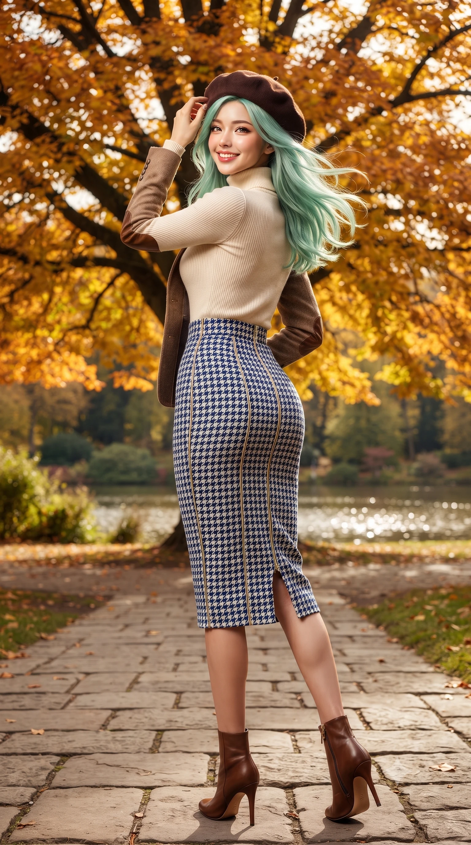 score_9, masterpiece, best quality, ultra-detailed, high-budget anime keyframe, editorial fashion photography, tasteful artistic composition, Japanese woman. low angle full-body shot from head to toe showing her feet, filling the entire 9:16 vertical frame with her statuesque presence, stretching her vertical silhouette. pausing along the promenade and turning back toward the camera with an infectious, delightful smile, her form-fitting silhouette highlighting her curvy hips and slim waist while pausing beneath a monumental golden beech tree, one hand lightly holding her wool beret as an autumn breeze sweeps by. The surrounding environment is rendered in vivid detail and crisp panoramic clarity: detailed equestrian wool blazer tailoring, leather elbow patch textures, and natural royal park foliage in high resolution. She has an exceptionally tall and slender model-like 8.5-heads proportion, an ultra-slim waist, a flat toned midriff, narrow delicate ribcage, and beautifully sculpted feminine hips creating a graceful, slim hourglass silhouette without any bulky heaviness, with impossibly long slender legs. sharp v-shaped jawline, high-bridge nose, intricate jewel-like sparkling eyes with depth, thick eyelashes, glossy parted lips with a natural peach sheen, bright cheerful beaming smile with an enchanting and coquettish sensual glint, exuding both youthful cute charm and seductive allure, flawlessly proportioned anatomical accuracy, strict slender model proportions, natural body alignment, perfectly sculpted long slender limbs, ultra-slim waistline, clean dynamic posture without body distortion. wearing a body-hugging fine-knit merino turtleneck tucked seamlessly into a high-waisted tailored houndstooth pencil midi skirt in French navy blue and crisp alabaster white, crafted from lustrous liquid satin crepe that drapes in body-clinging ripples catching ambient lights, featuring fine gold zipper details tracing the vertical spine and contour seams, the form-contouring silhouette accentuating her sculpted flat midriff, narrow delicate ribcage, and gracefully curvy hips with intoxicating allure. illuminated by lake water shimmer fill and rich copper-gold rim lights defining her razor-sharp jawline and tall slender figure. ultra-reflective glossy finish, specular highlights, rich textural contrasts, high-contrast stereoscopic depth, volumetric dynamic lighting, 2k, ultra detail, master piece, 9:16 ratio