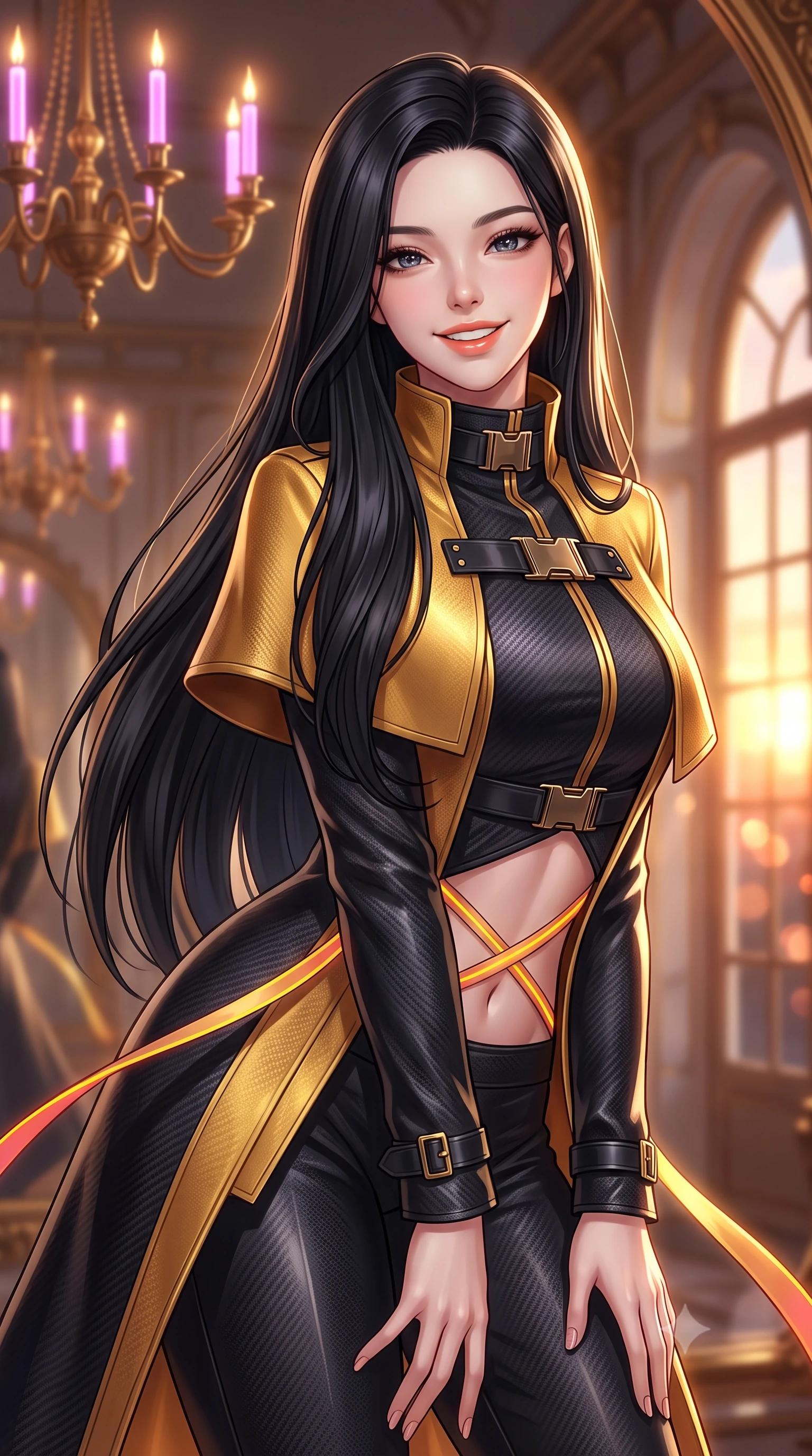 score_9, masterpiece, best quality, ultra-detailed, high-budget anime keyframe, semi-realistic 3D game render, editorial fashion photography, tasteful artistic composition, Korean woman. close-up cowboy shot from the waist and thighs up, the character dominates the composition, filling the frame with her large presence. leaning forward while arching her lower back to accentuate her curvy hips, looking into the camera with an intoxicating smoldering gaze and bedroom-eyes while twisting her slender torso in an alluring S-curve, sunset gold and neon laser ribbons criss-crossing across her flat midriff and hourglass curves. The background shows a soft-focus infinite recursive mirror reflections, antique gilded chandeliers fitted with neon plasma candles, and setting sun through arched palace windows blurred into gold, copper, and ruby bokeh. She has an exceptionally elegant, slender, and willowy female figure with an ultra-slim waist, flat toned midriff, narrow ribcage, and sculpted feminine hips creating an alluring, slim hourglass silhouette without bulk. sharp v-shaped jawline, high-bridge nose, intricate jewel-like sparkling eyes with depth, thick eyelashes, glossy parted lips with a natural peach sheen, bright cheerful beaming smile with an enchanting and coquettish sensual glint, exuding both youthful cute charm and seductive allure, flawlessly proportioned anatomical accuracy, strict slender model proportions, natural body alignment, perfectly sculpted long slender limbs, ultra-slim waistline, clean dynamic posture without body distortion. wearing a tailored high-collar cyberpunk tech-trench coat with magnetic buckle closures and wide storm flaps in singularity accretion gold and deep space void black, woven from structured carbon-fiber jacquard with rich textural depth, finished with sleek magnetic buckle closures fluttering in the breeze, the impeccably tailored cut draping gracefully along her slender figure with aristocratic poise. illuminated by mirror reflection bounce and sharp sunburst-gold rim lights defining her jawline, narrow waist, and curvy hips. highly saturated vibrant anime colors, detailed shading with soft gradients, rich glossy textures, high-contrast stereoscopic depth, volumetric dynamic lighting, master piece, 9:16 ratio