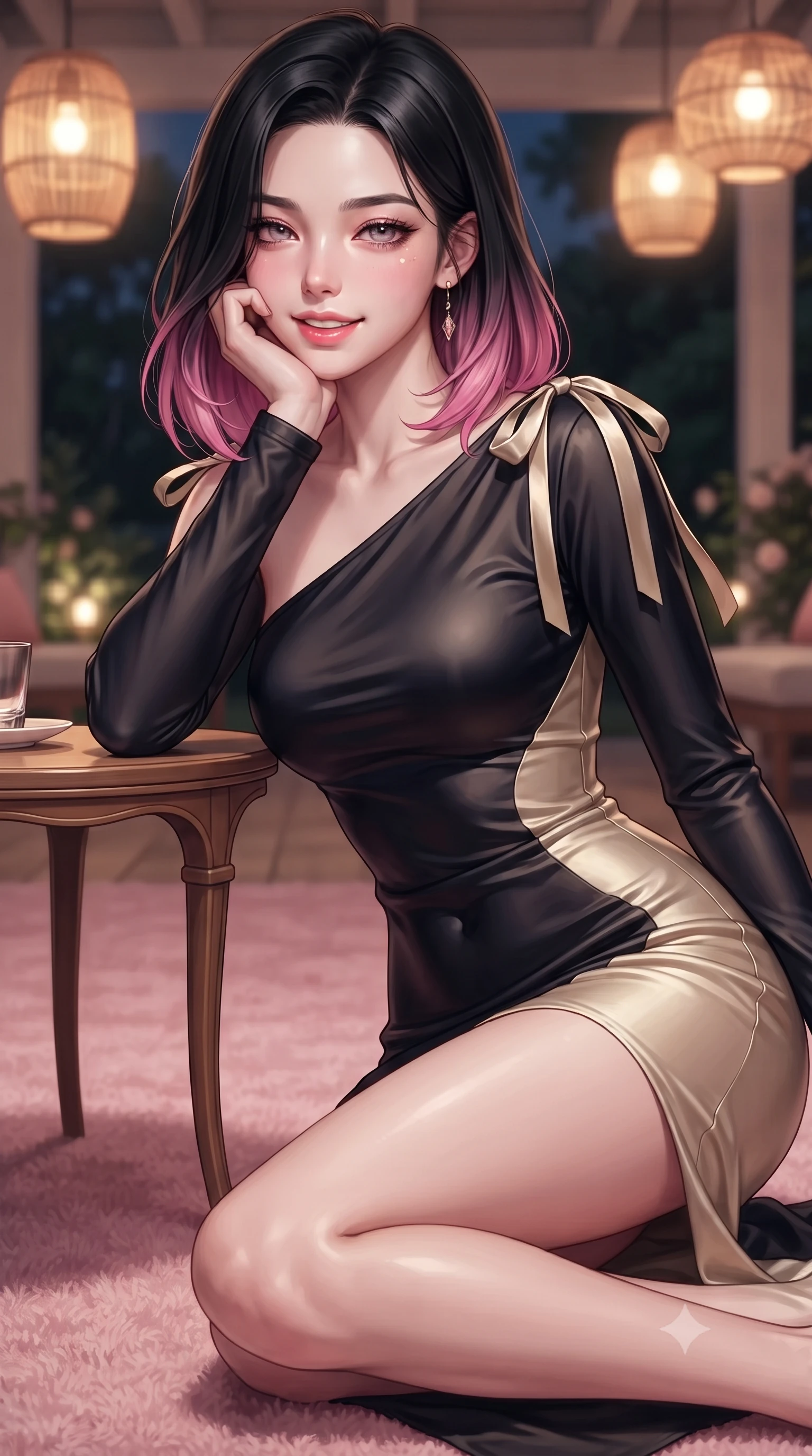 score_9, masterpiece, best quality, ultra-detailed, high-budget anime keyframe, editorial fashion photography, tasteful artistic composition, Korean woman. close-up cowboy shot from the waist and thighs up, the character dominates the composition, filling the frame with her large presence. resting one elbow on the table and supporting her chin, leaning close to the camera with heavy-lidded sparkling eyes and parted lips while twisting her slender torso in an alluring S-curve on the plush pink carpet, warm lanai sconce light tracing her dewy skin and curves. The background shows a soft-focus hanging rattan lantern glows softened in legendary Hollywood retreat shallow focus. She has an exceptionally elegant, slender, and willowy female figure with an ultra-slim waist, flat toned midriff, narrow ribcage, and sculpted feminine hips creating an alluring, slim hourglass silhouette without bulk. sharp v-shaped jawline, high-bridge nose, intricate jewel-like sparkling eyes with depth, thick eyelashes, glossy parted lips with a natural peach sheen, bright cheerful beaming smile with an enchanting and coquettish sensual glint, exuding both youthful cute charm and seductive allure, flawlessly proportioned anatomical accuracy, strict slender model proportions, natural body alignment, perfectly sculpted long slender limbs, ultra-slim waistline, clean dynamic posture without body distortion. wearing a liquid silk jersey asymmetrical long-sleeve cocktail dress clinging flawlessly to her narrow waist and hips in deep midnight obsidian black and champagne gold, crafted from fluid liquid silk satin that clings smoothly to her narrow waist and rounded hips with a dewy sheen, finished with satin ribbon ties at the shoulders fluttering in the gentle breeze, the second-skin tailored fabric adhering flawlessly to her sculpted flat midriff and slender torso, emphasizing her long leg lines and perfectly proportioned willowy build. bathed in the warm, flattering 2700K incandescent glow of rattan table lamps and soft garden up-lights. ultra-reflective glossy finish, specular highlights, rich textural contrasts, high-contrast stereoscopic depth, volumetric dynamic lighting, 2k, ultra detail, master piece, 9:16 ratio
