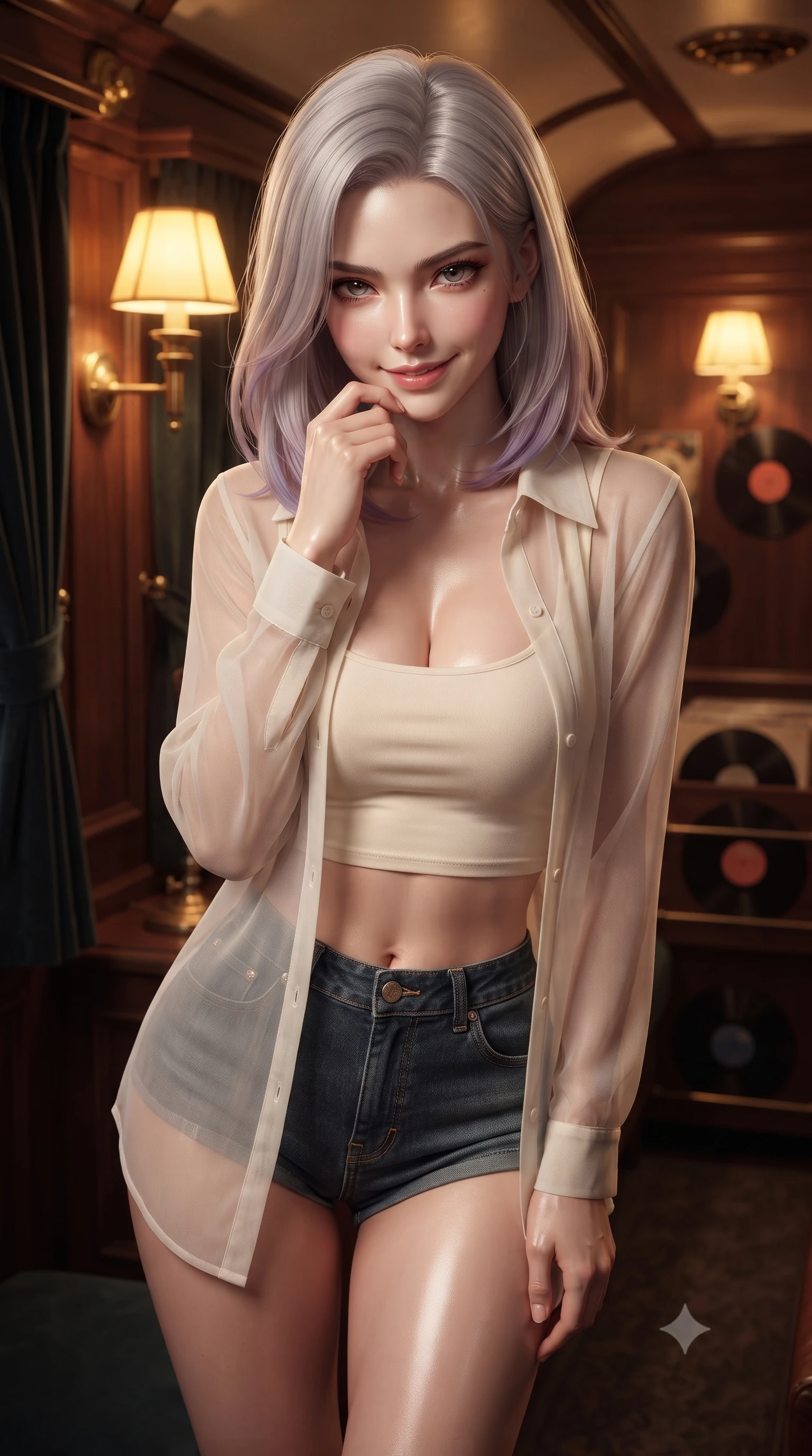 score_9, masterpiece, best quality, ultra-detailed, high-budget anime keyframe, editorial fashion photography, tasteful artistic composition, Caucasian woman. close-up cowboy shot from the waist and thighs up, the character dominates the composition, filling the frame with her large presence, background elements kept in soft focus. leaning slightly forward with a playful, teasing smile, her gaze locked onto the viewer the background shows a soft-focus a retro-style train lounge with brass fixtures, velvet curtains, and vintage records. She has an exceptionally elegant, slender, and willowy female figure with an ultra-slim waist, a gracefully sculpted slender torso, and a refined silhouette. sharp v-shaped jawline, high-bridge nose, intricate jewel-like eyes with depth, thick eyelashes, glossy lips with a natural sheen. wearing a slim-fit lightweight chiffon cover-up shirt worn open over a crop top and high-cut shorts. warm yellow lamplight casting cozy, soft shadows on the wood panels. ultra-reflective glossy finish, specular highlights, metallic sheen, high-contrast stereoscopic depth, volumetric dynamic lighting, 2k, ultra detail, master piece, 9:16 ratio