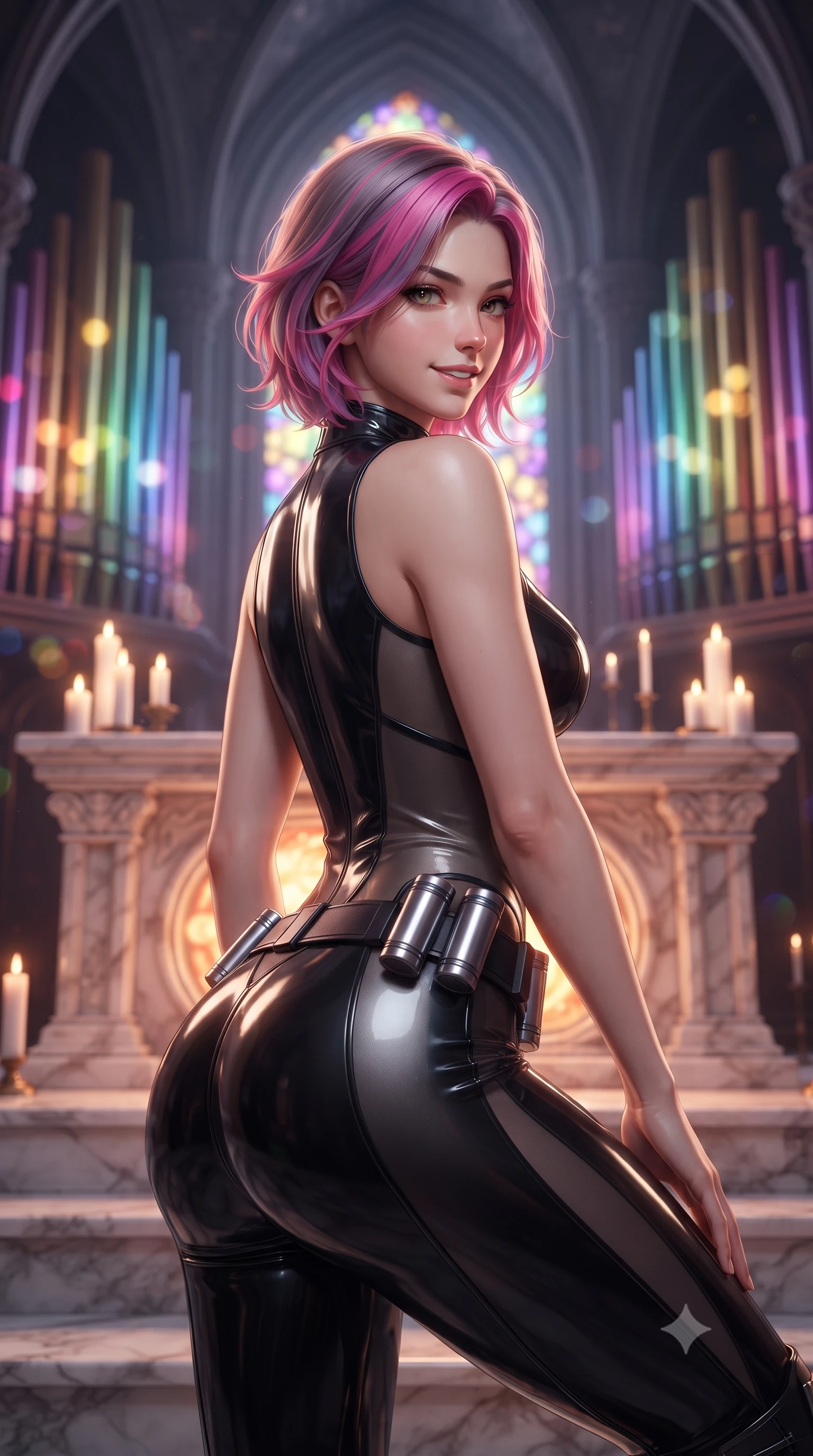 score_9, masterpiece, best quality, ultra-detailed, high-budget anime keyframe, editorial fashion photography, tasteful artistic composition, Caucasian woman. close-up cowboy shot from the waist and thighs up, the character dominates the composition, filling the frame with her large presence. posing in an alluring rear three-quarter angle, turning over a bare shoulder with an intoxicating gaze, her hips cocked back to highlight her slim hourglass curve against the glowing reactor while lounging gracefully on the carved marble altar steps, her long slender legs and hourglass curves commanding the high-tech sanctuary. The background shows a soft-focus soaring gothic cyber-arches and massive laser pipe organs playing visible light frequencies blurred into stained-glass rainbow, violet, and gold bokeh. She has an exceptionally elegant, slender, and willowy female figure with an ultra-slim waist, flat toned midriff, narrow ribcage, and sculpted feminine hips creating an alluring, slim hourglass silhouette without bulk. sharp v-shaped jawline, high-bridge nose, intricate jewel-like sparkling eyes with depth, thick eyelashes, glossy parted lips with a natural sheen, bright confident smile with an enchanting and coquettish sensual glint, exuding both youthful magnetic charm and sovereign high-tech allure, flawlessly proportioned anatomical accuracy, strict slender model proportions, natural body alignment, perfectly sculpted long slender limbs, ultra-slim waistline, clean dynamic posture without body distortion. wearing a sleeveless high-collar cyber pilot suit in liquid-look obsidian jersey with strategic sheer ventilation panels in reflective liquid mercury and matte phantom grey, made of supple second-skin compression stretch jersey clinging flawlessly to her form, accented with a sleek utility belt with polished magnetic canisters resting loosely on her curvy hips, the liquid-tight tailored fabric clinging flawlessly to her narrow waist and rounded feminine hips, emphasizing every millimeter of her sculpted slim hourglass curves without any bulky heaviness. illuminated by altar floor candle LEDs and sharp gold-and-violet rim lighting sculpting her razor-sharp jawline, narrow waist, and curvy hips. ultra-reflective glossy finish, specular highlights, rich textural contrasts, high-contrast stereoscopic depth, volumetric dynamic lighting, 2k, ultra detail, master piece, 9:16 ratio
