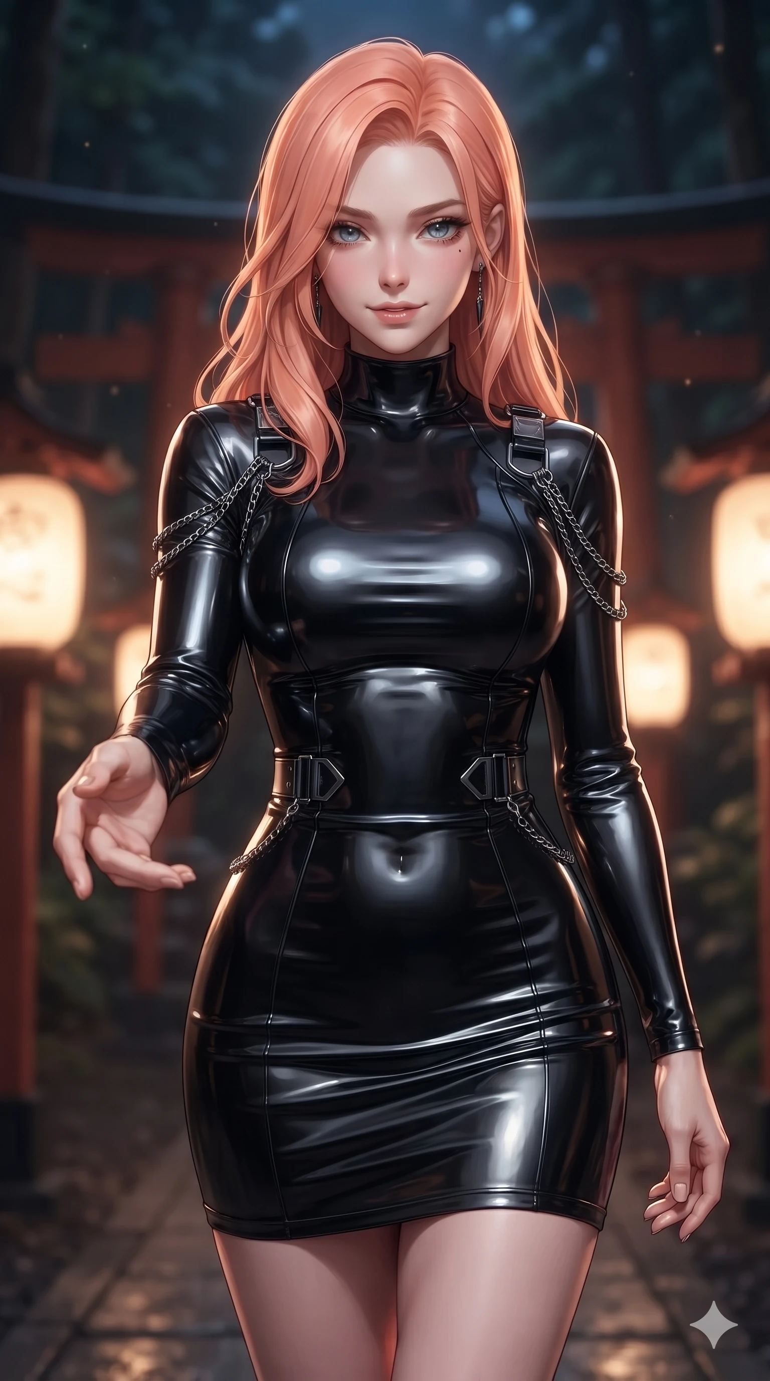 score_9, masterpiece, best quality, ultra-detailed, high-budget anime keyframe, editorial fashion photography, tasteful artistic composition, Japanese woman. close-up cowboy shot from the waist and thighs up, the character dominates the composition, filling the frame with her large presence. reaching one hand toward the viewer with relaxed dark elegance, her sculpted waistline catching specular highlights while stepping forward into the spiritual clearing with feline grace, hips swaying in an alluring sensual rhythm that accentuates her curvy hourglass silhouette. The background shows a soft-focus mystical Japanese forest shrine softened in spiritual nocturnal shallow focus. She has an exceptionally elegant, slender, and willowy female figure with an ultra-slim waist, flat toned midriff, narrow ribcage, and sculpted feminine hips creating an alluring, slim hourglass silhouette without bulk. sharp v-shaped jawline, high-bridge nose, intricate jewel-like dark sparkling eyes with hypnotic seductive depth, thick curled eyelashes, glossy parted lips with a natural wine sheen, alluring bedroom-eyes with an enigmatic smoldering smile, exuding magnetic sovereign charisma and dark avant-garde glamour, flawlessly proportioned anatomical accuracy, strict slender model proportions, natural body alignment, perfectly sculpted long slender limbs, ultra-slim waistline, clean dynamic posture without body distortion. wearing a precision-fitted bodycon dress in high-gloss liquid vinyl in pure obsidian monochrome with subtle metallic sheen, made of liquid dark mercury jersey with seamless sculpting hold and fluid drape, framed by dark titanium buckles and silver chain details, the glove-like silhouette tightly following the natural contour of her hips and long slender legs with youthful 8.5-heads elegance. illuminated by spirit lantern cold ground bounce and sharp silver-cyan rim lights defining her razor-sharp jawline, narrow waist, and curvy hips. ultra-reflective glossy finish, specular highlights, metallic sheen, high-contrast stereoscopic depth, volumetric dynamic lighting, 2k, ultra detail, master piece, 9:16 ratio
