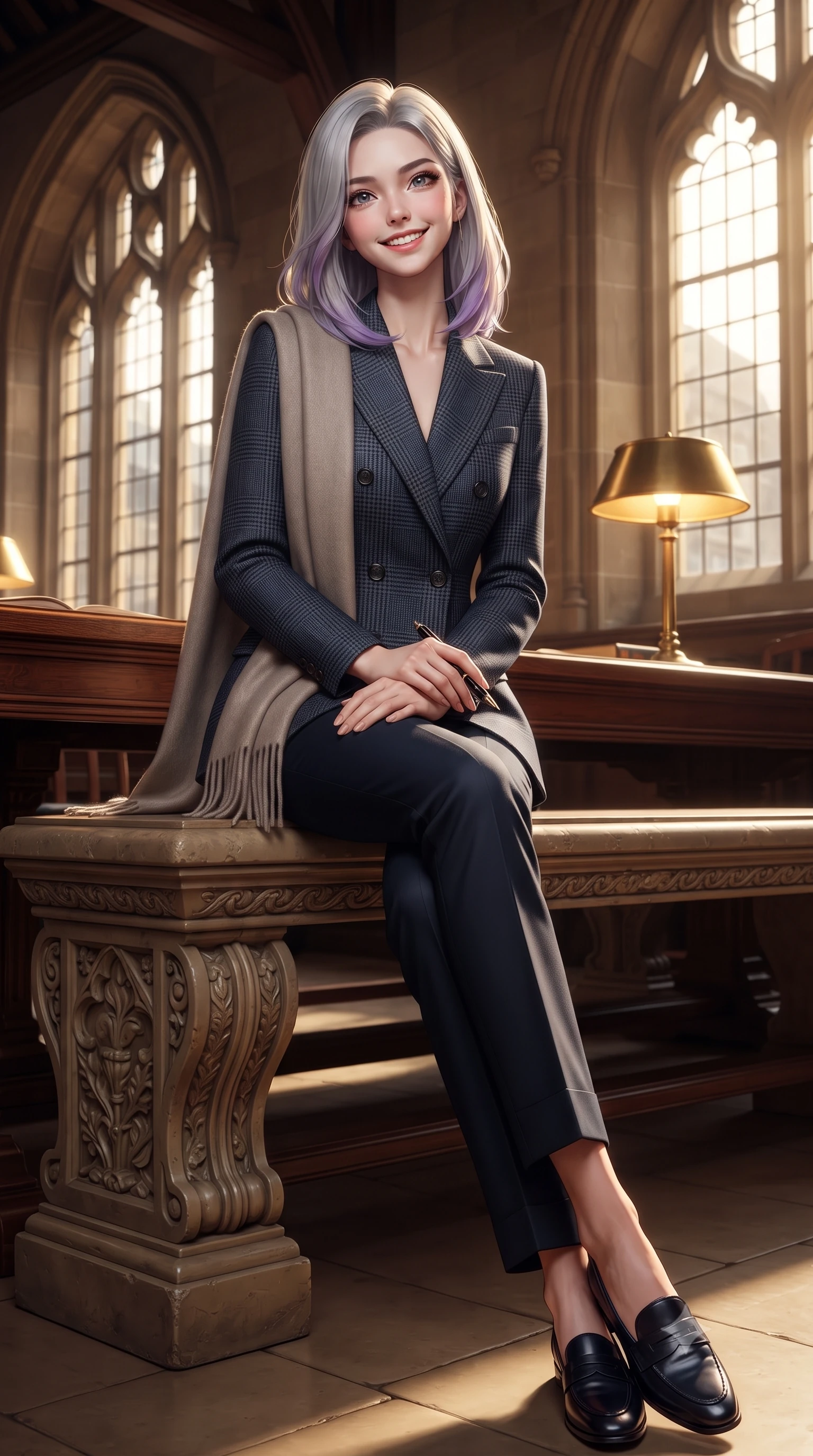 score_9, masterpiece, best quality, ultra-detailed, high-budget anime keyframe, editorial fashion photography, tasteful artistic composition, Caucasian woman. low angle full-body shot from head to toe showing her feet, filling the entire 9:16 vertical frame with her statuesque presence, stretching her vertical silhouette. sitting gracefully on the carved stone bench with legs crossed at the ankles, hands resting gently in her lap with noble poise while sitting gracefully at the long polished mahogany study table with legs crossed, holding a fountain pen while looking up with a cheerful, captivating gaze. The surrounding environment is rendered in vivid detail and crisp panoramic clarity: detailed bespoke Prince of Wales check blazer tailoring, horn button textures, and historic Oxford architecture in razor-sharp precision. She has an exceptionally tall and slender model-like 8.5-heads proportion, an ultra-slim waist, a flat toned midriff, narrow delicate ribcage, and beautifully sculpted feminine hips creating a graceful, slim hourglass silhouette without any bulky heaviness, with impossibly long slender legs. sharp v-shaped jawline, high-bridge nose, intricate jewel-like sparkling eyes with depth, thick eyelashes, glossy parted lips with a natural peach sheen, bright cheerful beaming smile with an enchanting and coquettish sensual glint, exuding both youthful cute charm and seductive allure, flawlessly proportioned anatomical accuracy, strict slender model proportions, natural body alignment, perfectly sculpted long slender limbs, ultra-slim waistline, clean dynamic posture without body distortion. wearing a refined double-breasted wool gabardine pantsuit with clean minimalist tailoring and a concealed placket in Ginza vintage brass gold and midnight navy, tailored from heavyweight double-faced wool with clean architectural edges, accented with a wide brushed cashmere fringe scarf draped elegantly over one shoulder, the precision-cut high-waisted tailoring accentuating her ultra-slim waist and long slender leg line with immaculate aristocratic poise. bathed in luminous golden afternoon sunlight slanting through tall gothic lancet windows mixed with warm brass desk lamp glows. ultra-reflective glossy finish, specular highlights, rich textural contrasts, high-contrast stereoscopic depth, volumetric dynamic lighting, 2k, ultra detail, master piece, 9:16 ratio