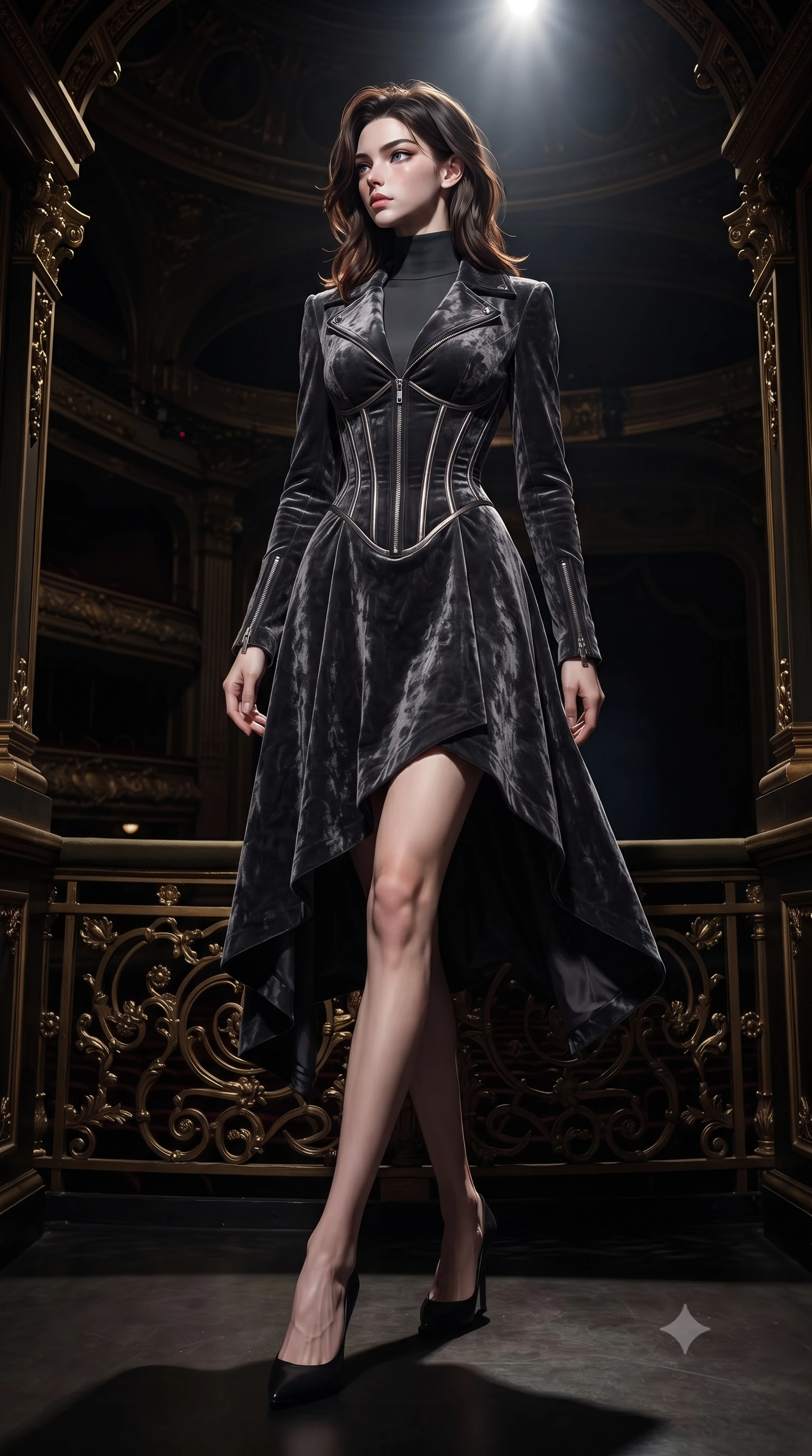 score_9, masterpiece, best quality, ultra-detailed, high-budget anime keyframe, editorial fashion photography, tasteful artistic composition, Korean woman. low angle full-body shot from head to toe showing her feet, filling the entire 9:16 vertical frame with her statuesque presence, stretching her vertical silhouette. stepping gracefully through the dark environment, stretching her statuesque silhouette, gazing out over a colossal pitch-dark opera hall from an ornate dark gold booth, dark gold filigree on balcony railings glinting under sharp specular highlights. She has an absolutely perfect, statuesque 8.5-heads proportion, an exceptionally tall and slender model-like female figure with impossibly long slender legs and an ultra-slim waist. sharp v-shaped jawline, high-bridge nose, intricate jewel-like eyes with depth, thick eyelashes, glossy lips with a natural sheen. wearing structured dark charcoal trench dress over sleek high-neck top in dark charcoal gray, made of crushed dark silk velvet, finished with metallic silver boning and sleek zipper points, highlighting her statuesque proportions and ultra-slim waistline. illuminated by a single brilliant theatrical key light emerging from dark opera shadows. highly saturated vibrant anime colors, detailed shading with soft gradients, rich glossy textures, high-contrast stereoscopic depth, volumetric dynamic lighting, master piece, 9:16 ratio