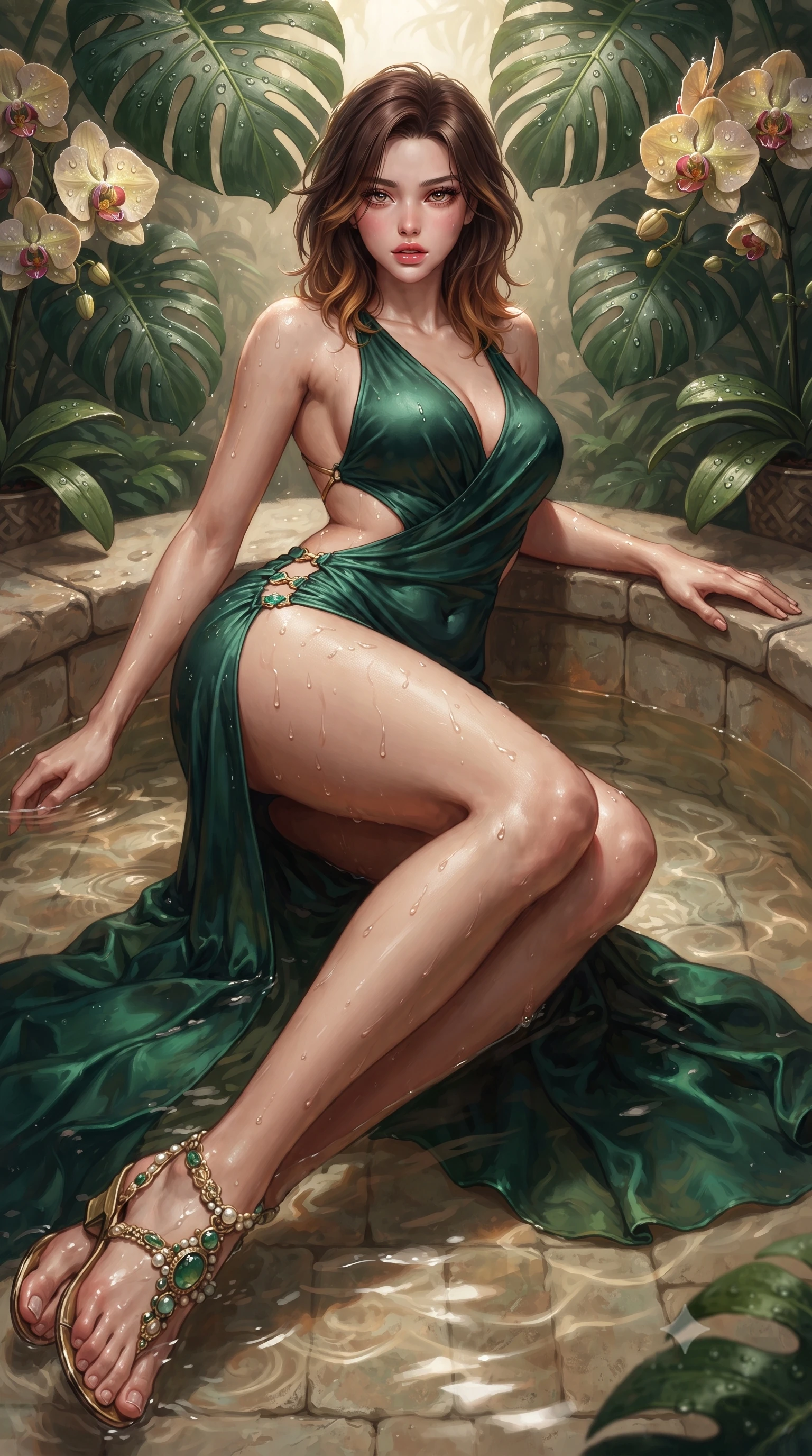 score_9, masterpiece, best quality, ultra-detailed, high-budget anime keyframe, editorial fashion photography, tasteful artistic composition, Korean woman. low angle full-body shot from head to toe showing her feet, filling the entire 9:16 vertical frame with her statuesque presence, stretching her vertical silhouette. reclining on her side in an elegant Cleopatra pose with one knee drawn up, the dramatic contour of her rounded hips and long slender legs commanding the 9:16 vertical frame while wading lightly into the shallow warm botanical pool beneath towering monstera fronds, arching her spine in pure pleasure as water droplets bead on her hips. The surrounding environment is rendered in vivid detail and crisp panoramic clarity. detailed dew droplets on exotic orchids, wet skin water beads, and stone masonry in high clarity. She has an absolutely perfect, statuesque 8.5-heads proportion, an exceptionally tall and slender model-like female figure with impossibly long slender legs, a toned flat midriff, an ultra-slim waist, and beautifully sculpted feminine hips. sharp v-shaped jawline, high-bridge nose, intricate jewel-like eyes with depth, thick eyelashes, glossy parted lips with a natural sheen, intensely captivating and seductive bedroom-eyes expression, flawlessly proportioned anatomical accuracy, strict slender model proportions, natural body alignment, perfectly sculpted long slender limbs, ultra-slim waistline, clean dynamic posture without body distortion. wearing a backless Grecian goddess draped dress with side-waist cutouts and a fluid floor-length slit in deep emerald green and polished brass gold, tailored from smooth liquid silk satin adhering seamlessly to her wet skin, finished with an ultra-high side slit secured by miniature jade clasps, the form-contouring material adhering flawlessly to her sculpted flat midriff and slender torso, emphasizing her long leg lines and perfectly proportioned willowy build. surrounded by an otherworldly, sensual, and exquisitely pure water-lily nymph aura. ultra-reflective glossy finish, specular highlights, rich textural contrasts, high-contrast stereoscopic depth, volumetric dynamic lighting, 2k, ultra detail, master piece, 9:16 ratio