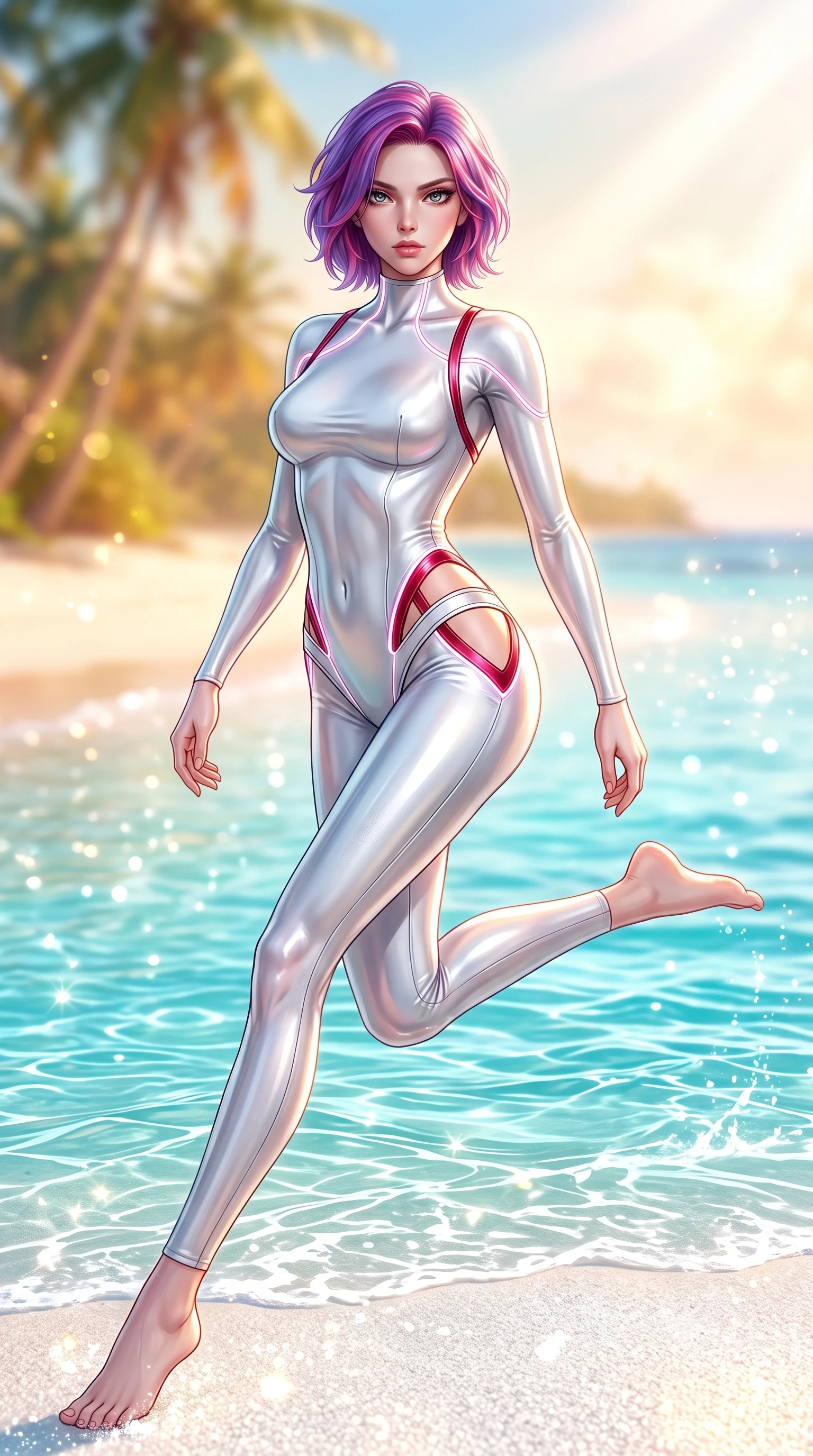 score_9, masterpiece, best quality, ultra-detailed, high-budget anime keyframe, semi-realistic 3D game render, editorial fashion photography, tasteful artistic composition, Caucasian woman. low angle full-body shot from head to toe showing her feet, filling the entire 9:16 vertical frame with her statuesque presence, stretching her vertical silhouette. performing an alluring mid-air vault with flawless poise, looking directly into the camera with smoldering intensity while kneeling on sparkling white sand as crystal-clear sea water ripples around her slender thighs. The composition keeps background elements in soft focus with creamy bokeh. warm tropical sunbeams refracting through sea spray into a soft, glowing backdrop. She has an absolutely perfect, statuesque 8.5-heads proportion, an exceptionally tall and slender model-like female figure with impossibly long slender legs, a toned flat midriff, and an ultra-slim waist. sharp v-shaped jawline, high-bridge nose, intricate jewel-like eyes with depth, thick eyelashes, glossy lips with a natural sheen, flawlessly proportioned anatomical accuracy, strict slender model proportions, natural body alignment, perfectly sculpted long slender limbs, ultra-slim waistline, clean dynamic posture without body distortion. wearing a second-skin white liquid-mercury micro-bodysuit sculpted tightly to her slender build, featuring razor-thin metallic straps and hip cutouts in radiant crimson silk and crisp snow white, made of liquid metal jersey that clings flawlessly to every contour of her build, accented with glowing fiber-optic seams tracing her collarbones and hip curves, the sleek second-skin cut tightly hugging her graceful clavicle, narrow waist, and feminine curves with athletic precision. bathed in dazzling tropical morning sunlight and glittering ocean water caustics. highly saturated vibrant anime colors, detailed shading with soft gradients, rich glossy textures, high-contrast stereoscopic depth, volumetric dynamic lighting, master piece, 9:16 ratio