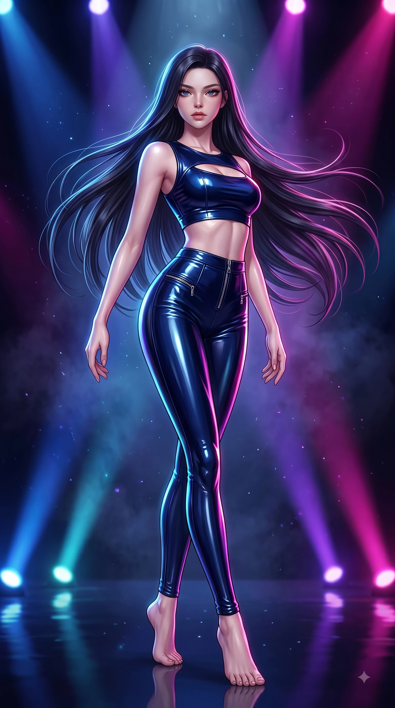 score_9, masterpiece, best quality, ultra-detailed, high-budget anime keyframe, editorial fashion photography, tasteful artistic composition, Korean woman. low angle full-body shot from head to toe showing her feet, filling the entire 9:16 vertical frame with her statuesque presence, stretching her vertical silhouette. pivoting dynamically in zero-gravity with fluid S-curve alignment, displaying her perfect model proportions while pivoting dynamically in a dancer stance with a magnetic, composed gaze directed at the camera, shiny dark stage surface reflecting every concert light beam vividly. She has an absolutely perfect, statuesque 8.5-heads proportion, an exceptionally tall and slender model-like female figure with impossibly long slender legs and an ultra-slim waist. sharp v-shaped jawline, high-bridge nose, intricate jewel-like eyes with depth, thick eyelashes, glossy lips with a natural sheen, flawlessly proportioned anatomical accuracy, natural body alignment, perfectly sculpted elegant limbs, clean dynamic posture without body distortion. wearing a glossy vinyl crop top and high-waist tailored leggings with sleek zippers in midnight navy blue and chrome trim, formed from sleek second-skin neoprene, accented with a Tasteful chest slit framing her clavicle gracefully, the glove-like fit emphasizing her statuesque silhouette during motion. bathed in intense volumetric stage spotlights and vivid neon rim lights. ultra-reflective glossy finish, specular highlights, metallic sheen, high-contrast stereoscopic depth, volumetric dynamic lighting, 2k, ultra detail, master piece, 9:16 ratio