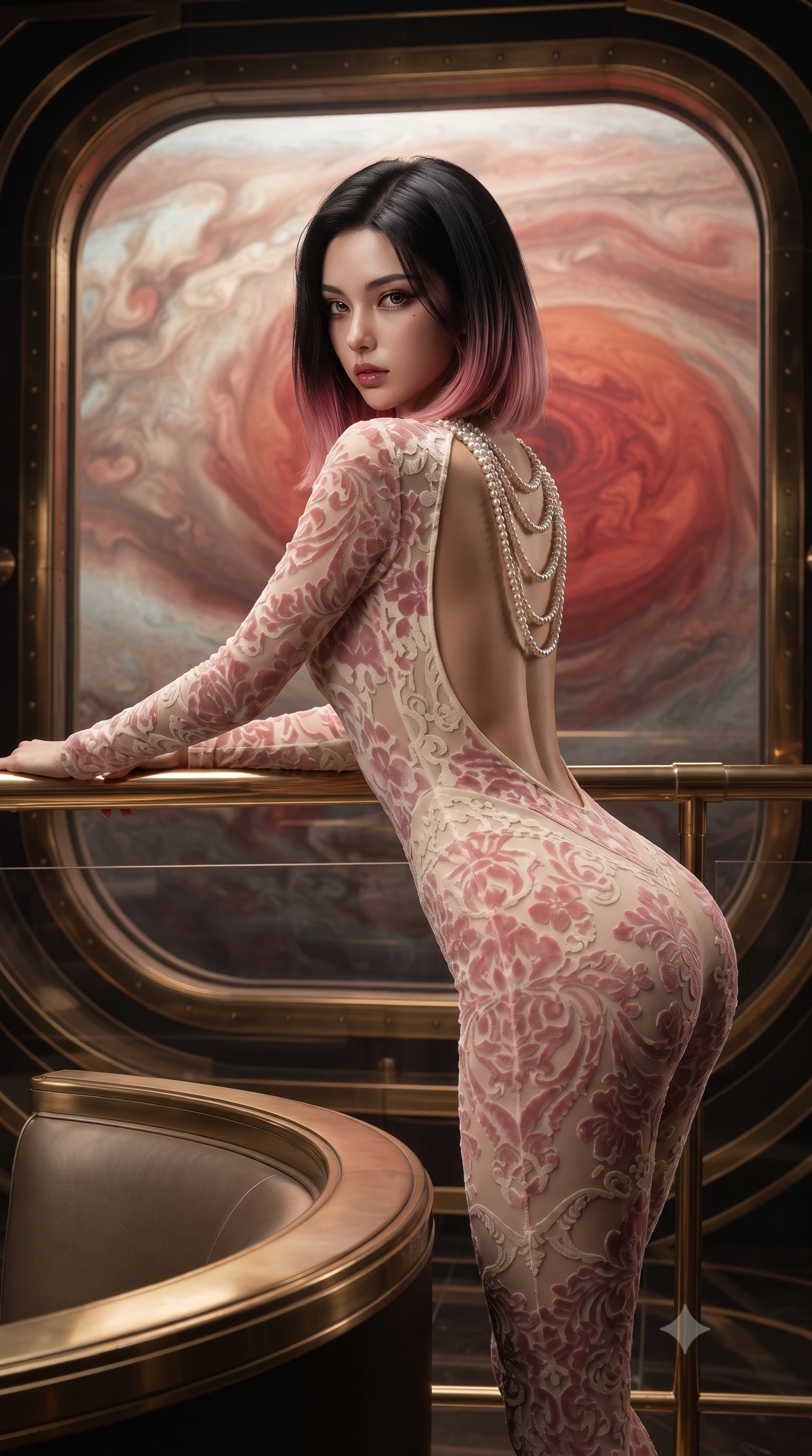 score_9, masterpiece, best quality, ultra-detailed, high-budget anime keyframe, editorial fashion photography, tasteful artistic composition, Korean woman. close-up cowboy shot from the waist and thighs up, the character dominates the composition, filling the frame with her large presence. leaning forward against the polished railing with her hips cocked back, creating an intoxicating curve from her narrow waist to sculpted hips as she gazes back into the lens while perching on the rim of a curved titanium-and-brass art deco lounger, arching her lower back as the colossal crimson swirl of Jupiter's Great Red Spot fills the panoramic viewport. The surrounding environment is rendered in vivid detail and crisp panoramic clarity. sharp quartz viewport frame rivets, art deco brass railing inlays, and Jupiter cloud vortex filament clarity in deep focus. She has an exceptionally elegant, slender, and willowy female figure with an ultra-slim waist, flat toned midriff, narrow ribcage, and sculpted feminine hips creating an alluring, slim hourglass silhouette without bulk. sharp v-shaped jawline, high-bridge nose, intricate jewel-like eyes with depth, thick eyelashes, glossy parted lips with a natural sheen, intensely captivating and seductive bedroom-eyes expression, flawlessly proportioned anatomical accuracy, strict slender model proportions, natural body alignment, perfectly sculpted long slender limbs, ultra-slim waistline, clean dynamic posture without body distortion. wearing a second-skin compression catsuit with an open back and sheer mesh side waist contouring in sakura blossom pink and warm ivory, made of sheer contouring power-mesh with velvet flocking patterns, accented with a multi-strand pearl back necklace cascading down her bare spine to her hips, the dramatically scooped open back descending to the base of her spine, accentuating her razor-sharp statuesque lines and slim hourglass silhouette. illuminated by crisp directional star shine sharply defining her sculpted collarbones, ultra-slim waist, and curvy hips. ultra-reflective glossy finish, specular highlights, rich textural contrasts, high-contrast stereoscopic depth, volumetric dynamic lighting, 2k, ultra detail, master piece, 9:16 ratio
