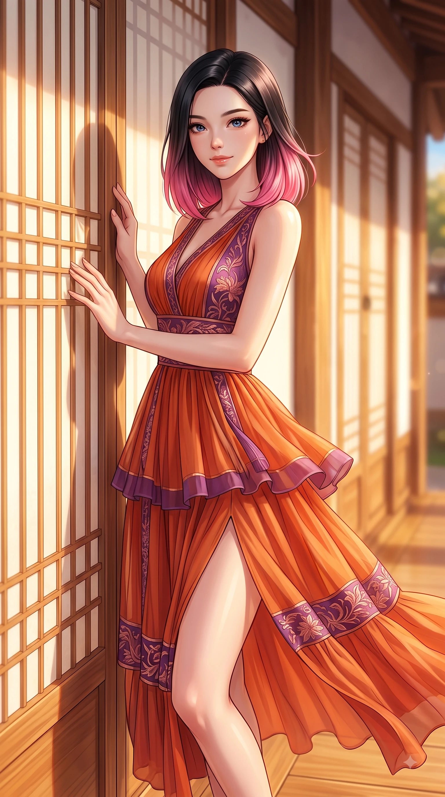 score_9, masterpiece, best quality, ultra-detailed, high-budget anime keyframe, editorial fashion photography, tasteful artistic composition, Korean woman. close-up cowboy shot from the waist and thighs up, the character dominates the composition, filling the frame with her large presence. Pure innocent expression with clear crystalline eyes, a gentle tender smile, and an airy serene aura while leaning against a sun-drenched paper screen door with a serene, magnetic pose. The composition keeps background elements in soft focus with dreamy bokeh. sun-drenched paper doors and wooden Hanok pillars softened by warm shallow focus. She has an exceptionally elegant, slender, and willowy female figure with an ultra-slim waist, a gracefully sculpted slender torso, and a refined silhouette. sharp v-shaped jawline, high-bridge nose, intricate jewel-like eyes with depth, thick eyelashes, glossy lips with a natural sheen, flawlessly proportioned anatomical accuracy, natural body alignment, perfectly sculpted elegant limbs, clean dynamic posture without body distortion. wearing a vibrant burnt orange chiffon tiered dress fluttering dynamically in the breeze in deep amethyst purple and rose gold, woven from fine lightweight chiffon fluttering gracefully, finished with a sleek side slit ascending to mid-thigh, the chic fashion cut framing her graceful clavicle and slender torso. illuminated by warm golden sunlight reflecting off polished wooden verandas. highly saturated vibrant anime colors, detailed shading with soft gradients, rich glossy textures, high-contrast stereoscopic depth, volumetric dynamic lighting, master piece, 9:16 ratio