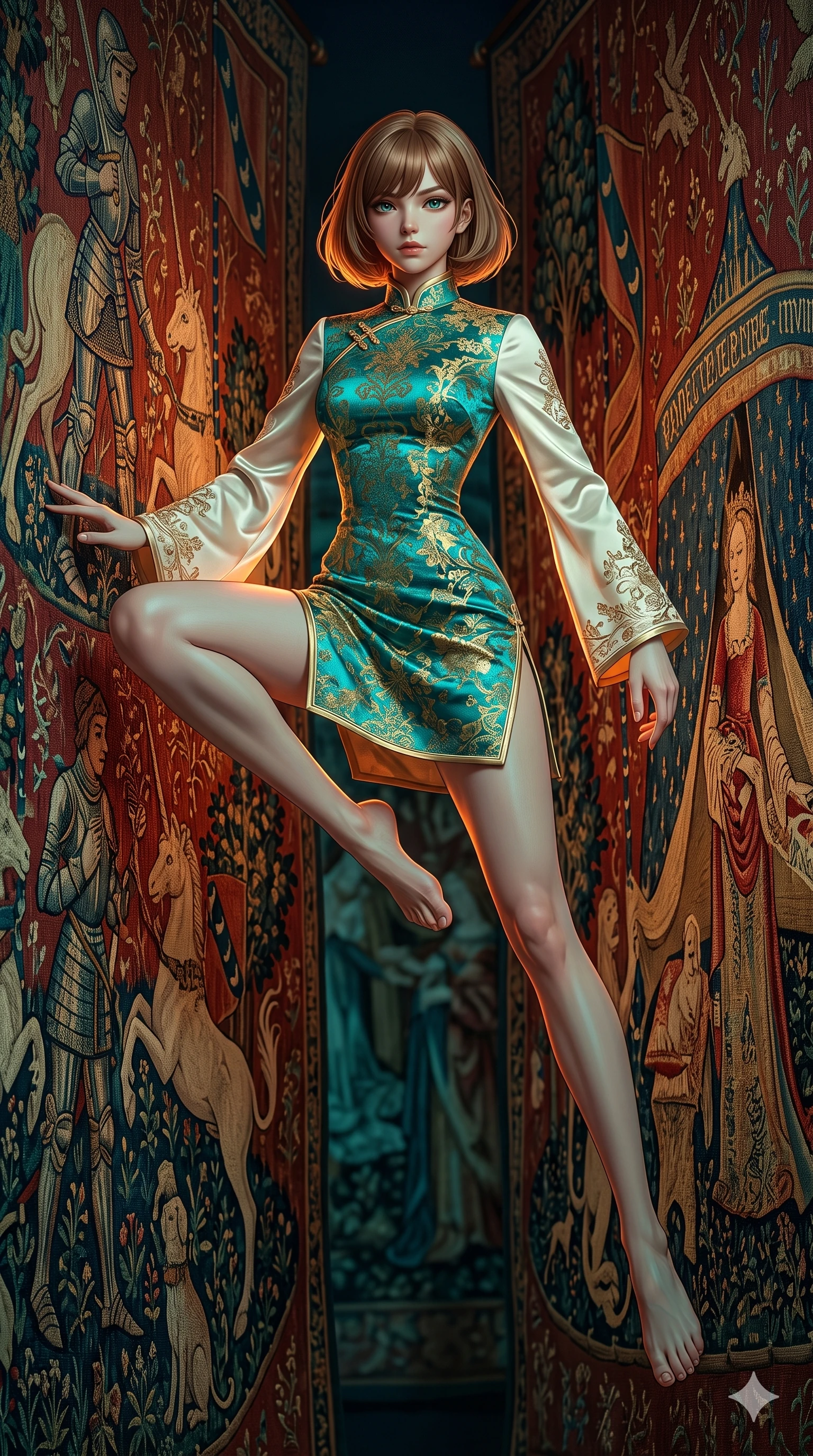 score_9, masterpiece, best quality, ultra-detailed, high-budget anime keyframe, editorial fashion photography, tasteful artistic composition, Caucasian woman, strictly human ears. low angle full-body shot from head to toe showing her feet, filling the entire 9:16 vertical frame with her statuesque presence, stretching her vertical silhouette. vaulting dynamically through navigating through towering walls made of animated medieval tapestries where richly embroidered figures of knights unicorns and queens move gesture and follow with their stitched eyes. She has a statuesque 8.5-heads proportion, an exceptionally tall, slender and willowy model-like build with impossibly long legs and a highly sculpted ultra-slim waist. sharp v-shaped jawline, high-bridge nose, intricate jewel-like eyes with depth, thick eyelashes, glossy lips with a natural sheen. wearing a contemporary qipao-inspired dress in vibrant teal and gold brocade, featuring a mandarin collar and elegant ivory satin long sleeves. warm amber rim lighting combined with cool teal fill light creating dramatic contrast. 2k, ultra detail, master piece, 9:16 ratio
