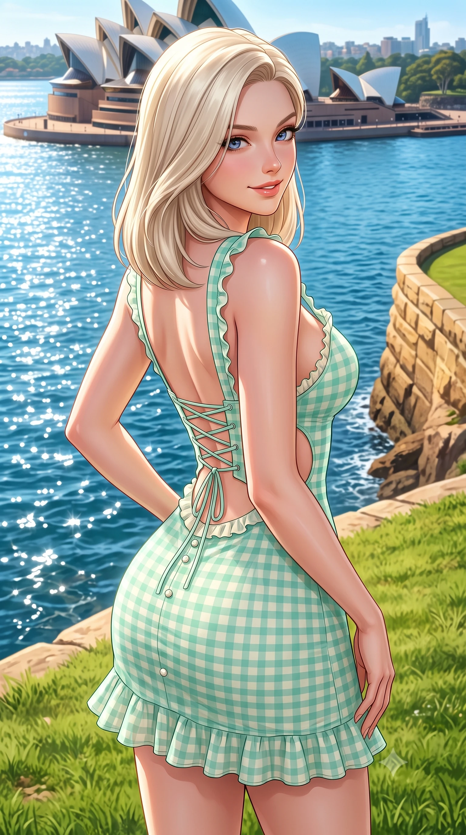 score_9, masterpiece, best quality, ultra-detailed, high-budget anime keyframe, semi-realistic 3D game render, editorial fashion photography, tasteful artistic composition, Caucasian woman. close-up cowboy shot from the waist and thighs up, the character dominates the composition, filling the frame with her large presence. posing in an alluring rear three-quarter angle, turning over a bare shoulder with an intoxicating cute smile, her hips cocked back to highlight her slim hourglass curve while standing on the sloping green lawn directly overlooking the sparkling blue harbour, arching her back with an infectious, sun-kissed smile. The surrounding environment is rendered in vivid detail and crisp panoramic clarity. sharp sandstone seawall textures, Opera House ceramic tile clarity, and harbour water ripple caustics in deep focus. She has an exceptionally elegant, slender, and willowy female figure with an ultra-slim waist, flat toned midriff, narrow ribcage, and sculpted feminine hips creating an alluring, slim hourglass silhouette without bulk. sharp v-shaped jawline, high-bridge nose, intricate jewel-like sparkling eyes with depth, thick eyelashes, glossy parted lips with a natural peach sheen, bright cheerful beaming smile with an enchanting and coquettish sensual glint, exuding both youthful cute charm and seductive allure, flawlessly proportioned anatomical accuracy, strict slender model proportions, natural body alignment, perfectly sculpted long slender limbs, ultra-slim waistline, clean dynamic posture without body distortion. wearing a backless lace-up gingham sundress with a form-fitting bodice and hip-defining silhouette in refreshing mint green and soft vanilla cream, woven from layered gossamer organza with weightless flutter, finished with subtle ruffle trims and delicate pearl buttons, the precision-cut side openings and low-back scoop framing her graceful spine and the sensual sweep of her slim, toned hips. illuminated by intense specular sea reflections sharply carving her razor-sharp jawline, narrow waist, and curvy hips. highly saturated vibrant anime colors, detailed shading with soft gradients, rich glossy textures, high-contrast stereoscopic depth, volumetric dynamic lighting, master piece, 9:16 ratio