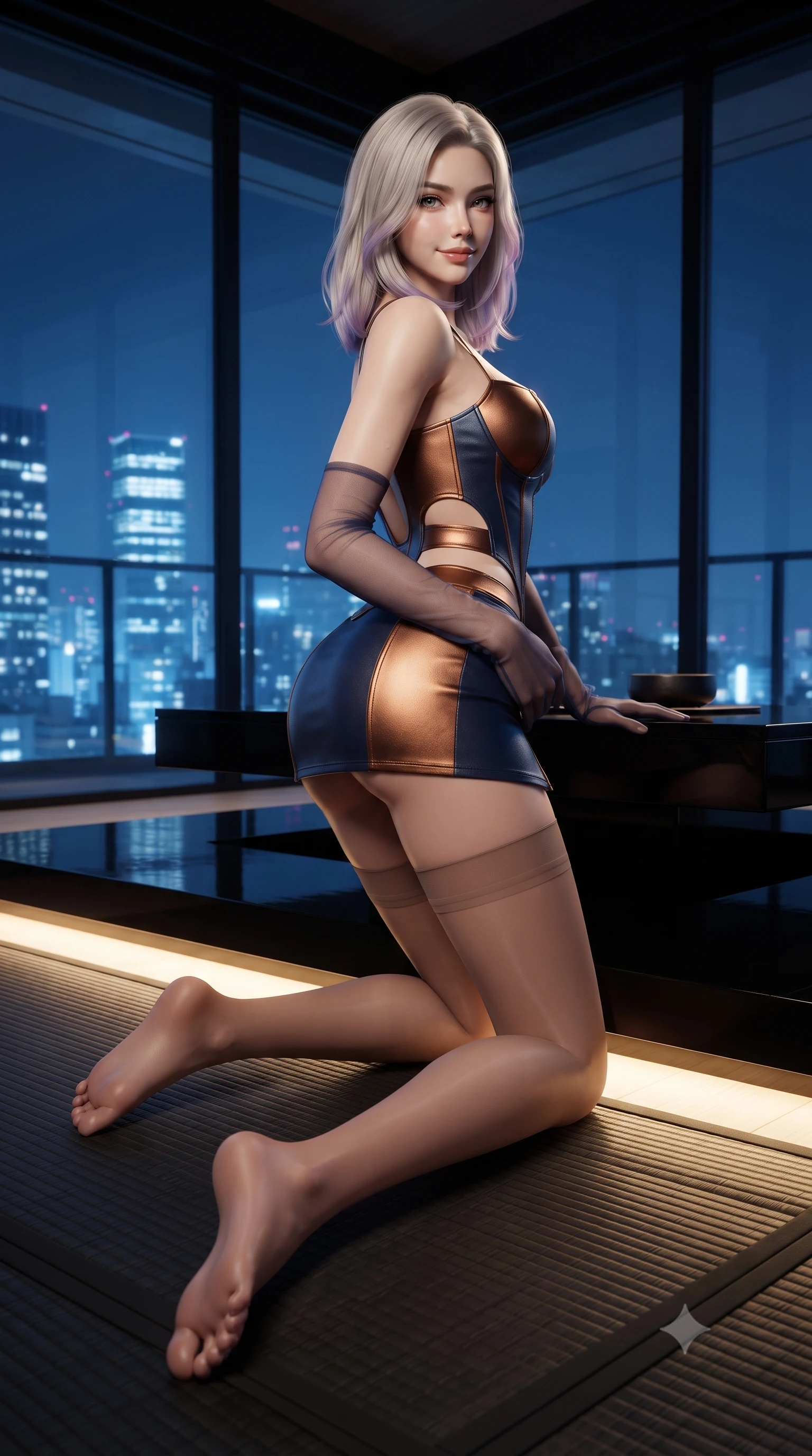 score_9, masterpiece, best quality, ultra-detailed, high-budget anime keyframe, editorial fashion photography, tasteful artistic composition, Caucasian woman. low angle full-body shot from head to toe showing her feet, filling the entire 9:16 vertical frame with her statuesque presence, stretching her vertical silhouette. stepping slowly toward the camera with hypnotic grace, hips swaying in an alluring sensual rhythm that accentuates her curvy hourglass silhouette and long slender legs while kneeling gracefully on the matte black washi tatami with hips angled back, arching her spine with seductive traditional-modern allure. The surrounding environment is rendered in vivid detail and crisp panoramic clarity: sharp textured weave of black washi tatami mats, high-gloss piano-black lacquer reflections, and glass facade joint clarity in deep focus. She has an absolutely perfect, statuesque 8.5-heads proportion, an exceptionally tall and slender model-like female figure with impossibly long slender legs, an ultra-slim waist, a flat toned midriff, narrow delicate ribcage, and beautifully sculpted feminine hips creating a graceful, slim hourglass silhouette without any bulky heaviness. sharp v-shaped jawline, high-bridge nose, sparkling eyes with hypnotic seductive depth, thick curled eyelashes, glossy parted lips with a natural dewy peach sheen, alluring bedroom-eyes with an enchanting coquettish smile, exuding magnetic siren charisma and sophisticated glamour, flawlessly proportioned anatomical accuracy, strict slender model proportions, natural body alignment, perfectly sculpted long slender limbs, ultra-slim waistline, clean dynamic posture without body distortion. wearing a structured boned leatherette corset bodice paired with an ultra-short micro-wrap mini skirt and sheer thigh-high stockings in molten liquid bronze and deep sapphire navy, made of semi-opaque stretch illusion mesh with soft shadowy contours, complemented by sheer opera-length evening gloves tracing her slender arms, the precision-cut side openings and low-back scoop framing her graceful spine and the sensual sweep of her slim, toned hips. bathed in dramatic low-level warm 3000K floor wash lights mixed with distant blue-and-white city skyline ambient fill. ultra-reflective glossy finish, specular highlights, rich textural contrasts, high-contrast stereoscopic depth, volumetric dynamic lighting, 2k, ultra detail, master piece, 9:16 ratio