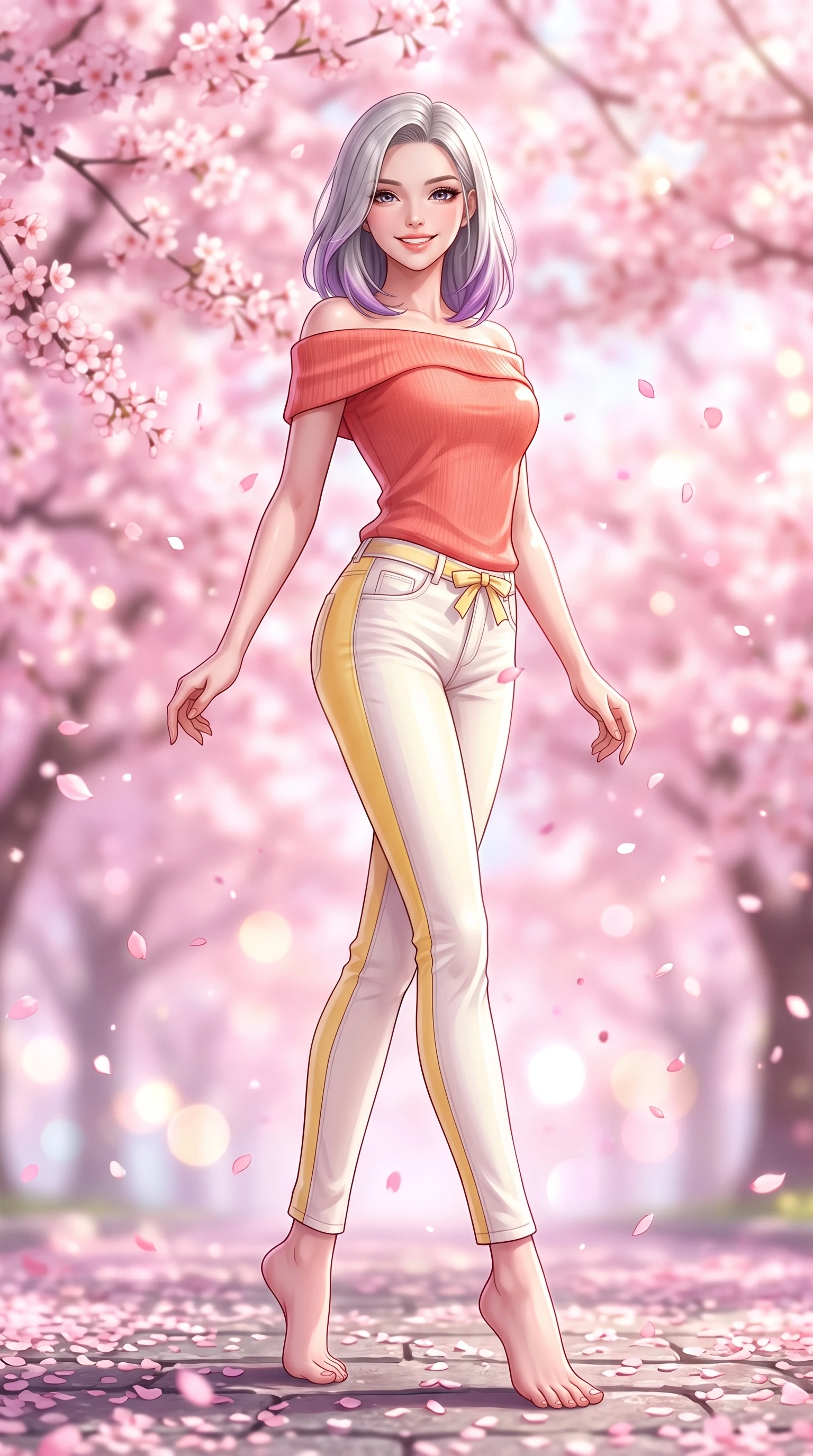 score_9, masterpiece, best quality, ultra-detailed, high-budget anime keyframe, editorial fashion photography, tasteful artistic composition, Caucasian woman. low angle full-body shot from head to toe showing her feet, filling the entire 9:16 vertical frame with her statuesque presence, stretching her vertical silhouette. pivoting dynamically with a fresh infectious smile, her ultra-slim waist creating a sweeping fluid curve while pivoting dynamically with a beaming smile as delicate pink cherry blossom petals shower around her. The composition keeps background elements in soft focus with dreamy bokeh. dense cherry blossom canopies blurring into a dreamy, glowing pink and white bokeh backdrop. She has an absolutely perfect, statuesque 8.5-heads proportion, an exceptionally tall and slender model-like female figure with impossibly long slender legs and an ultra-slim waist. sharp v-shaped jawline, high-bridge nose, intricate jewel-like eyes with depth, thick eyelashes, glossy lips with a natural sheen, flawlessly proportioned anatomical accuracy, natural body alignment, perfectly sculpted elegant limbs, clean dynamic posture without body distortion. wearing a stylish off-shoulder coral knit top with slim-fit white stretch denim pants in bright butter yellow and fresh cream white, crafted from soft breathable linen, accented with a dainty waist ribbon bow, the relaxed yet flattering fit accentuating her naturally graceful and slender figure. illuminated by soft glowing pink ambient light and clear sky refractions. highly saturated vibrant anime colors, detailed shading with soft gradients, rich glossy textures, high-contrast stereoscopic depth, volumetric dynamic lighting, master piece, 9:16 ratio