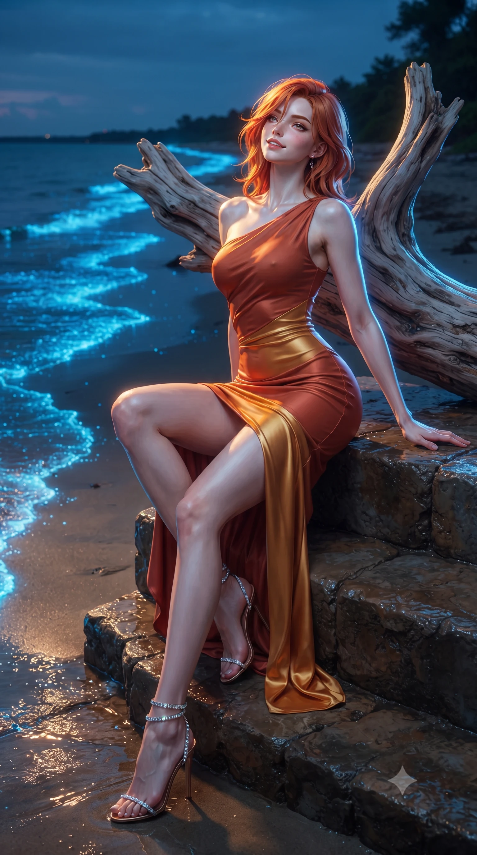 score_9, masterpiece, best quality, ultra-detailed, high-budget anime keyframe, editorial fashion photography, tasteful artistic composition, Korean woman. low angle full-body shot from head to toe showing her feet, filling the entire 9:16 vertical frame with her statuesque presence, stretching her vertical silhouette. sitting poised on the stone steps with one knee bent, arching her spine with supermodel elegance as she glances upward through thick eyelashes while leaning against the sculptural weathered driftwood log with hips cocked back, looking along the glowing blue shoreline with smoldering bedroom-eyes. The surrounding environment is rendered in vivid detail and crisp panoramic clarity: detailed garment cut, bodycon tailoring, and surreal bioluminescent nature in high resolution. She has an exceptionally tall and slender model-like 8.5-heads proportion, an ultra-slim waist, a flat toned midriff, narrow delicate ribcage, and beautifully sculpted feminine hips creating a graceful, slim hourglass silhouette without any bulky heaviness, with impossibly long slender legs. sharp v-shaped jawline, high-bridge nose, intricate jewel-like sparkling eyes with depth, thick eyelashes, glossy parted lips with a natural peach sheen, bright cheerful beaming smile with an enchanting and coquettish sensual glint, exuding both youthful cute charm and seductive allure, flawlessly proportioned anatomical accuracy, strict slender model proportions, natural body alignment, perfectly sculpted long slender limbs, ultra-slim waistline, clean dynamic posture without body distortion. wearing a liquid jersey asymmetrical one-shoulder gown with seamless sculpting hold adhering tightly to her silhouette in Florentine Renaissance Medici terracotta and warm gilded ochre, crafted from fluid liquid silk satin that clings smoothly to her narrow waist and rounded hips with a dewy sheen, complemented by strappy stiletto sandals with crystal ankle wraps accentuating her slender calves, the glove-like clinging cut tightly following the natural contour of her hips and long slender legs with youthful 8.5-heads elegance. illuminated by glowing wet sand reflection sheen and sharp neon-blue and gold dual rim lights defining her dewy collarbones, ultra-slim waist, and curvy hips. ultra-reflective glossy finish, specular highlights, rich textural contrasts, high-contrast stereoscopic depth, volumetric dynamic lighting, 2k, ultra detail, master piece, 9:16 ratio