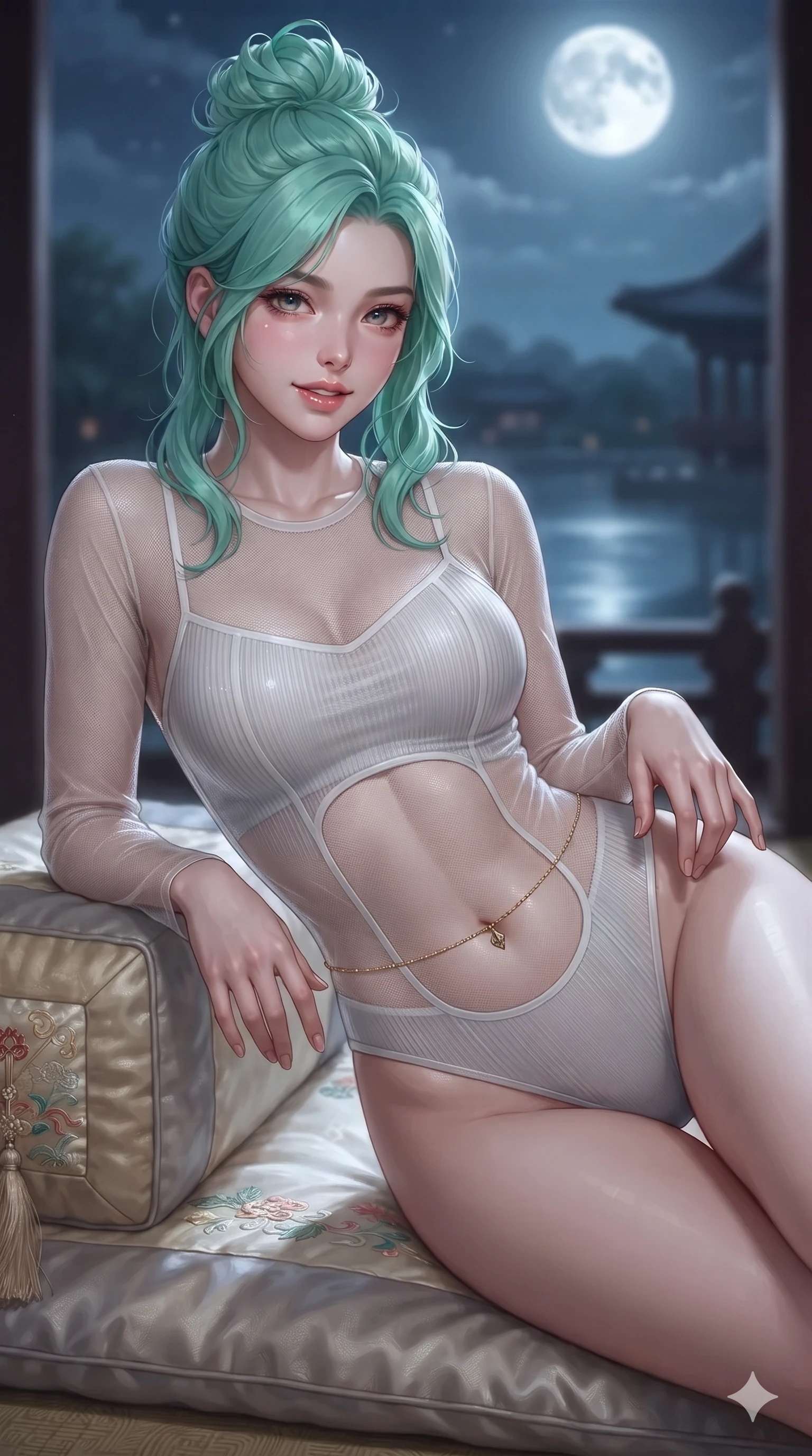score_9, masterpiece, best quality, ultra-detailed, high-budget anime keyframe, editorial fashion photography, tasteful artistic composition, Japanese woman. close-up cowboy shot from the waist and thighs up, the character dominates the composition, filling the frame with her large presence. tilting her head with a teasing half-smile, running one hand slowly down the side of her hip in a flirtatious S-curve as ambient light caresses her silhouette while lounging languidly on an antique silk floor cushion propped on one elbow, her flat midriff and long slender legs commanding the moonlit pavilion vista. The background shows a soft-focus moonlit pavilion atmosphere softened in romantic nocturnal lake shallow focus. She has an exceptionally elegant, slender, and willowy female figure with an ultra-slim waist, flat toned midriff, narrow ribcage, and sculpted feminine hips creating an alluring, slim hourglass silhouette without bulk. sharp v-shaped jawline, high-bridge nose, sparkling eyes with hypnotic seductive depth, thick curled eyelashes, glossy parted lips with a natural dewy peach sheen, alluring bedroom-eyes with an enchanting coquettish smile, exuding magnetic siren charisma and sophisticated glamour, flawlessly proportioned anatomical accuracy, strict slender model proportions, natural body alignment, perfectly sculpted long slender limbs, ultra-slim waistline, clean dynamic posture without body distortion. wearing a delicate semi-translucent wet-look mesh hanbok bodysuit clinging sheerly to her sculpted torso and hip curves in celestial pearl white and moonlight platinum, tailored from fine ribbed modal knit with gentle elastic contouring and soft hand-feel, finished with a dainty gold belly chain resting across her flat midriff and curving hips, the impeccably tailored cut draping gracefully along her slender figure with aristocratic eastern poise. bathed in pure silver moonlight cascading directly from the harvest full moon above. ultra-reflective glossy finish, specular highlights, rich textural contrasts, high-contrast stereoscopic depth, volumetric dynamic lighting, 2k, ultra detail, master piece, 9:16 ratio