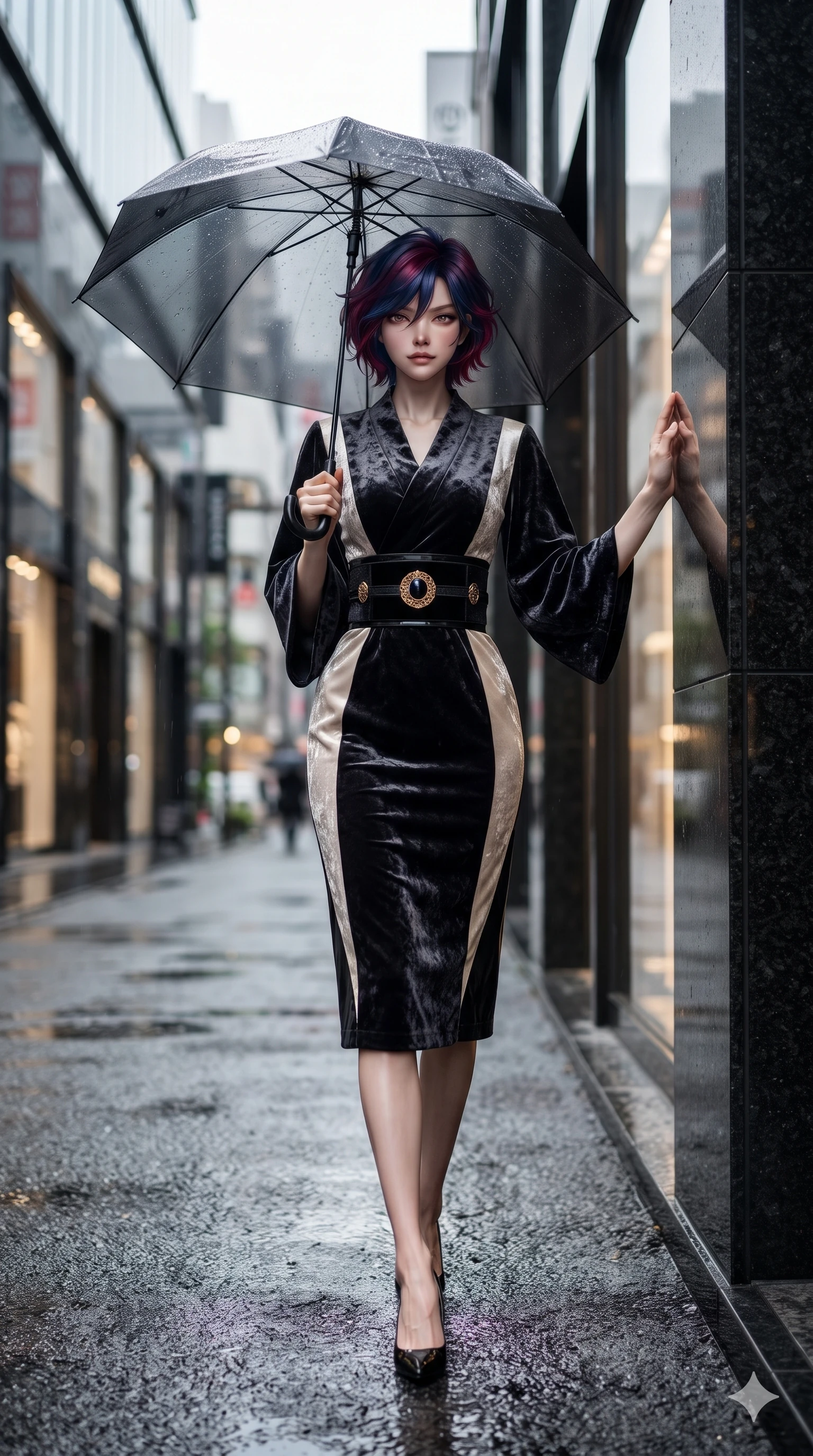 score_9, masterpiece, best quality, ultra-detailed, high-budget anime keyframe, editorial fashion photography, tasteful artistic composition, Korean woman. low angle full-body shot from head to toe showing her feet, filling the entire 9:16 vertical frame with her statuesque presence, stretching her vertical silhouette. walking dynamically down the glistening wet asphalt alley beneath a translucent black umbrella, hips swaying gracefully in a captivating supermodel rhythm while leaning gracefully against the black granite boutique portal, looking through thick eyelashes with intoxicating, heavy-lidded bedroom-eyes. The background shows a soft-focus exclusive Ginza shopping district softened in luxury storefront shallow focus. She has an exceptionally tall and slender model-like 8.5-heads proportion, an ultra-slim waist, a flat toned midriff, narrow delicate ribcage, and beautifully sculpted feminine hips creating a graceful, slim hourglass silhouette without any bulky heaviness, with impossibly long slender legs. sharp v-shaped jawline, high-bridge nose, intricate jewel-like dark sparkling eyes with dangerous depth, thick curled eyelashes, glossy parted lips with a rich wine sheen, smoldering seductive half-smile with bedroom-eyes, exuding effortless superiority and intoxicating dark allure, flawlessly proportioned anatomical accuracy, strict slender model proportions, natural body alignment, perfectly sculpted long slender limbs, ultra-slim waistline, clean dynamic posture without body distortion. wearing a tailored minimalist kimono-sleeve silk crepe midi dress with structured obi-inspired belt in celestial champagne ivory and high-gloss jet black, tailored from crushed dark velvet with deep light-absorbing plush texture, finished with an authentic engraved gold medallion and obsidian cabochons, the bespoke structured tailoring following the natural line of her 8.5-heads silhouette with refined elegance. bathed in pristine 4500K museum-grade gallery lighting washing through the expansive glass facade. ultra-reflective glossy finish, specular highlights, rich textural contrasts, high-contrast stereoscopic depth, volumetric dynamic lighting, 2k, ultra detail, master piece, 9:16 ratio