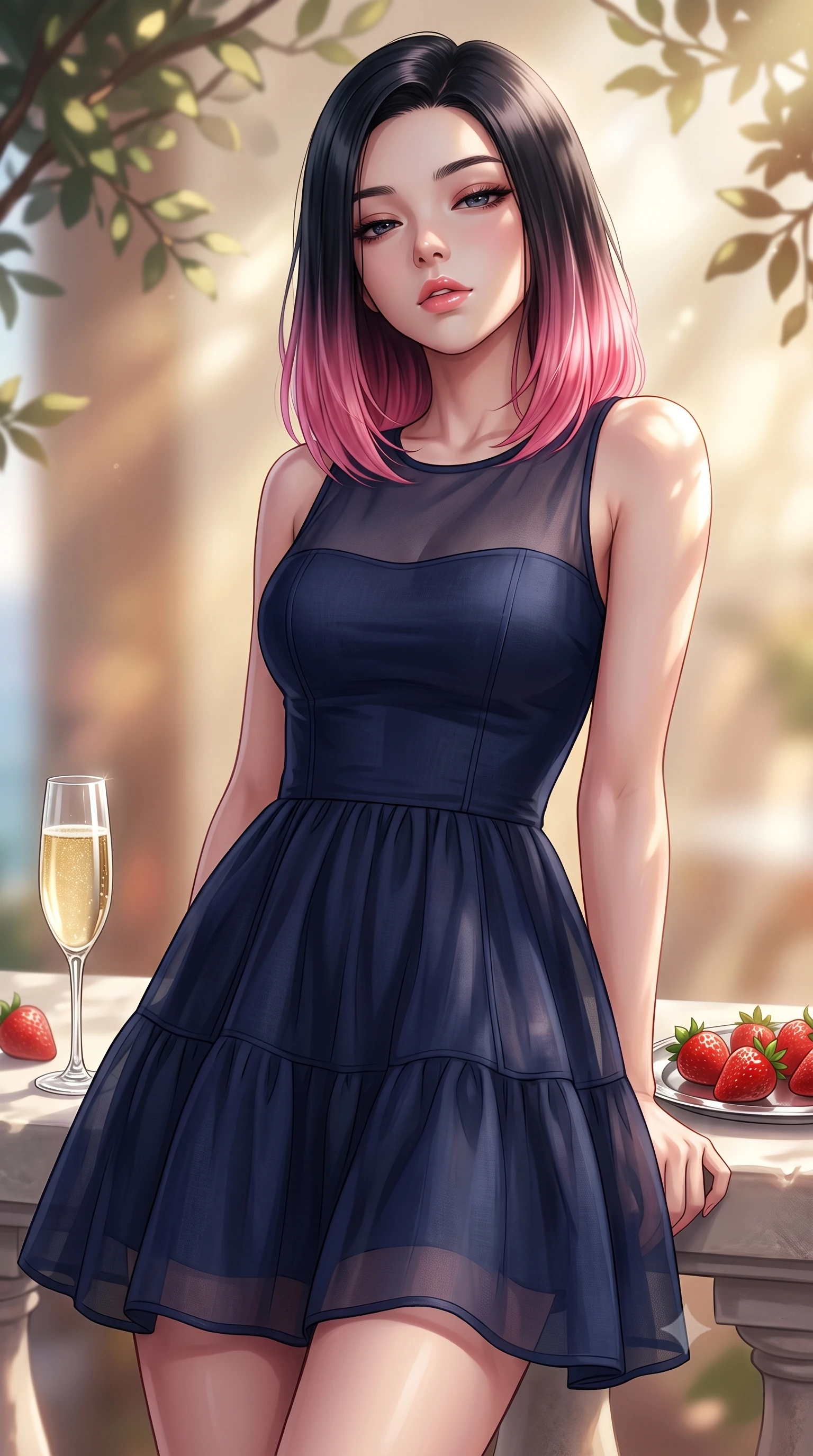 score_9, masterpiece, best quality, ultra-detailed, high-budget anime keyframe, editorial fashion photography, tasteful artistic composition, Korean woman. close-up cowboy shot from the waist and thighs up, the character dominates the composition, filling the frame with her large presence, background elements kept in soft focus. looking down at the viewer beneath lowered lashes with a quiet, smoldering confidence and parted lips set against a soft-focus background of inside an exclusive oceanfront balcony with a crystal glass of sparkling champagne and fresh strawberries on a silver tray. She has an exceptionally elegant, slender, and willowy female figure with an ultra-slim waist, a gracefully sculpted slender torso, and a refined silhouette. sharp v-shaped jawline, high-bridge nose, intricate jewel-like eyes with depth, thick eyelashes, glossy lips with a natural sheen. wearing form-contouring midnight navy sheer organza flowy linen sundress with a comfortable tiered skirt silhouette featuring refined tailored seams. highlighted by dappled sunlight filtering through leafy branches, creating soft organic patterns. highly saturated vibrant anime colors, detailed shading with soft gradients, rich glossy textures, high-contrast stereoscopic depth, volumetric dynamic lighting, master piece, 9:16 ratio