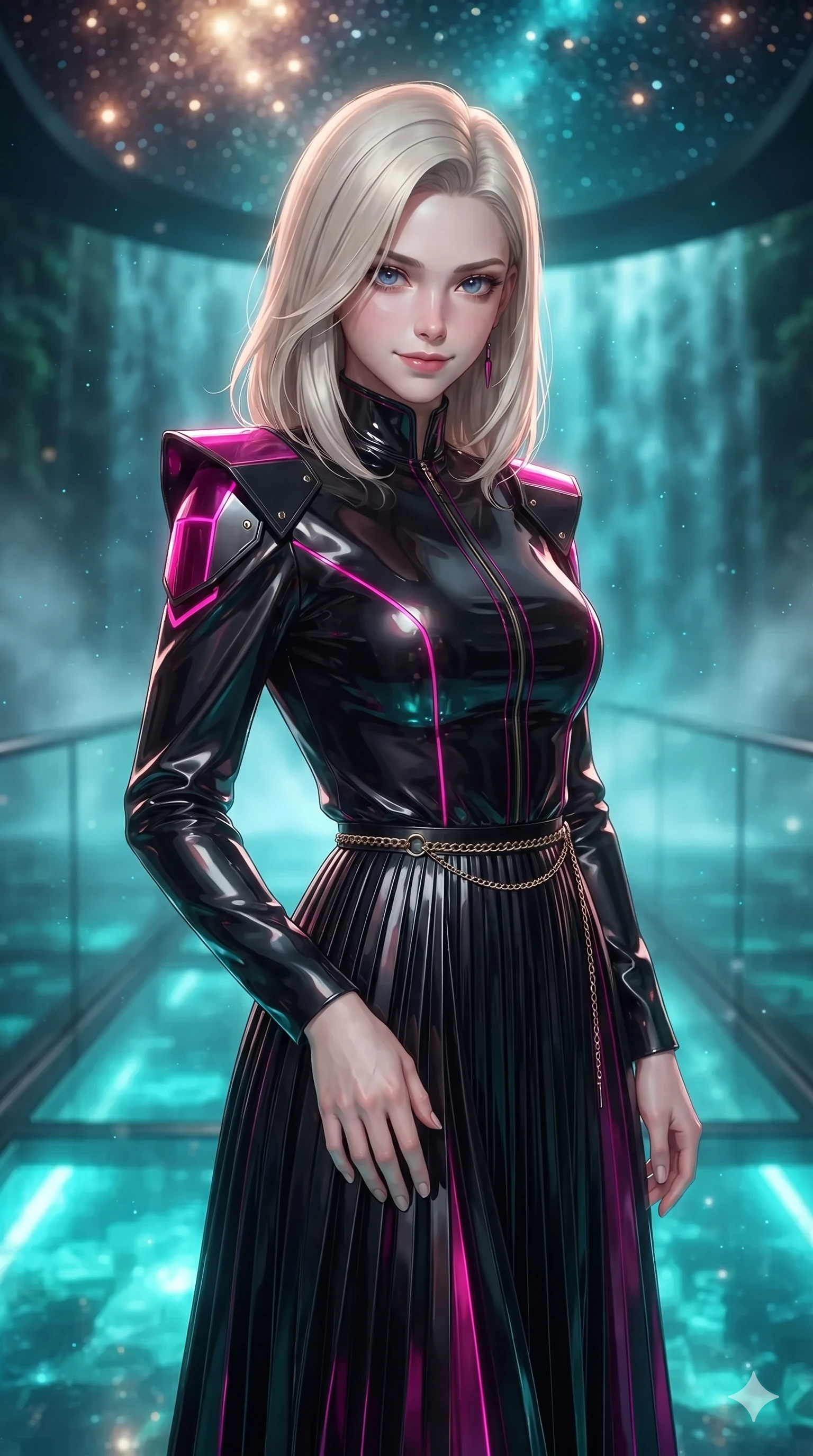 score_9, masterpiece, best quality, ultra-detailed, high-budget anime keyframe, editorial fashion photography, tasteful artistic composition, Caucasian woman. close-up cowboy shot from the waist and thighs up, the character dominates the composition, filling the frame with her large presence. tilting her head with a teasing half-smile, running one hand slowly down the side of her hip in a flirtatious S-curve as ambient light caresses her silhouette while standing poised at the center of the transparent span, arching her lower back with sovereign supermodel grace as mineral waterfall mist rises around her. The background shows a soft-focus fine waterfall spray haze softened in suspended glass promenade shallow focus. She has an exceptionally elegant, slender, and willowy female figure with an ultra-slim waist, flat toned midriff, narrow ribcage, and sculpted feminine hips creating an alluring, slim hourglass silhouette without bulk. sharp v-shaped jawline, high-bridge nose, intricate jewel-like sparkling eyes with depth, thick eyelashes, glossy parted lips with a natural sheen, intensely captivating and seductive bedroom-eyes expression, exuding both youthful cute charm and sovereign luxury allure, flawlessly proportioned anatomical accuracy, strict slender model proportions, natural body alignment, perfectly sculpted long slender limbs, ultra-slim waistline, clean dynamic posture without body distortion. wearing a refined long-sleeve high-collar silk georgette diplomatic gown with structured geometric shoulder plates and pleated skirt in black lacquer and vibrant magenta neon, woven from high-density tech-wool with subtle metallic thread weave, accented with a delicate gold chain belt resting loosely on her curvy hips, the bespoke structured tailoring following the natural line of her 8.5-heads silhouette with refined elegance. bathed in the vibrant underwater turquoise illumination filtering through the glass floor mixed with warm overhead starlight. ultra-reflective glossy finish, specular highlights, rich textural contrasts, high-contrast stereoscopic depth, volumetric dynamic lighting, 2k, ultra detail, master piece, 9:16 ratio